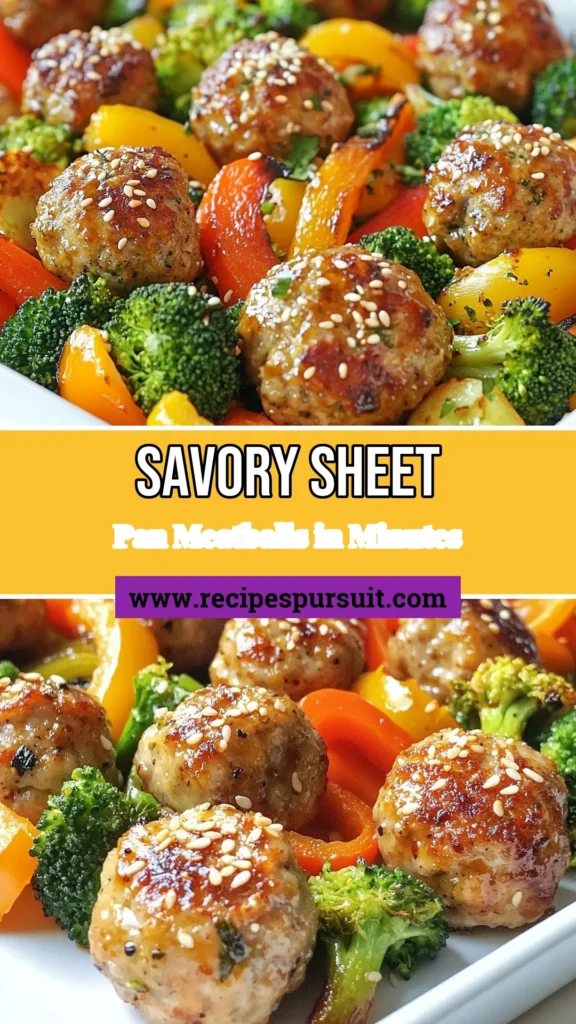 Looking for an easy meatball recipe? Try these flavorful sheet pan sesame ginger meatballs made with ground chicken. This baked meatball dinner is a breeze to prepare and served alongside colorful mixed vegetables, making it a perfect weeknight meal. Enjoy a tasty and healthy dish with minimal cleanup! Click to save this mouthwatering recipe and bring some zest to your dinner table! #SheetPanMeatballs #SesameGingerMeatballs #GroundChickenMeatballs #EasyMeatballRecipe