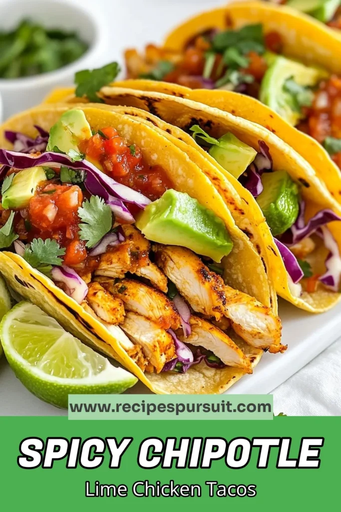 Indulge in the ultimate flavor explosion with these Chipotle Lime Chicken Tacos! This easy chicken tacos recipe features grilled chicken marinated in a spicy blend of chipotle and lime, perfect for your next spicy taco night. Top off your homemade tacos with fresh cabbage, cilantro, and avocado for a delightful meal that everyone will love. Ready to spice up your dinner? Save this recipe for delicious homemade taco toppings! #ChipotleLimeChickenTacos #EasyTacoRecipe #SpicyTacoNight #GrilledChickenTacos