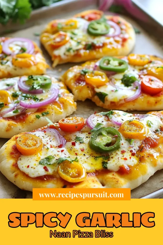 Craving a delicious twist on pizza? Try this spicy garlic naan pizza! This easy naan pizza recipe combines crispy garlic naan with marinara sauce, melted mozzarella, fresh veggies, and a kick of spice from jalapeños and red pepper flakes. Perfect for a quick pizza with naan, this homemade naan pizza is not only simple but also a fantastic vegetarian option. Save this recipe for your next meal! #SpicyGarlicNaanPizza #EasyNaanPizzaRecipe #VegetarianPizzaRecipes #QuickPizzaWithNaan