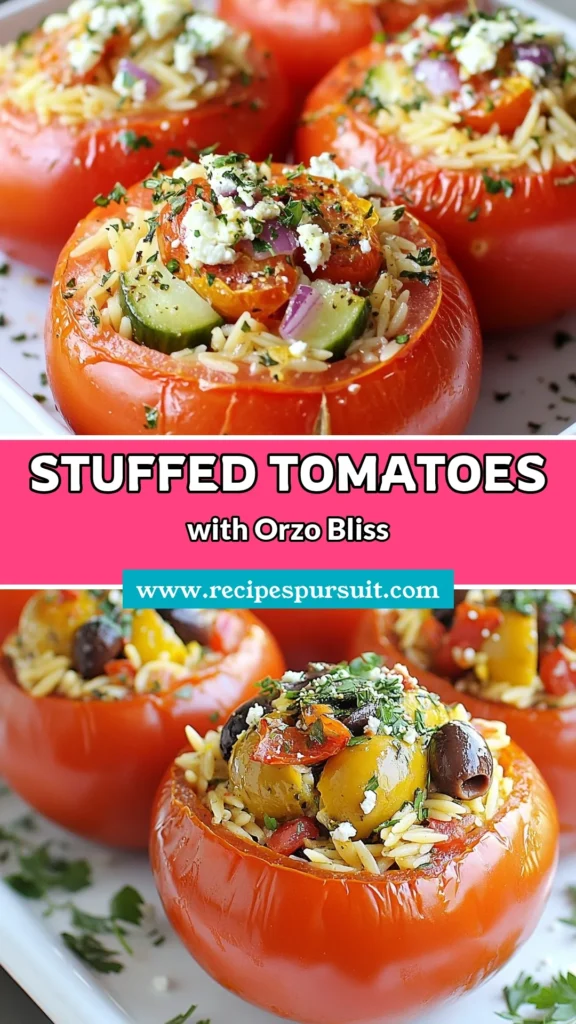Discover the delight of Mediterranean stuffed tomatoes with this easy-to-follow recipe! These orzo pasta recipes are packed with flavor from feta cheese, Kalamata olives, and fresh herbs, making them perfect for healthy tomato recipes or vegetarian Mediterranean recipes. Impress your family with this colorful dish that's as delicious as it is nutritious. Try it today and elevate your dinner game! Save this recipe for later! #MediterraneanRecipes #OrzoPasta #FetaCheese #HealthyEating