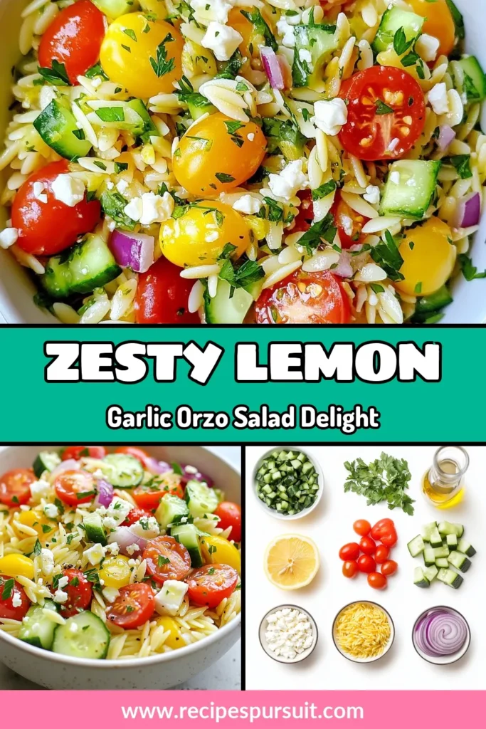 Discover the refreshing taste of Lemon Garlic Orzo Salad, a delightful Mediterranean Orzo Salad that's perfect for any meal. This easy orzo pasta recipe combines orzo with cherry tomatoes, cucumbers, and a zesty lemon-garlic dressing, making it a healthy orzo salad option. Ideal for meal prep or gathering, this versatile dish will impress your guests. Try it today and elevate your pasta salad game! Save this recipe for later! #OrzoPasta #HealthyEating #MediterraneanRecipes #PastaSalad