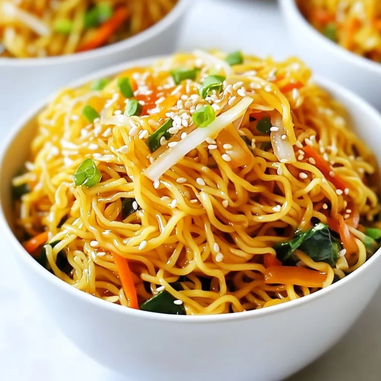 - 2 packs of instant ramen noodles - 3 tablespoons soy sauce - 2 tablespoons sesame oil - 4 cloves garlic, minced - 1 inch piece of ginger, grated - 1 tablespoon chili paste (adjust for heat preference) - 2 green onions, sliced, plus extra for garnish - 1 cup baby spinach - 1 small carrot, julienned - 1 tablespoon rice vinegar - 1 teaspoon sugar - Sesame seeds for garnish When measuring ingredients, use standard spoons and cups for accuracy. Pack the garlic cloves tightly when mincing for the best flavor. For ginger, use a microplane for finer results. If you want a stronger flavor, add a little more soy sauce or sesame oil. You can swap instant ramen noodles for fresh noodles. If you don’t have chili paste, try Sriracha or crushed red pepper. For a lighter touch, use olive oil instead of sesame oil. Missing baby spinach? Kale or bok choy works great. You can also change the carrot for bell peppers or zucchini for a different crunch. {{ingredient_image_1}} First, boil water in a large pot. Follow the instructions on the ramen package. Cook the noodles until they are al dente. This usually takes about 3 to 4 minutes. Once cooked, drain the noodles and set them aside. In a large skillet, heat sesame oil over medium heat. Once hot, add minced garlic and grated ginger. Sauté for 1 to 2 minutes until you smell the aroma. Be careful not to let them brown. Next, stir in the chili paste and soy sauce. Cook this mixture for another minute to combine the flavors well. Now, add the julienned carrot to the skillet. Sauté for 2 to 3 minutes until the carrot softens a bit. Then, toss in the baby spinach. Mix until it wilts, which should take about 1 minute. In a small bowl, whisk together rice vinegar and sugar until the sugar dissolves. Pour this into the skillet and mix it all together. Now it's time to bring everything together. Toss the cooked ramen noodles into the skillet. Make sure to coat them well with the spicy garlic sauce. Cook everything together for another 1 to 2 minutes until it's all heated through. Serve the ramen hot. Garnish with sliced green onions and a sprinkle of sesame seeds for a nice touch. Enjoy your flavorful and quick meal! You can change how spicy your ramen is. Start with one tablespoon of chili paste. Taste it after mixing. If you want more heat, add more chili paste. You can also use sriracha or red pepper flakes for different flavors. Garlic gives your ramen a strong taste. Use fresh garlic for the best flavor. Mince the cloves well, so they mix easily. You can add more garlic if you love it. It will not only add taste but also health benefits. Make your dish look great! Serve the ramen in deep bowls. Top with extra green onions for color. A drizzle of sesame oil around the edge adds flair. Sprinkle sesame seeds for that finish. A good look makes your meal more fun to eat! Pro Tips Adjust the Heat: If you love spice, feel free to add more chili paste or even some sliced fresh chili peppers for an extra kick. Fresh Ingredients Matter: Using fresh garlic and ginger will enhance the flavor significantly compared to powdered versions. Add Protein: For a heartier meal, consider adding cooked chicken, tofu, or shrimp to the dish along with the noodles. Customize Your Veggies: Feel free to mix in other vegetables like bell peppers, mushrooms, or snap peas for added nutrition and texture. {{image_2}} For a vegetarian twist, skip the meat and focus on veggies. You can use mushrooms, bell peppers, or zucchini to add depth. For a vegan option, ensure your soy sauce is plant-based. Swap out any animal-based ingredients, like honey, for maple syrup or agave. Want more protein? Try adding tofu or tempeh. Both soak up flavors well and give a nice texture. If you prefer meat, thinly sliced chicken, pork, or shrimp work great. Just cook them first before adding to the noodles. Feel free to get creative with vegetables. Broccoli, snap peas, or bok choy can all enhance your ramen. Just remember to adjust cooking times. Softer veggies need less time, while denser ones, like carrots, need longer. This adds color and crunch to your dish. To keep your spicy garlic ramen noodles fresh, store them in an airtight container. Let the noodles cool down before putting them in the fridge. This helps avoid sogginess. You can keep them for 2-3 days. Reheat your ramen noodles in a skillet or microwave. If using a skillet, add a splash of water to prevent sticking. Heat over low to medium heat until hot. In the microwave, cover the bowl loosely and heat for 1-2 minutes. Stir halfway for even heating. Freezing ramen noodles is not ideal, but you can freeze the sauce and veggies. Place them in a freezer-safe bag or container. Use within 1-2 months for best flavor. When ready to use, thaw in the fridge overnight and heat on the stove. Add fresh noodles for the best taste. You can add many tasty items to your spicy garlic ramen noodles. Here are some ideas: - Soft-boiled eggs for extra protein - Cooked chicken or shrimp for heartiness - Tofu for a plant-based option - Mushrooms for a savory touch - Broccoli or bell peppers for crunch These add-ons make the dish more filling and fun. Yes, you can use fresh ramen! Fresh noodles cook quickly and add great texture. Just reduce the cooking time to 2-3 minutes. Follow the same steps for making the sauce. Toss in the fresh noodles, and you’ll have a delightful meal. To make the ramen less spicy, you can adjust the chili paste. Here’s what to do: - Use less chili paste than the recipe calls for. Start with half a tablespoon. - Add more soy sauce to balance the heat. - Mix in some coconut milk for creaminess. These tips will help you enjoy the flavor without too much heat. Pair your spicy garlic ramen noodles with these side dishes: - Edamame for a light and healthy snack - Seaweed salad for a refreshing crunch - Gyoza or dumplings for a savory bite - A simple cucumber salad for freshness These sides will complement your ramen and make a great meal. This post gave you all you need for spicy garlic ramen. We covered key ingredients and tips for perfecting your dish. You learned about noodle prep, cooking sauce, and combining all the flavors. We included variations for every diet, plus storing and reheating tips. Remember, cooking is fun! Don’t be afraid to try new ingredients or adjust flavors to fit your taste. Enjoy your spicy garlic ramen and share it with friends!