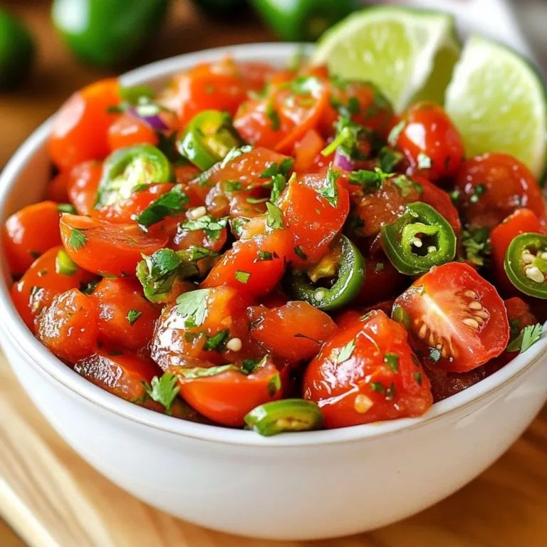 - 6 ripe Roma tomatoes - 1 medium red onion - 3 cloves garlic - 2 jalapeños - 1 tablespoon olive oil - 1 teaspoon smoked paprika - Salt to taste - Fresh cilantro for garnish - Lime wedges for serving - Baking sheet - Food processor - Measuring spoons - Knife and cutting board Let’s get into the fun part—gathering all the ingredients! For this smoky roasted tomato salsa, you need fresh items. I love using Roma tomatoes since they have great flavor. You'll need six ripe ones, cut in half. This helps them roast perfectly. Next, grab one medium red onion and quarter it. The sweet taste of red onion adds depth. You’ll also need three cloves of unpeeled garlic. Roasting garlic brings out its natural sweetness. For some heat, use two jalapeños. Halve them and remove the seeds for less spice. If you prefer more heat, keep the seeds! You’ll also need olive oil, smoked paprika, and salt to enhance all the flavors. Don’t forget fresh cilantro for garnish. It gives a nice pop of color and flavor. Lastly, lime wedges will brighten the dish when you serve it. Now, let’s talk about the tools. You need a baking sheet to roast the veggies. A food processor will blend everything smoothly. Use measuring spoons for precise amounts. And, of course, a knife and cutting board to chop the veggies. With all your ingredients and tools ready, you’re set to create this bold and flavorful dip! {{ingredient_image_1}} - Preheat the oven to 400°F (200°C). - Halve the Roma tomatoes. - Quarter the red onion. - Leave the garlic unpeeled. - Halve the jalapeños and remove the seeds. - On a baking sheet, arrange the halved tomatoes, quartered onion, unpeeled garlic, and jalapeños. - Drizzle with olive oil. - Sprinkle with smoked paprika and salt. - Toss gently to coat all the veggies evenly. - Roast in the oven for 25-30 minutes. - Look for blistered tomatoes and tender onions. - Remove the baking sheet from the oven and let it cool for a few minutes. - Peel the garlic cloves. - In a food processor, combine the roasted tomatoes, onion, garlic, and jalapeños. - Pulse until you reach your desired consistency. - Taste the salsa and adjust seasoning to your liking. - Transfer to a bowl and garnish with fresh cilantro. - Serve with lime wedges on the side. The key to great flavor lies in roasting time. You want to roast your tomatoes for about 25-30 minutes. This time allows the flavors to deepen and the tomatoes to blister. To tell when your tomatoes are done, look for slight charring on the skin. They should feel soft and juicy. Adjusting spice levels can change the salsa to match your taste. If you want more heat, leave the seeds in the jalapeños. For a milder salsa, remove all seeds. You can also add herbs like oregano or spices such as cumin for an extra kick. A squeeze of lime juice brightens the flavors too. This smoky roasted tomato salsa pairs well with tortilla chips. Try serving it with grilled meats or as a topping for tacos. For a fun twist, use it as a base on a flatbread. You can also serve it in a colorful bowl, garnished with fresh cilantro and lime wedges. Pro Tips Choose Ripe Tomatoes: Ensure your Roma tomatoes are fully ripe for the best flavor. They should be deep red and slightly soft to the touch. Adjust Heat Level: If you prefer a milder salsa, remove all the seeds from the jalapeños. For extra heat, keep some seeds or add more jalapeños. Perfect Roasting: Keep an eye on the vegetables while roasting to avoid burning. The goal is to achieve a nice char without overcooking. Storage Tips: Store leftover salsa in an airtight container in the fridge for up to a week. It also freezes well for longer storage. {{image_2}} You can make this salsa mild or hot. For a mild version, keep the seeds in the jalapeños. For more heat, you can choose spicier peppers like serrano or habanero. These peppers add a kick while still keeping the smoky flavor. You can switch up the tomatoes for different types. Use heirloom or cherry tomatoes if you want a sweeter taste. If you need a vegan or low-sodium option, skip the salt and use fresh herbs instead. This keeps your salsa fresh and flavorful. Adding fruits can elevate your salsa. Try mixing in diced mango or pineapple for a sweet twist. If you want a heartier option, consider adding black beans or corn. These additions make the salsa filling and fun to eat. To keep your smoky roasted tomato salsa fresh, place it in an airtight container. Glass jars or plastic containers work well. Make sure the salsa cools to room temperature first. Then, seal it tightly to avoid air exposure. This helps keep the flavors intact and prevents spoilage. Always label the container with the date. It will remind you when to use it next. If you want to store the salsa for a long time, freezing is a good option. First, let the salsa cool completely. Next, pour it into freezer-safe bags or containers. Leave some space at the top, as liquids expand when frozen. Seal the bags tightly and label them with the date. To thaw, place the salsa in the fridge overnight. You can also warm it up gently on the stove. In the fridge, your salsa lasts about 3 to 5 days. If it looks watery or has a sour smell, it’s time to toss it. Mold is another clear sign that the salsa has gone bad. Always trust your senses. If it tastes off, don’t eat it. Enjoy your fresh salsa while it’s still at its best! You can enjoy smoky roasted tomato salsa with many tasty options. It pairs well with tortilla chips for a crunchy snack. Use it as a topping for grilled meats or fish to enhance their flavor. You can also add it to tacos, burritos, or quesadillas. The fresh taste brightens up any dish. Consider serving it with fresh veggies like cucumber or bell peppers for a healthy dip. Homemade salsa stays fresh in the fridge for about 5 to 7 days. Store it in an airtight container to keep it safe from air and germs. Always check for any off smells or changes in color before eating. If you see any signs of spoilage, throw it away to stay safe. Yes, you can use fresh tomatoes, but roasting adds a rich flavor. Roasting brings out the sweetness and gives a smoky taste. If you use fresh tomatoes, consider adding a bit of smoked paprika for that depth of flavor. You may also need to cook it longer to blend the flavors well. The spice level depends on the jalapeños. If you remove the seeds, it will be milder. If you keep the seeds, it will have more heat. You can also add more or fewer jalapeños based on your taste. If you want it really spicy, try using a hotter pepper, like serrano. To make a larger batch, simply double or triple the ingredients. Make sure to use a bigger baking sheet to roast everything evenly. You may need to roast in batches if your oven is small. Adjust the blending time to ensure all ingredients mix well. Taste and adjust seasoning as needed for larger portions. This blog post has covered how to make smoky roasted tomato salsa. We explored the main ingredients, helpful tools, and clear steps for preparation and roasting. Tips for enhancing flavor and serving ideas added extra value. Don’t forget about variations and storage info for leftovers. Making this salsa is simple and fun. I hope you feel inspired to try it. Enjoy creating a delicious dip that will impress your family and friends!