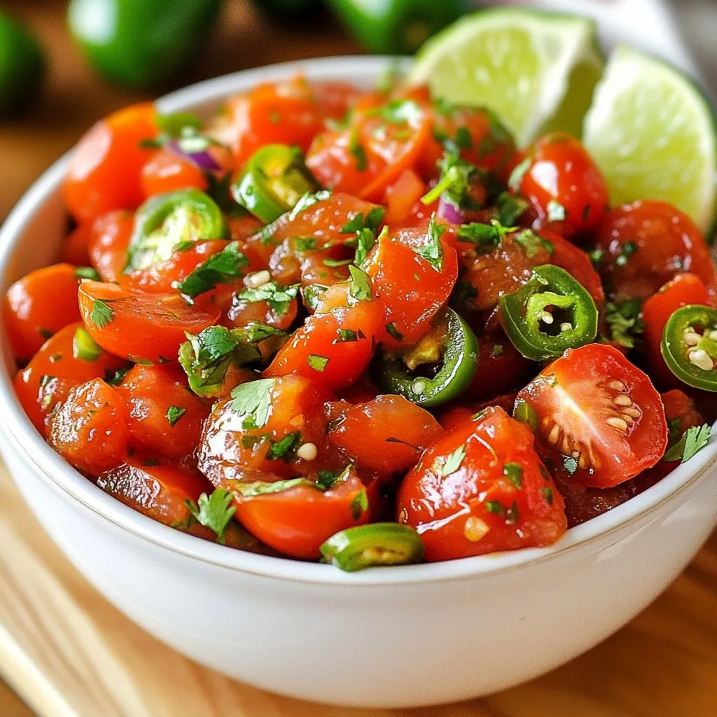 - 6 ripe Roma tomatoes - 1 medium red onion - 3 cloves garlic - 2 jalapeños - 1 tablespoon olive oil - 1 teaspoon smoked paprika - Salt to taste - Fresh cilantro for garnish - Lime wedges for serving - Baking sheet - Food processor - Measuring spoons - Knife and cutting board Let’s get into the fun part—gathering all the ingredients! For this smoky roasted tomato salsa, you need fresh items. I love using Roma tomatoes since they have great flavor. You'll need six ripe ones, cut in half. This helps them roast perfectly. Next, grab one medium red onion and quarter it. The sweet taste of red onion adds depth. You’ll also need three cloves of unpeeled garlic. Roasting garlic brings out its natural sweetness. For some heat, use two jalapeños. Halve them and remove the seeds for less spice. If you prefer more heat, keep the seeds! You’ll also need olive oil, smoked paprika, and salt to enhance all the flavors. Don’t forget fresh cilantro for garnish. It gives a nice pop of color and flavor. Lastly, lime wedges will brighten the dish when you serve it. Now, let’s talk about the tools. You need a baking sheet to roast the veggies. A food processor will blend everything smoothly. Use measuring spoons for precise amounts. And, of course, a knife and cutting board to chop the veggies. With all your ingredients and tools ready, you’re set to create this bold and flavorful dip! {{ingredient_image_1}} - Preheat the oven to 400°F (200°C). - Halve the Roma tomatoes. - Quarter the red onion. - Leave the garlic unpeeled. - Halve the jalapeños and remove the seeds. - On a baking sheet, arrange the halved tomatoes, quartered onion, unpeeled garlic, and jalapeños. - Drizzle with olive oil. - Sprinkle with smoked paprika and salt. - Toss gently to coat all the veggies evenly. - Roast in the oven for 25-30 minutes. - Look for blistered tomatoes and tender onions. - Remove the baking sheet from the oven and let it cool for a few minutes. - Peel the garlic cloves. - In a food processor, combine the roasted tomatoes, onion, garlic, and jalapeños. - Pulse until you reach your desired consistency. - Taste the salsa and adjust seasoning to your liking. - Transfer to a bowl and garnish with fresh cilantro. - Serve with lime wedges on the side. The key to great flavor lies in roasting time. You want to roast your tomatoes for about 25-30 minutes. This time allows the flavors to deepen and the tomatoes to blister. To tell when your tomatoes are done, look for slight charring on the skin. They should feel soft and juicy. Adjusting spice levels can change the salsa to match your taste. If you want more heat, leave the seeds in the jalapeños. For a milder salsa, remove all seeds. You can also add herbs like oregano or spices such as cumin for an extra kick. A squeeze of lime juice brightens the flavors too. This smoky roasted tomato salsa pairs well with tortilla chips. Try serving it with grilled meats or as a topping for tacos. For a fun twist, use it as a base on a flatbread. You can also serve it in a colorful bowl, garnished with fresh cilantro and lime wedges. Pro Tips Choose Ripe Tomatoes: Ensure your Roma tomatoes are fully ripe for the best flavor. They should be deep red and slightly soft to the touch. Adjust Heat Level: If you prefer a milder salsa, remove all the seeds from the jalapeños. For extra heat, keep some seeds or add more jalapeños. Perfect Roasting: Keep an eye on the vegetables while roasting to avoid burning. The goal is to achieve a nice char without overcooking. Storage Tips: Store leftover salsa in an airtight container in the fridge for up to a week. It also freezes well for longer storage. {{image_2}} You can make this salsa mild or hot. For a mild version, keep the seeds in the jalapeños. For more heat, you can choose spicier peppers like serrano or habanero. These peppers add a kick while still keeping the smoky flavor. You can switch up the tomatoes for different types. Use heirloom or cherry tomatoes if you want a sweeter taste. If you need a vegan or low-sodium option, skip the salt and use fresh herbs instead. This keeps your salsa fresh and flavorful. Adding fruits can elevate your salsa. Try mixing in diced mango or pineapple for a sweet twist. If you want a heartier option, consider adding black beans or corn. These additions make the salsa filling and fun to eat. To keep your smoky roasted tomato salsa fresh, place it in an airtight container. Glass jars or plastic containers work well. Make sure the salsa cools to room temperature first. Then, seal it tightly to avoid air exposure. This helps keep the flavors intact and prevents spoilage. Always label the container with the date. It will remind you when to use it next. If you want to store the salsa for a long time, freezing is a good option. First, let the salsa cool completely. Next, pour it into freezer-safe bags or containers. Leave some space at the top, as liquids expand when frozen. Seal the bags tightly and label them with the date. To thaw, place the salsa in the fridge overnight. You can also warm it up gently on the stove. In the fridge, your salsa lasts about 3 to 5 days. If it looks watery or has a sour smell, it’s time to toss it. Mold is another clear sign that the salsa has gone bad. Always trust your senses. If it tastes off, don’t eat it. Enjoy your fresh salsa while it’s still at its best! You can enjoy smoky roasted tomato salsa with many tasty options. It pairs well with tortilla chips for a crunchy snack. Use it as a topping for grilled meats or fish to enhance their flavor. You can also add it to tacos, burritos, or quesadillas. The fresh taste brightens up any dish. Consider serving it with fresh veggies like cucumber or bell peppers for a healthy dip. Homemade salsa stays fresh in the fridge for about 5 to 7 days. Store it in an airtight container to keep it safe from air and germs. Always check for any off smells or changes in color before eating. If you see any signs of spoilage, throw it away to stay safe. Yes, you can use fresh tomatoes, but roasting adds a rich flavor. Roasting brings out the sweetness and gives a smoky taste. If you use fresh tomatoes, consider adding a bit of smoked paprika for that depth of flavor. You may also need to cook it longer to blend the flavors well. The spice level depends on the jalapeños. If you remove the seeds, it will be milder. If you keep the seeds, it will have more heat. You can also add more or fewer jalapeños based on your taste. If you want it really spicy, try using a hotter pepper, like serrano. To make a larger batch, simply double or triple the ingredients. Make sure to use a bigger baking sheet to roast everything evenly. You may need to roast in batches if your oven is small. Adjust the blending time to ensure all ingredients mix well. Taste and adjust seasoning as needed for larger portions. This blog post has covered how to make smoky roasted tomato salsa. We explored the main ingredients, helpful tools, and clear steps for preparation and roasting. Tips for enhancing flavor and serving ideas added extra value. Don’t forget about variations and storage info for leftovers. Making this salsa is simple and fun. I hope you feel inspired to try it. Enjoy creating a delicious dip that will impress your family and friends!