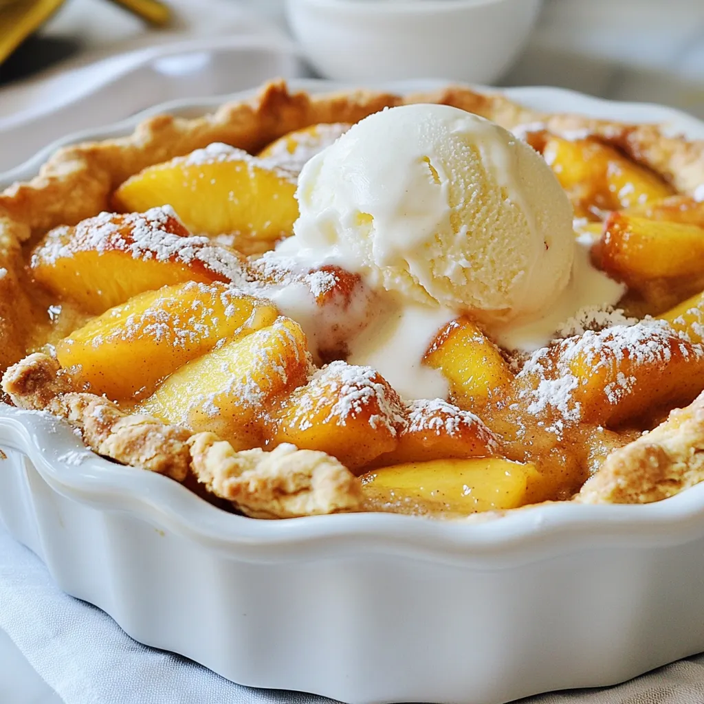 For this recipe, you need 6 ripe, fresh peaches. Choose peaches that are soft but not mushy. Peeling and slicing them brings out their sweet flavor. The juicy slices will create a lovely filling for your cobbler. Here’s a complete list of what you need: - 6 ripe fresh peaches, peeled and sliced - 1 cup granulated sugar, divided - 1 teaspoon vanilla extract - 2 tablespoons lemon juice - 1 teaspoon ground cinnamon - 1 cup all-purpose flour - 1 teaspoon baking powder - 1/2 teaspoon salt - 1 cup milk - 1/2 cup unsalted butter, melted - 1 tablespoon brown sugar (for topping) Each ingredient plays an important role in making your cobbler delicious. The peaches give sweetness, while sugar enhances their flavor. Vanilla and lemon juice add depth. The dry ingredients create the perfect batter. To elevate your peach cobbler, consider these toppings: - Whipped cream - Vanilla ice cream Serving your cobbler warm with a scoop of ice cream makes it a delightful treat. The cool cream contrasts with the warm cobbler, creating the perfect balance. Enjoy this dessert with family and friends! {{ingredient_image_1}} Start by peeling and slicing six ripe peaches. Use a sharp knife for clean cuts. In a large bowl, mix the sliced peaches with half a cup of granulated sugar, one teaspoon of vanilla extract, two tablespoons of lemon juice, and one teaspoon of ground cinnamon. Toss gently to coat the peaches. This step lets the peaches release their sweet juices. Let the mixture sit for about 10 to 15 minutes. The peaches will soak up the flavors and become even sweeter. In another bowl, whisk together one cup of all-purpose flour, one teaspoon of baking powder, half a teaspoon of salt, and the remaining half cup of granulated sugar. In a separate bowl, mix one cup of milk with half a cup of melted unsalted butter. Gradually add the milk mixture to the dry ingredients, stirring gently. The batter will be a bit lumpy, which is fine. Do not overmix; this keeps the cobbler light and fluffy. Pour the batter into a greased 9x13-inch baking dish. Spread it evenly across the bottom. Next, carefully spoon the peach mixture over the batter. Spread the peaches evenly but do not stir. This layer will sink into the batter while baking. Finally, sprinkle one tablespoon of brown sugar over the top. Bake in a preheated oven at 350°F for 40 to 45 minutes. Check if it’s done by inserting a toothpick; it should come out clean or with a few crumbs. Once golden brown, remove it from the oven and let it cool slightly before serving. Enjoy your delightful peach cobbler warm with whipped cream or a scoop of vanilla ice cream! To make great peach cobbler, choose ripe peaches. Look for peaches that are soft but not mushy. They should smell sweet and fragrant. Local farmers' markets often have the best peaches. When you pick them, feel for a little give. Avoid any peaches with bruises or dark spots. The crust makes a big difference. Use cold butter for a flaky texture. Mix the dry and wet ingredients gently. If you overmix, the crust can become tough. A lumpy batter is okay. This gives the crust its nice texture. Bake until golden brown for the best results. One common mistake is stirring the peach mixture into the batter. This ruins the layers. Always spoon the peaches on top without stirring. Another mistake is not checking for doneness. Use a toothpick to test the center. If it comes out clean, your cobbler is ready. Lastly, don’t skip the brown sugar topping. It adds a nice sweet finish! Pro Tips Choose Ripe Peaches: Select peaches that are slightly soft to the touch and fragrant. This ensures a sweeter, juicier cobbler. Adjust Sugar to Taste: Depending on the sweetness of your peaches, you may want to adjust the sugar level. Taste the peach mixture before baking! Let the Cobbler Rest: Allow the cobbler to cool for about 10-15 minutes after baking. This helps it set and makes serving easier. Experiment with Spices: Feel free to add nutmeg or cardamom for an extra layer of flavor in your cobbler! {{image_2}} You can enhance your peach cobbler with spices. Cinnamon is a classic choice. It brings warmth and depth to the flavor. You might also try nutmeg. It adds a sweet and nutty note. For a kick, consider a pinch of cayenne pepper. It gives the cobbler a surprising twist. You can also mix in some cardamom. It pairs well with peaches and elevates the dish. Peaches are great, but other fruits work well too. You can use ripe plums for a tart flavor. Cherries add a sweet and juicy bite. If you want something tropical, try mangoes. They bring a unique sweetness. Mixed berries also make a colorful and tasty cobbler. Feel free to combine different fruits for a fun twist. For a gluten-free cobbler, swap all-purpose flour with a gluten-free mix. Look for blends that include almond flour or coconut flour. They add texture and flavor. You can also use oat flour, which gives a nice taste. Just remember to check for gluten-free baking powder. This way, everyone can enjoy a slice without worry. To store any leftover peach cobbler, first let it cool down. Once it’s cool, cover it with plastic wrap or foil. You can also use an airtight container. Store it in the fridge for up to three days. This keeps the cobbler fresh and tasty. If you want to keep it longer, freezing is a great option. When you're ready to eat your leftover peach cobbler, preheat your oven to 350°F (175°C). Place the cobbler in an oven-safe dish. Cover it with foil to prevent it from drying out. Heat it for about 15-20 minutes. Check it to make sure it's warm all the way through. You can also heat it in the microwave for about 1-2 minutes, but the oven keeps it crispier. To freeze peach cobbler, follow these steps. First, let it cool completely. Then, cut it into portions. Wrap each piece tightly in plastic wrap. Place the wrapped pieces in a freezer-safe bag or container. Label the bag with the date. You can freeze it for up to three months. When you want to enjoy it again, thaw it in the fridge overnight before reheating. Yes, you can use frozen peaches. Just remember to thaw them first. Drain any extra liquid to avoid a soggy cobbler. Frozen peaches may not be as sweet as fresh ones, so adjust sugar if needed. They still give you that great peach flavor. You know peach cobbler is done when it turns golden brown and the edges bubble. Insert a toothpick into the center; it should come out clean or with a few crumbs. The top should look set, not jiggly. Peach cobbler comes from the United States. It began in the 1800s as a way to use fresh fruit. Early settlers made it with whatever fruit they had. The name "cobbler" comes from the way the dough looks, like a cobbled street. It has become a favorite summer dessert. To sum up, we explored making a tasty peach cobbler. We discussed fresh peaches, key ingredients, and how to serve it. I provided step-by-step instructions to prepare, bake, and avoid common mistakes. You learned about fun variations and how to store leftovers properly. Now, you have everything needed to create your own delicious cobbler. Enjoy the sweet taste of summer with each bite!