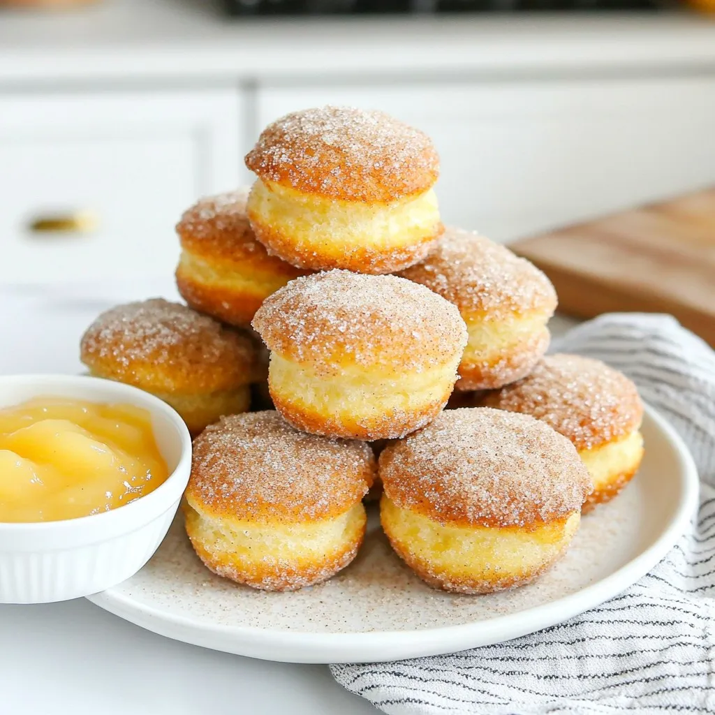 To make these tasty cinnamon sugar donut muffins, gather these main ingredients: - 1 ½ cups all-purpose flour - 1 teaspoon baking powder - ½ teaspoon baking soda - ½ teaspoon salt - 1 tablespoon ground cinnamon (plus extra for topping) - ½ cup granulated sugar - 1 large egg - ½ cup milk - ⅓ cup unsalted butter, melted - 1 teaspoon vanilla extract - ½ cup brown sugar (for topping) These ingredients work together to create a soft, sweet muffin that tastes like a donut. You can play with the recipe by adding these optional ingredients: - ½ cup chocolate chips - ½ cup chopped nuts - 1 teaspoon nutmeg for extra spice - 1 cup diced apples or pears These add-ins can give your muffins a fun twist. To make this recipe, you'll need: - A muffin tin - Paper liners or non-stick spray - Two mixing bowls - A whisk - A rubber spatula - Measuring cups and spoons Having the right tools makes baking easier and more fun. {{ingredient_image_1}} First, preheat your oven to 350°F (175°C). Line a muffin tin with paper liners or grease it. In a big bowl, whisk together 1 ½ cups of flour, 1 teaspoon of baking powder, ½ teaspoon of baking soda, ½ teaspoon of salt, and 1 tablespoon of ground cinnamon. Mix until it’s well combined. In another bowl, beat one large egg. Then, add ½ cup of granulated sugar, ½ cup of milk, ⅓ cup of melted unsalted butter, and 1 teaspoon of vanilla extract. Stir this mixture until it’s smooth. Now, pour the wet mix into the dry mix. Stir gently until just combined. It’s okay if there are a few lumps. Spoon the batter into each muffin cup. Fill them about two-thirds full. Bake in the preheated oven for 15-18 minutes. The muffins should turn golden brown. Use a toothpick to check if they’re done. If it comes out clean, they are ready. While the muffins bake, mix ½ cup of brown sugar with another teaspoon of cinnamon in a shallow bowl. When the muffins are done, take them out of the oven. Let them cool in the pan for 5 minutes. Then, transfer them to a wire rack. While they are still warm, roll each muffin in the cinnamon sugar mix. Make sure they are fully coated for that sweet touch. Enjoy! To get that soft, fluffy texture in your cinnamon sugar donut muffins, follow these steps: - Use room temperature ingredients. This helps the batter mix better. - Do not overmix the batter. A few lumps are okay. Overmixing can make muffins dense. - Fill muffin cups correctly. Aim for about 2/3 full. This allows room to rise. Mixing is key to great muffins. Here’s how: - Whisk dry ingredients first. This ensures even distribution of baking powder and cinnamon. - Combine wet ingredients separately. This helps create a smooth mix before adding to dry. - Fold gently. When adding wet to dry, fold carefully to keep air in the batter. Serving your muffins well makes them even more appealing. Here are some fun ideas: - Stack muffins on a colorful plate. This looks inviting and festive. - Sprinkle extra cinnamon sugar on top. It adds a lovely touch. - Serve with warm applesauce. This makes a great dip and adds flavor. Pro Tips Use Fresh Spices: Ensure that your ground cinnamon is fresh for the best flavor. Old spices can lose their potency and flavor. Don’t Overmix: When combining wet and dry ingredients, mix just until combined. Overmixing can lead to dense muffins instead of light and fluffy ones. Rolling in Topping: Roll the muffins in the cinnamon sugar mixture while they are still warm. This helps the sugar stick better and creates a delicious crust. Storage Tips: Store leftover muffins in an airtight container at room temperature for up to 3 days. For longer storage, freeze them and reheat when ready to enjoy. {{image_2}} You can play with flavors to make these muffins even more fun. Try adding chocolate chips for a sweet twist. You could also swap in pumpkin puree for a fall flavor. It adds moisture and spice. Another option is to add lemon zest for a bright, fresh taste. Each of these changes makes a great treat! If you want a healthier muffin, use whole wheat flour instead of all-purpose flour. This makes your muffins heartier. You can also use coconut sugar instead of granulated sugar. Coconut sugar has a lower glycemic index and adds a nice caramel flavor. Applesauce can replace some butter for fewer calories while keeping it moist. For gluten-free muffins, substitute the all-purpose flour with a gluten-free blend. Many blends work well in baking. Just make sure it includes xanthan gum for the right texture. Almond flour is another great choice. It gives a nutty taste and is also rich in protein. Always check the labels to ensure all ingredients are gluten-free. Cinnamon sugar donut muffins taste best fresh, but you can store them for later. Keep them in an airtight container at room temperature for up to three days. This keeps them soft and moist. If you want them to last longer, store them in the fridge. Just remember to let them cool completely before sealing them. When you want to enjoy a muffin again, reheating is easy. You can use a microwave or an oven. For the microwave, heat a muffin for about 10-15 seconds. This warms it up without making it dry. If you prefer the oven, preheat it to 350°F (175°C). Place the muffin on a baking sheet and heat for about 5 to 7 minutes. This method makes the muffin warm and slightly crisp. Freezing is a great way to keep muffins fresh for more extended periods. Wrap each muffin in plastic wrap and place them in a freezer bag. Make sure to squeeze out as much air as you can before sealing. You can freeze them for up to three months. When you are ready to eat, just take one out and let it thaw on the counter or reheat it directly from the freezer. Enjoy your sweet treat anytime! Yes, you can make these muffins ahead of time. Bake them and let them cool. Store them in an airtight container. They stay fresh for up to two days. You can also freeze them for up to a month. Just thaw at room temperature when you want to eat them. To store leftover muffins, place them in a sealed bag or container. Keep them at room temperature for up to two days. If you want to keep them longer, consider freezing them. Just make sure to wrap each muffin tightly in plastic wrap before placing them in a freezer bag. Absolutely! You can mix in other spices for a new twist. Try nutmeg, cardamom, or even pumpkin spice. Each spice gives a unique taste. Experiment with what you like best. Just remember to keep the cinnamon for that classic donut flavor. To check if the muffins are done, insert a toothpick into the center. If it comes out clean, they are ready. The tops should be golden brown. You can also gently press the top; it should spring back. If it leaves a dent, bake a few more minutes. We covered the key ingredients needed for your muffins, plus some great tools. I shared clear steps for preparing, baking, and cooling. You also learned tips for texture and mixing, along with fun ideas for presentation. We explored tasty variations and storage tips for freshness. In the end, these muffins can be easy and fun to make. Enjoy experimenting with different flavors and sharing them. Happy baking!