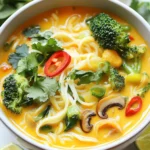 To make Spicy Thai Coconut Noodle Soup, gather these ingredients: - 200g rice noodles - 1 can (400ml) coconut milk - 4 cups vegetable broth - 2 tablespoons red curry paste - 1 tablespoon tamari or soy sauce - 1 tablespoon brown sugar - 1 tablespoon fresh lime juice - 1 cup broccoli florets - 1 bell pepper, sliced (red or yellow for color) - 1 cup mushrooms, sliced - 1 cup baby spinach - 2 green onions, chopped - Fresh cilantro, for garnish - Optional: sliced red chili and lime wedges for serving Each ingredient plays a role in the flavor. If you can't find something, don't worry! Here are some easy swaps: - Rice noodles: Use any noodle you have, like egg noodles or udon. - Coconut milk: You can try almond milk for a lighter taste. - Red curry paste: Green curry paste works too, but it will change the flavor. - Tamari or soy sauce: Use liquid aminos if you want a gluten-free option. - Brown sugar: Honey or maple syrup can be used for sweetness. - Fresh lime juice: Lemon juice can substitute if you don't have lime. Using fresh ingredients makes a big difference in taste and texture. Here’s what I recommend: - Fresh vegetables: Fresh broccoli, bell peppers, and mushrooms bring crunch and flavor. - Fresh herbs: Fresh cilantro adds a bright touch. Dried herbs won’t give the same effect. - Dried noodles: You can use dried rice noodles, but they need to cook longer than fresh ones. Fresh ingredients create a vibrant and tasty soup. If you only have dried items, it’s okay, but the soup may lack that bright flavor. Always aim for fresh when you can! {{ingredient_image_1}} First, you need to cook the rice noodles. Follow the package instructions closely. This usually takes about 5 to 7 minutes. Once cooked, drain them and set them aside. You want them soft but not mushy. This step is key for a great texture in the soup. Next, grab a large pot and heat a little oil over medium heat. Add the red curry paste and sauté it for about 1 minute. This helps to release the flavors. Then, pour in the vegetable broth and coconut milk, stirring well. Bring the mixture to a gentle simmer. After that, stir in the tamari, brown sugar, and lime juice. This creates a balance of sweet and savory. Now it's time to add the fun part—vegetables! Add the broccoli florets, sliced bell pepper, and mushrooms to the pot. Cook them for about 5 to 7 minutes until they are tender. Stir in the baby spinach for the last 1 to 2 minutes until it wilts. This adds a lovely green color and extra nutrients. To serve, divide the cooked rice noodles into bowls. Ladle the hot soup over the noodles. Finish by topping with chopped green onions and fresh cilantro. If you like it spicy, add sliced red chili and lime wedges on the side. Enjoy your comforting bowl of Spicy Thai Coconut Noodle Soup! To get the best flavor, always use fresh ingredients. Fresh lime juice brightens the soup. Red curry paste adds depth and spice. Sauté it before adding liquids. This step brings out its rich aroma. Don't skip the brown sugar; it balances the heat. You want a mix of sweet, salty, and spicy. For perfect rice noodles, follow the package instructions closely. Soak them until just al dente. This keeps them from getting too soft in the soup. Drain and rinse under cold water to stop cooking. This also helps them stay separate. When you add them to the soup, they will soak up all the lovely flavors. If you like it hot, add more red curry paste. For less heat, start with less. You can also top your bowl with sliced red chili for an extra kick. If you prefer a milder taste, skip the chili and focus on the sweet and savory notes. Lime wedges on the side let you adjust the sourness as you eat. Pro Tips Adjust the Spice Level: If you prefer a milder soup, start with half the amount of red curry paste and add more to taste as it cooks. Fresh Ingredients: Use fresh vegetables for the best flavor and texture. You can also substitute or add other veggies like snap peas or carrots. Make it Heartier: Add protein to the soup by including tofu, chicken, or shrimp. Just cook them in the broth until fully cooked through. Storage Tips: Store any leftovers in an airtight container in the fridge for up to 3 days. Reheat gently on the stove, adding a splash of broth if it thickens too much. {{image_2}} You can add protein to your Spicy Thai Coconut Noodle Soup. Tofu is great for a plant-based meal. It takes on the soup's flavor well. Just cut the tofu into cubes and sauté it before adding it to the soup. Chicken is another option. Cook bite-sized pieces until golden, then add them to the broth. Shrimp cooks quickly and adds a nice touch. Toss them in the soup when the veggies are almost done. They need just a few minutes to cook. This soup is easy to make vegan. Use vegetable broth and coconut milk, as listed. Swap brown sugar with maple syrup for a sweet touch. Make sure to use tamari instead of soy sauce if you want it gluten-free. You can also add more vegetables for extra flavor and nutrients. Try adding sweet potatoes or zucchini for a hearty twist. Feel free to change the vegetables based on what you have. In spring, add snap peas or asparagus for a fresh crunch. In summer, use corn or ripe tomatoes. In fall, swap in carrots or pumpkin for warmth. Winter veggies like kale or Brussels sprouts also work well. Just remember to adjust the cooking time based on the veggies you choose. This way, your soup stays vibrant and full of flavor. After enjoying this delicious soup, store any leftovers. Let the soup cool to room temperature. Use airtight containers for the best results. Refrigerate the soup for up to three days. Keep the noodles separate to maintain their texture. To reheat the soup, pour it into a pot. Heat gently over medium-low heat. Stir often to ensure it heats evenly. If the soup thickens, add a splash of vegetable broth. You can also use a microwave if you prefer. Heat in short intervals, stirring in between. For long-term storage, you can freeze the soup. Use freezer-safe containers or bags. Leave some space at the top for expansion. The soup can stay fresh for up to three months. When ready to use, thaw it in the fridge overnight. Reheat it on the stove as mentioned above. Yes, you can make Spicy Thai Coconut Noodle Soup ahead of time. I often prepare it a day before. Just follow the recipe and store the soup in a sealed container. When you reheat it, add fresh noodles to keep them from getting mushy. The soup tastes even better after resting, as flavors meld together. This soup pairs well with many sides. I enjoy serving it with crusty bread or rice. You can also offer a fresh salad for a crunchy contrast. For a more filling meal, try adding grilled shrimp or chicken on the side. Fresh lime wedges and sliced chili can enhance the soup’s flavor. Yes, you can definitely make this soup gluten-free. Use tamari instead of soy sauce. Opt for gluten-free rice noodles, which are easy to find. Always check labels to ensure all ingredients are gluten-free. With these simple swaps, you can enjoy this comforting dish without worries. In this post, we explored a delicious recipe for Spicy Thai Coconut Noodle Soup. We covered key ingredients, preparation steps, and tips for flavor and texture. You can customize the soup with different proteins or vegan options. Remember to store leftovers properly for future meals. This soup is easy to make and perfect for variety. Enjoy trying it out, and let your taste buds guide your choices. Happy cooking!