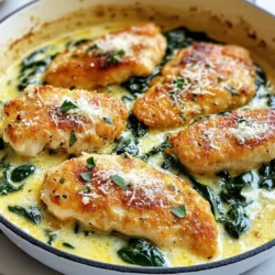 To make this dish, you will need: - 2 chicken breasts, boneless and skinless - Salt and pepper, to taste - 2 tablespoons olive oil - 3 cloves garlic, minced - 1 onion, finely chopped - 4 cups fresh spinach - 1 cup heavy cream - 1 cup shredded parmesan cheese - 1 teaspoon dried Italian herbs - Fresh lemon juice, to taste - Optional: Red pepper flakes, for a hint of spice The right seasonings make this dish shine. Salt and pepper add depth to the chicken. Garlic and onion provide a strong base flavor. The dried Italian herbs bring a lovely aroma. A squeeze of fresh lemon juice brightens the dish. Red pepper flakes can give it a nice kick if you like heat. If you can’t find an ingredient, don’t worry! You can swap chicken with turkey or tofu. Use coconut milk instead of heavy cream for a dairy-free option. Fresh herbs can replace dried ones, but use more since they are milder. If you don’t have parmesan, try any hard cheese you like. {{ingredient_image_1}} First, take your chicken breasts. Season both sides with salt and pepper. This step adds the base flavor. Let the chicken sit for a few minutes to absorb the seasoning. Heat olive oil in a large skillet over medium-high heat. Once the oil is hot, carefully add the chicken breasts. Sear each side for about 6-7 minutes. Look for a golden brown color. This shows the chicken is cooked through. Once done, remove the chicken and set it aside on a plate. In the same skillet, add chopped onion and minced garlic. Sauté them for about 2-3 minutes. You want the onions to look clear and smell great. Next, add the fresh spinach. Stir it until it wilts, which takes around 2 minutes. After that, lower the heat and pour in the heavy cream. Stir in the shredded parmesan cheese and dried Italian herbs. Let the mixture simmer for about 3-4 minutes. This will thicken the sauce a bit. Now, slice the cooked chicken into strips and add it back to the skillet. Make sure the chicken is well-coated in the creamy sauce. Finish with a squeeze of fresh lemon juice and add more salt or pepper if needed. Enjoy your delicious meal! To get that dreamy creamy texture, use heavy cream. It thickens well and adds richness. Stir the cream into your skillet gently, letting it warm before adding the cheese. Parmesan melts nicely, making the sauce smooth. If it looks too thick, add a splash of chicken broth. This helps keep it silky. Start with dry chicken. Pat it down with paper towels. This helps it sear better. Use medium-high heat to get a nice golden color. Cook each side for about 6-7 minutes. Make sure the chicken is fully cooked. It should reach 165°F inside. Letting it rest for a few minutes after cooking keeps it juicy. Herbs and spices can really enhance this dish. Use dried Italian herbs for a classic taste. Fresh herbs like basil can add brightness, too. A squeeze of lemon juice lifts the flavors. If you like heat, sprinkle in some red pepper flakes. This gives a nice kick without overpowering the dish. Pro Tips Use Fresh Ingredients: Fresh spinach and high-quality chicken make a significant difference in flavor and texture, elevating your dish to the next level. Control the Heat: When making the cream sauce, keep the heat low to prevent the cream from curdling and to achieve a smooth consistency. Customize the Flavor: Experiment with different herbs and spices to tailor the dish to your taste. Adding nutmeg can complement the cream beautifully. Serve Immediately: This dish is best enjoyed fresh. The cream sauce may thicken as it cools, so serve it right after cooking for optimal creaminess. {{image_2}} You can easily boost the nutrition of this dish. Try adding vegetables like bell peppers, zucchini, or mushrooms. These veggies add color and flavor. Just sauté them with the onions and garlic. For a pop of sweetness, add some cherry tomatoes. They will burst and give a nice contrast to the cream sauce. If you want to change the protein, you have many choices. You can use turkey or shrimp instead of chicken. For a plant-based option, try tofu or chickpeas. Simply cook them the same way. Adjust the cooking time based on your choice. Shrimp cooks fast, while tofu may need a bit more time to get crispy. For those with dietary needs, there are cream sauce swaps. Use coconut milk or almond milk for a dairy-free option. You can also try cashew cream for a richer taste. If you want a lighter sauce, use vegetable broth mixed with a bit of cornstarch. This will keep it creamy without the heavy cream. To store leftovers, let your creamy chicken and spinach skillet cool down first. Then, transfer it to an airtight container. Make sure to seal it tightly. Keep the container in the fridge. Your dish will stay fresh for up to three days. When you're ready to enjoy leftovers, use a skillet for reheating. Place the skillet over low heat. Add a splash of water or cream to keep it moist. Stir gently until warmed through. This method helps maintain the creamy texture. You can also microwave it in short bursts. Stir between each burst to heat evenly. If you want to freeze your creamy chicken and spinach skillet, let it cool completely. Portion it into freezer-safe containers. Make sure to leave some space at the top for expansion. It can stay in the freezer for up to three months. When you’re ready to eat, thaw it in the fridge overnight before reheating. The cooking time for the chicken is about 12 to 14 minutes. I sear each chicken breast for 6 to 7 minutes on each side. You want them to be golden brown and fully cooked. Use a meat thermometer to check if they reach 165°F. Yes, you can prepare this dish ahead of time. Cook the chicken and make the sauce. Store them separately in the fridge for up to 2 days. When ready to serve, just reheat gently in a skillet. Add fresh spinach right before serving for the best flavor. To add spice, sprinkle red pepper flakes into the sauce. You can also use hot sauce for a kick. For more flavor, add extra garlic or fresh herbs like basil or thyme. Squeeze in more lemon juice for brightness, too. This blog post covered everything you need for a delicious chicken dish. We discussed the key ingredients, step-by-step instructions, and helpful tips for a creamy texture. You learned variations, storage methods, and answered common questions on cooking time and prep. Now, you can confidently prepare this meal at home. Enjoy the cooking process and feel free to experiment with flavors. Your kitchen adventure awaits!