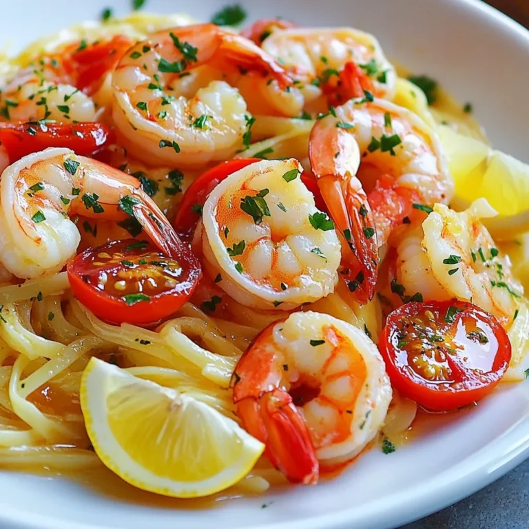- 1 pound large shrimp, peeled and deveined - 6 tablespoons unsalted butter - 4 cloves garlic, minced - 1 teaspoon crushed red pepper flakes (adjust to taste) - Zest of 1 lemon - Juice of 2 lemons - 1 cup low-sodium chicken broth - 1/2 cup grape tomatoes, halved - Salt and black pepper to taste - 8 ounces linguine or spaghetti - Fresh parsley, chopped, for garnish - Grated Parmesan cheese, for serving (optional) Each ingredient plays a key role in the dish. The shrimp gives it a nice texture. The butter adds richness, while garlic offers a strong flavor. Red pepper flakes add heat, and lemon brings brightness. Chicken broth adds depth, while tomatoes provide sweetness. Salt and pepper balance everything out, and fresh parsley adds color. Get creative with this dish! Here are some optional ingredients to enhance it: - Fresh basil for a different herb flavor - White wine for a touch of acidity - Capers for a briny bite - Spinach or arugula for extra greens - Lemon slices for added garnish Feel free to mix and match based on your taste. Sometimes you might not have everything on hand. Here are some substitutes: - Shrimp: Use scallops or chicken if you prefer. - Butter: Olive oil works well for a lighter option. - Garlic: Garlic powder can replace fresh garlic in a pinch. - Chicken broth: Vegetable broth is a good swap for a vegetarian version. - Pasta: Any long pasta like fettuccine or penne will work. These swaps can help you make the dish even if you're missing some ingredients. Enjoy the process and make it your own! {{ingredient_image_1}} Start by boiling water in a large pot. Add salt to the water. This helps flavor the pasta. Add 8 ounces of linguine or spaghetti. Cook until al dente, which takes about 8-10 minutes. Drain the pasta and set it aside. Remember to save 1/2 cup of the pasta water for later. Next, prepare the shrimp. You need 1 pound of large shrimp, peeled and deveined. Rinse them under cold water. Pat them dry with paper towels. This step helps the shrimp cook evenly. In a large skillet, melt 4 tablespoons of unsalted butter over medium heat. Once the butter is melted, add 4 cloves of minced garlic and 1 teaspoon of crushed red pepper flakes. Sauté for 1-2 minutes until fragrant, but don’t let the garlic burn. Now, add the shrimp to the skillet. Sprinkle with salt and black pepper. Cook for 2-3 minutes on one side until pink. Flip the shrimp and cook for another 2-3 minutes until fully cooked. After the shrimp is ready, add the zest of 1 lemon and the juice of 2 lemons. Pour in 1 cup of low-sodium chicken broth and 1/2 cup of halved grape tomatoes. Bring the sauce to a simmer. Let it reduce for about 3-4 minutes. This step builds great flavor. Next, it’s time to mix everything together. Add the cooked pasta to the skillet with the shrimp and sauce. Toss well to coat the noodles in all that delicious sauce. If the sauce seems thick, add the reserved pasta water a little at a time. Stir until you reach your desired consistency. Finally, remove the skillet from the heat. Stir in the remaining 2 tablespoons of butter until melted. This adds richness to the dish. Garnish with chopped fresh parsley and extra lemon zest if you like. Serve immediately, and don’t forget the grated Parmesan cheese on the side! Enjoy your meal! When picking shrimp, look for large, firm ones. Their shells should be smooth and shiny. Fresh shrimp have a slight ocean scent, not a strong fishy smell. If you buy frozen shrimp, ensure they are not stuck together. This means they thawed and refroze, which is not ideal. Always check the label to know if they are wild-caught or farmed. Wild-caught shrimp often taste better and have better texture. Cooking pasta al dente means it has a slight bite. Start by boiling water in a large pot. Add a good amount of salt; it should taste like the sea. Stir the pasta often to prevent sticking. Follow the package time, but check a minute early. Taste a piece; if it’s firm but cooked, it’s ready. Before draining, save some pasta water. This water can help your sauce stick better. One common mistake is overcooking the shrimp. Shrimp cook quickly, about 2-3 minutes per side. If they curl tightly, they are overdone. Another mistake is burning the garlic. Always sauté it over medium heat and watch it closely. Adding too much liquid too fast can also ruin your sauce. Start with less broth and adjust it as needed. Finally, don’t forget the pasta water! It can help make your dish creamy and rich. Pro Tips Fresh Ingredients: Using fresh shrimp and lemons will significantly enhance the flavor of your dish. Look for shrimp that smell like the ocean, not fishy. Adjust the Heat: If you prefer a milder dish, reduce the amount of crushed red pepper flakes. Alternatively, for more heat, add a pinch of cayenne pepper. Pasta Cooking Water: Don’t forget to reserve some pasta water! It helps to loosen the sauce and add flavor, creating a perfect consistency. Garnish for Flavor: Fresh parsley not only adds color but also freshness. Consider adding a bit of lemon zest on top for an extra burst of citrus flavor. {{image_2}} You can use many types of pasta for this dish. While linguine is a classic choice, spaghetti works well too. For a twist, try fettuccine or penne. Each type gives a unique texture and taste. If you prefer a lighter meal, you can use zucchini noodles or spaghetti squash. These options are tasty and add veggies to your plate. Adding more ingredients can boost the flavor of your scampi. You might want to toss in some fresh spinach or arugula. Their greens add color and nutrients. Sautéed bell peppers or snap peas bring a nice crunch. You can also sprinkle in fresh herbs, like basil or dill, for a fresh taste. If you like heat, add more crushed red pepper flakes. Each choice can change the dish and make it your own. If you're gluten-free, don't worry! There are great pasta alternatives. Look for gluten-free pasta made from rice or quinoa. These options cook well and taste great with the sauce. You can also skip the pasta altogether. Serve the shrimp over rice or cauliflower rice instead. This keeps the flavors while meeting your dietary needs. To store leftover shrimp scampi, place it in an airtight container. Let the dish cool down first. Then, cover it tightly and store it in the fridge. It will stay fresh for up to three days. Make sure to keep the shrimp and sauce together for the best flavor. When reheating shrimp scampi, the goal is to keep it moist. Use a skillet over low heat. Add a splash of chicken broth or water to the pan. This helps to prevent the dish from drying out. Stir gently to warm it through. You can also microwave it in short bursts. Cover it with a damp paper towel to keep it from getting tough. Heat until warm, but don’t overdo it! You can freeze shrimp scampi, but the texture may change. If you decide to freeze it, store it in a freezer-safe container. Use it within one month for the best taste. To thaw, place it in the fridge overnight. Reheat it gently on the stove, adding a bit of broth as needed. This will help revive the flavors. You can serve Lemon Garlic Shrimp Scampi with a few tasty sides. Here are some great ideas: - Garlic Bread: It soaks up the sauce well and adds a nice crunch. - Steamed Vegetables: Broccoli or asparagus work well. They add color and nutrients. - Salad: A fresh green salad with a light vinaigrette pairs perfectly. - Rice or Quinoa: These options are great for soaking up the delicious lemon sauce. These sides make your meal more balanced and flavorful. You can prepare some parts in advance. Cook the pasta and shrimp separately, then store them in the fridge. - Pasta: Cook it al dente, cool it, and toss with a bit of olive oil to prevent sticking. - Shrimp: Cook shrimp and let it cool. Store in an airtight container. When ready to eat, reheat everything together in a skillet. This keeps the flavors fresh. Cooked shrimp can last up to three days in the fridge. Make sure to store it in an airtight container. - If you see any changes in color or smell, it’s best to throw it out. - When in doubt, always check for freshness before eating. Storing it properly helps maintain its taste and safety. This blog post covered everything you need for Lemon Garlic Shrimp Scampi. We explored ingredients, cooking steps, and helpful tips. You learned how to avoid common mistakes and make it your own with variations. Remember to store leftovers properly for the best taste later. Enjoy making this dish your own and impressing your guests. Cooking can be fun and easy with the right guidance. Get creative and let your kitchen skills shine!