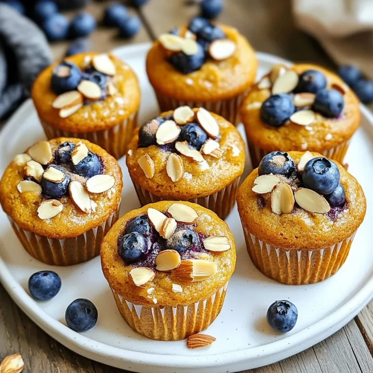 - 1 cup almond flour - 1 cup rolled oats - ½ cup unsweetened applesauce - ½ cup almond milk (or any plant-based milk) - ¾ cup fresh blueberries (or frozen) - ¼ cup honey or maple syrup - 2 large eggs - 1 teaspoon vanilla extract - 1 teaspoon baking powder - 1 teaspoon baking soda - ½ teaspoon cinnamon - Pinch of salt - ¼ cup sliced almonds (for topping) You can swap out almond flour for oat flour or regular flour. If you need a nut-free option, use sunflower seed flour. Rolled oats can be replaced with quick oats. Applesauce can be changed to mashed banana or yogurt. Use any plant-based milk like soy or coconut milk. For sweeteners, you could use agave syrup or brown sugar. If eggs are not an option, try flax eggs made from ground flaxseed and water. - Calories: 120 - Protein: 4g - Fat: 5g - Carbohydrates: 16g - Fiber: 2g - Sugar: 4g These muffins are packed with good nutrients. They offer a mix of protein, healthy fats, and fiber. They make a great snack or breakfast. Plus, the blueberries add natural sweetness and antioxidants. Enjoy these muffins as part of a balanced diet! {{ingredient_image_1}} First, preheat your oven to 350°F (175°C). This step is key for even baking. Next, grab a muffin tin. You can use paper liners or lightly grease the tin with cooking spray. This keeps the muffins from sticking. In a large mixing bowl, combine these dry ingredients: - 1 cup almond flour - 1 cup rolled oats - 1 teaspoon baking powder - 1 teaspoon baking soda - ½ teaspoon cinnamon - Pinch of salt Stir them well until they are mixed evenly. This helps the muffins rise and taste great. In another bowl, whisk together your wet ingredients: - 2 large eggs - ½ cup unsweetened applesauce - ½ cup almond milk (or any plant-based milk) - ¼ cup honey or maple syrup - 1 teaspoon vanilla extract Mix these until everything is blended smoothly. This adds moisture and flavor to your muffins. Now, pour the wet mixture into the dry mixture. Mix gently until just combined. Be careful not to overmix, as this can make the muffins tough. Gently fold in the blueberries, making sure they are spread out in the batter. Spoon the batter into the muffin tin, filling each cup about ¾ full. For a nice crunch, sprinkle sliced almonds on top. Bake for 20-25 minutes. Check if they are done by inserting a toothpick; it should come out clean. After baking, let the muffins cool in the tin for about 5 minutes. Then, transfer them to a wire rack to cool completely. Serve these muffins warm or at room temperature. For a lovely touch, place them on a wooden platter with fresh blueberries around them. You can drizzle a little honey or maple syrup on top for extra sweetness. Mixing is key, but too much can harm your muffins. When you add wet to dry, stir just until you see no flour. Lumps are okay! Overmixing can make muffins tough. Keep them soft and fluffy. You can change the sweetness to fit your taste. If you like it sweeter, add more honey or maple syrup. Start with a spoonful and taste. For less sweetness, cut back. Remember, the blueberries add natural sugar too! Store your muffins in an airtight container. This keeps them fresh. You can keep them at room temperature for up to three days. For longer storage, freeze them. Just wrap each muffin in plastic wrap, then put in a freezer bag. They’ll last for up to three months! Pro Tips Use Fresh Blueberries: For the best flavor and texture, opt for fresh blueberries when they are in season. If using frozen, make sure to thaw and drain them to prevent excess moisture in the batter. Egg Substitutes: If you're looking for a vegan option, replace the eggs with flaxseed meal. Use 1 tablespoon of flaxseed meal mixed with 2.5 tablespoons of water for each egg. Customize Sweetness: Adjust the sweetness by using less honey or maple syrup based on your personal preference or dietary needs. You can also add a touch of stevia for a sugar-free version. Storage Tips: Store the muffins in an airtight container at room temperature for up to 3 days or freeze them for longer shelf life. Reheat in the microwave for a few seconds before serving. {{image_2}} You can easily make these muffins gluten-free. Just swap the rolled oats for certified gluten-free oats. Use a gluten-free all-purpose flour mix instead of almond flour. This change keeps the muffins light and tasty. To make these muffins vegan, replace the eggs with flaxseed meal. Use one tablespoon of flaxseed mixed with three tablespoons of water for each egg. You can also substitute almond milk for any plant-based milk. This keeps the muffins moist and plant-friendly. Feel free to get creative with mix-ins. You can add chopped walnuts or pecans for extra crunch. Try chia seeds or pumpkin seeds for added health benefits. Mix these in gently when you fold in the blueberries. This lets you customize each muffin to your taste! To keep your muffins fresh, place them in an airtight container. They stay good at room temperature for up to three days. If you want them to last longer, store them in the fridge. This way, they can stay fresh for about a week. Freezing these muffins is easy and smart. Allow them to cool completely first. Then, wrap each muffin in plastic wrap. Place them in a freezer-safe bag or container. They can last for up to three months in the freezer. Just remember to label the bag with the date. When you’re ready to enjoy a muffin, take it out of the fridge or freezer. For the fridge, just pop it in the microwave for about 15-20 seconds. For frozen muffins, microwave for 30-40 seconds or until warm. You can also reheat them in the oven at 350°F for about 10 minutes. Enjoy the warm taste and soft texture! Yes, you can use frozen blueberries in these muffins. They add great flavor and nutrients. Just fold them in gently to avoid breaking them too much. They may make the batter a bit wetter, so adjust the baking time if needed. To make these muffins dairy-free, use almond milk or any plant-based milk. This keeps the muffins moist while staying dairy-free. You can also check that your almond flour and other ingredients are dairy-free. If you need a substitute for almond flour, you can use oat flour or coconut flour. Just remember that coconut flour absorbs more liquid. You might need to adjust the wet ingredients if you use it. These muffins last about 3 to 5 days at room temperature. Store them in an airtight container to keep them fresh. You can also refrigerate them for up to a week for longer storage. Yes, you can add protein powder to these muffins. Start with one scoop and adjust the wet ingredients if needed. This will boost the nutrition and make them even more filling. In this post, we explored how to make delicious muffins from start to finish. I shared a list of ingredients, substitutions, and nutrition facts. You learned the step-by-step process, helpful tips, and many variations to try. I covered storage methods to keep your muffins fresh. Now, you can enjoy tasty muffins tailored to your needs. Baking can be easy and fun with the right guidance. Happy baking!