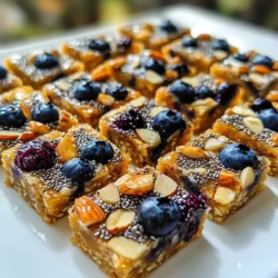 Here are the ingredients for your Blueberry Almond Energy Bars. Gather them before you start. - 1 cup rolled oats - 1/2 cup almond butter - 1/4 cup honey or maple syrup - 1 cup fresh or frozen blueberries - 1/4 cup chopped almonds - 1/4 teaspoon salt - 1/2 teaspoon vanilla extract - 1/4 teaspoon cinnamon - 1/4 cup chia seeds (optional) These simple ingredients come together to make a tasty and healthy snack. Rolled oats provide fiber and energy, while almond butter adds creaminess and protein. You can use honey or maple syrup as a natural sweetener. Fresh or frozen blueberries will give you a burst of juicy flavor. Chopped almonds add crunch and more nutrients. Feel free to add chia seeds if you want extra health benefits. They are optional but boost the fiber and omega-3 content. Each of these ingredients plays a key role in making your energy bars delicious and nutritious. Now that you have everything ready, let’s move on to the next step in making your bars! {{ingredient_image_1}} First, preheat your oven to 350°F (175°C). Grab an 8-inch square baking pan. Line it with parchment paper. Leave some paper hanging over the edges. This helps you lift the bars out later. In a large bowl, mix together the rolled oats, chopped almonds, chia seeds, and cinnamon. Stir it all well so the ingredients blend nicely. This mix adds flavor and crunch to your bars. In another bowl, combine the almond butter, honey or maple syrup, salt, and vanilla extract. Mix until smooth and creamy. This mixture gives the bars their sweetness and binds everything together. Pour the wet mixture into the bowl with the dry ingredients. Stir until everything is coated evenly. Then, gently fold in the blueberries. Be careful not to crush them too much. We want those juicy bursts in every bite! Transfer the mixture to your lined baking pan. Press it down firmly to create an even layer. Bake for 20 to 25 minutes. You want the edges to turn a nice golden color. Let the bars cool in the pan for about 10 minutes. Use the parchment paper to lift them out. Allow them to cool completely on a wire rack. Once cooled, cut them into bars or squares. Store them in an airtight container for up to a week. Enjoy your healthy snack! To avoid mushy bars, use rolled oats. They help give a great structure. If you want firmer bars, try adding more oats or less almond butter. You can also cool the bars completely before cutting them. This helps them hold their shape better. For pressing down the mixture evenly, use a flat spatula or the back of a measuring cup. Press firmly but gently. Make sure the mixture is packed tight. This helps the bars stay together when baked. To boost the flavor, try adding a pinch of nutmeg or a dash of ginger. You can also mix in seeds like pumpkin or sunflower seeds for added crunch. When sweetening, you can swap honey with maple syrup or agave. Each sweetener brings a unique taste, so feel free to experiment. You can even try using coconut sugar for a more caramel-like flavor. Pro Tips Use Fresh Ingredients: Fresh blueberries add a burst of flavor and nutrients. If using frozen, let them thaw and drain excess moisture to prevent sogginess. Press Firmly: Make sure to press the mixture firmly into the baking pan to ensure the bars hold together after baking. Customize Your Nuts: Feel free to swap chopped almonds for other nuts like walnuts or pecans for a different flavor profile. Storage Tips: Store bars in an airtight container at room temperature for up to a week or refrigerate for longer freshness. {{image_2}} If you want a nut-free version, swap almond butter with sunflower seed butter. This change keeps the bars creamy and tasty. It also makes them safe for those with nut allergies. Sunflower seed butter has a unique flavor that pairs well with the blueberries. Make sure to check for any added sugars or oils in the sunflower seed butter you choose. You can make these bars even more exciting. Add nuts, seeds, or dried fruits. Chopped walnuts or pecans add crunch and flavor. For extra nutrition, sprinkle in some flaxseeds or pumpkin seeds. Dried fruits like cranberries or raisins work well too. Just remember to adjust the sweetness if you use sweetened dried fruits. This way, you’ll keep the balance of flavors perfect. To make these bars vegan, use maple syrup instead of honey. Maple syrup offers a rich sweetness and is plant-based. Also, ensure your almond butter has no added dairy. With these small changes, you can enjoy a delicious, animal-friendly treat. This option is perfect for those who love plant-based meals. To keep your blueberry almond energy bars fresh, store them in an airtight container. You can place them at room temperature for short-term use. If you want them to last longer, try refrigerating them. This keeps the bars moist and tasty. Make sure to separate layers with parchment paper to avoid sticking. If you want to freeze the energy bars, follow these steps: 1. Allow the bars to cool completely after baking. 2. Cut the bars into squares or rectangles. 3. Wrap each bar in plastic wrap tightly. 4. Place the wrapped bars in a freezer-safe bag. 5. Label the bag with the date and type. 6. Freeze for up to three months for best quality. These energy bars can last: - At room temperature: About a week, if stored properly. - In the fridge: Up to two weeks, keeping them fresh and moist. - In the freezer: Up to three months, making them a great make-ahead snack. Yes, you can use many other fruits. Try raspberries, strawberries, or chopped apples. Dried fruits like cranberries or apricots work well too. You can mix fruits for more flavor. Just keep the total amount the same. This keeps the bars balanced and tasty. If you have nut allergies, use sunflower seed butter instead. It has a similar texture and taste. You can also use soy nut butter or pumpkin seed butter. For a dairy option, try coconut butter. Each substitute adds a unique flavor but keeps the bars yummy. To make these bars gluten-free, use certified gluten-free oats. Check your almond butter too; some brands add gluten. All other ingredients, like honey, blueberries, and chia seeds, are naturally gluten-free. Follow these tips, and you’ll have a safe and tasty snack. You now have a simple recipe for tasty energy bars. We discussed key ingredients, step-by-step instructions, and useful tips. You can adjust flavors and make variations to fit your needs. Remember to store them correctly for the best taste. Whether you want a nut-free or vegan option, the possibilities are endless. Enjoy making your own bars, and keep experimenting with different ingredients!
