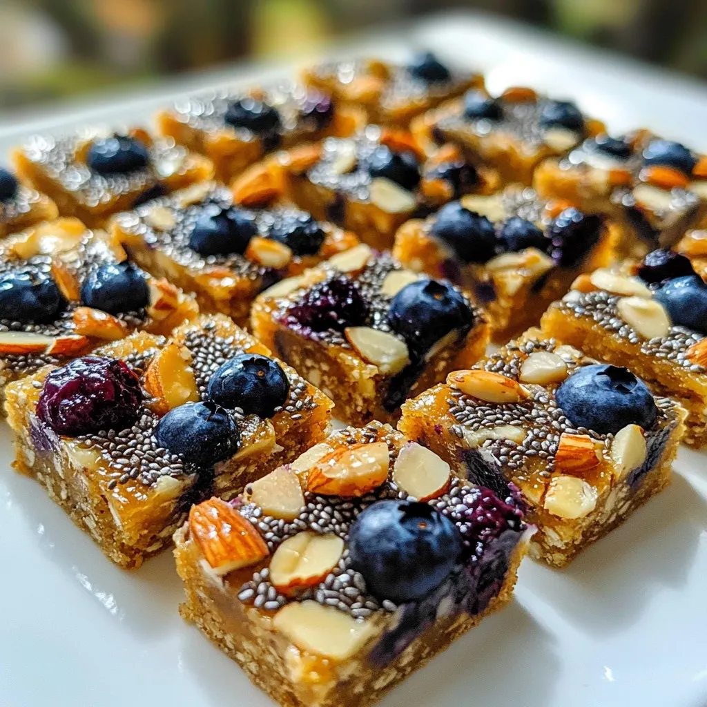 Here are the ingredients for your Blueberry Almond Energy Bars. Gather them before you start. - 1 cup rolled oats - 1/2 cup almond butter - 1/4 cup honey or maple syrup - 1 cup fresh or frozen blueberries - 1/4 cup chopped almonds - 1/4 teaspoon salt - 1/2 teaspoon vanilla extract - 1/4 teaspoon cinnamon - 1/4 cup chia seeds (optional) These simple ingredients come together to make a tasty and healthy snack. Rolled oats provide fiber and energy, while almond butter adds creaminess and protein. You can use honey or maple syrup as a natural sweetener. Fresh or frozen blueberries will give you a burst of juicy flavor. Chopped almonds add crunch and more nutrients. Feel free to add chia seeds if you want extra health benefits. They are optional but boost the fiber and omega-3 content. Each of these ingredients plays a key role in making your energy bars delicious and nutritious. Now that you have everything ready, let’s move on to the next step in making your bars! {{ingredient_image_1}} First, preheat your oven to 350°F (175°C). Grab an 8-inch square baking pan. Line it with parchment paper. Leave some paper hanging over the edges. This helps you lift the bars out later. In a large bowl, mix together the rolled oats, chopped almonds, chia seeds, and cinnamon. Stir it all well so the ingredients blend nicely. This mix adds flavor and crunch to your bars. In another bowl, combine the almond butter, honey or maple syrup, salt, and vanilla extract. Mix until smooth and creamy. This mixture gives the bars their sweetness and binds everything together. Pour the wet mixture into the bowl with the dry ingredients. Stir until everything is coated evenly. Then, gently fold in the blueberries. Be careful not to crush them too much. We want those juicy bursts in every bite! Transfer the mixture to your lined baking pan. Press it down firmly to create an even layer. Bake for 20 to 25 minutes. You want the edges to turn a nice golden color. Let the bars cool in the pan for about 10 minutes. Use the parchment paper to lift them out. Allow them to cool completely on a wire rack. Once cooled, cut them into bars or squares. Store them in an airtight container for up to a week. Enjoy your healthy snack! To avoid mushy bars, use rolled oats. They help give a great structure. If you want firmer bars, try adding more oats or less almond butter. You can also cool the bars completely before cutting them. This helps them hold their shape better. For pressing down the mixture evenly, use a flat spatula or the back of a measuring cup. Press firmly but gently. Make sure the mixture is packed tight. This helps the bars stay together when baked. To boost the flavor, try adding a pinch of nutmeg or a dash of ginger. You can also mix in seeds like pumpkin or sunflower seeds for added crunch. When sweetening, you can swap honey with maple syrup or agave. Each sweetener brings a unique taste, so feel free to experiment. You can even try using coconut sugar for a more caramel-like flavor. Pro Tips Use Fresh Ingredients: Fresh blueberries add a burst of flavor and nutrients. If using frozen, let them thaw and drain excess moisture to prevent sogginess. Press Firmly: Make sure to press the mixture firmly into the baking pan to ensure the bars hold together after baking. Customize Your Nuts: Feel free to swap chopped almonds for other nuts like walnuts or pecans for a different flavor profile. Storage Tips: Store bars in an airtight container at room temperature for up to a week or refrigerate for longer freshness. {{image_2}} If you want a nut-free version, swap almond butter with sunflower seed butter. This change keeps the bars creamy and tasty. It also makes them safe for those with nut allergies. Sunflower seed butter has a unique flavor that pairs well with the blueberries. Make sure to check for any added sugars or oils in the sunflower seed butter you choose. You can make these bars even more exciting. Add nuts, seeds, or dried fruits. Chopped walnuts or pecans add crunch and flavor. For extra nutrition, sprinkle in some flaxseeds or pumpkin seeds. Dried fruits like cranberries or raisins work well too. Just remember to adjust the sweetness if you use sweetened dried fruits. This way, you’ll keep the balance of flavors perfect. To make these bars vegan, use maple syrup instead of honey. Maple syrup offers a rich sweetness and is plant-based. Also, ensure your almond butter has no added dairy. With these small changes, you can enjoy a delicious, animal-friendly treat. This option is perfect for those who love plant-based meals. To keep your blueberry almond energy bars fresh, store them in an airtight container. You can place them at room temperature for short-term use. If you want them to last longer, try refrigerating them. This keeps the bars moist and tasty. Make sure to separate layers with parchment paper to avoid sticking. If you want to freeze the energy bars, follow these steps: 1. Allow the bars to cool completely after baking. 2. Cut the bars into squares or rectangles. 3. Wrap each bar in plastic wrap tightly. 4. Place the wrapped bars in a freezer-safe bag. 5. Label the bag with the date and type. 6. Freeze for up to three months for best quality. These energy bars can last: - At room temperature: About a week, if stored properly. - In the fridge: Up to two weeks, keeping them fresh and moist. - In the freezer: Up to three months, making them a great make-ahead snack. Yes, you can use many other fruits. Try raspberries, strawberries, or chopped apples. Dried fruits like cranberries or apricots work well too. You can mix fruits for more flavor. Just keep the total amount the same. This keeps the bars balanced and tasty. If you have nut allergies, use sunflower seed butter instead. It has a similar texture and taste. You can also use soy nut butter or pumpkin seed butter. For a dairy option, try coconut butter. Each substitute adds a unique flavor but keeps the bars yummy. To make these bars gluten-free, use certified gluten-free oats. Check your almond butter too; some brands add gluten. All other ingredients, like honey, blueberries, and chia seeds, are naturally gluten-free. Follow these tips, and you’ll have a safe and tasty snack. You now have a simple recipe for tasty energy bars. We discussed key ingredients, step-by-step instructions, and useful tips. You can adjust flavors and make variations to fit your needs. Remember to store them correctly for the best taste. Whether you want a nut-free or vegan option, the possibilities are endless. Enjoy making your own bars, and keep experimenting with different ingredients!