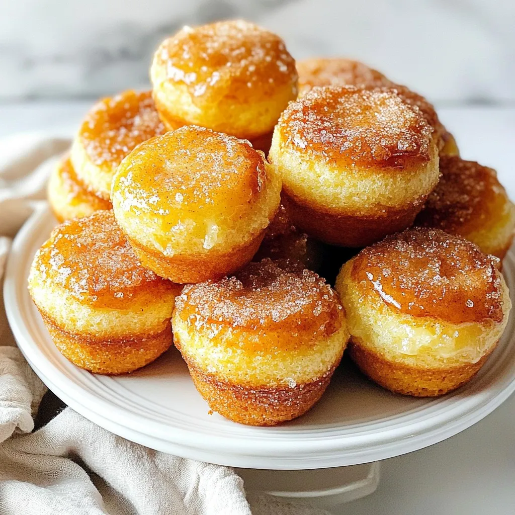 To make these tasty treats, you need a few key ingredients. Here’s what you need: - 2 cups all-purpose flour - 1 tbsp baking powder - 1/2 tsp baking soda - 1/2 tsp salt - 1 tsp ground cinnamon - 1/4 tsp nutmeg - 1/2 cup unsalted butter, melted - 1 cup granulated sugar - 2 large eggs - 1 tsp vanilla extract - 1 cup buttermilk These ingredients work together to create a soft and fluffy muffin. The flour gives structure, while the baking powder and soda help it rise. The butter adds richness, and the eggs bind everything together. The buttermilk makes the muffins moist and tender. For the sweet and crunchy topping, gather these items: - 1/2 cup granulated sugar - 1 tbsp ground cinnamon - 4 tbsp unsalted butter, melted This mixture gives the muffins that classic doughnut taste. The melted butter helps the cinnamon sugar stick to the warm muffins. You can always mix things up with your ingredients. Here are some ideas: - Swap all-purpose flour for whole wheat flour for a healthier option. - Use coconut oil instead of butter for a dairy-free version. - Replace granulated sugar with brown sugar for a deeper flavor. - Add chopped nuts or chocolate chips for extra texture and taste. These simple changes let you customize the muffins to your liking. Feel free to experiment while keeping the main flavors intact. {{ingredient_image_1}} First, preheat your oven to 350°F (175°C). This helps the muffins rise. While the oven heats, grease a muffin tin. You can also use paper liners for easy cleanup. Make sure to cover each cup well, so the muffins don’t stick. Now, grab a medium bowl. In it, mix the dry ingredients: 2 cups of all-purpose flour, 1 tablespoon of baking powder, 1/2 teaspoon of baking soda, 1/2 teaspoon of salt, 1 teaspoon of ground cinnamon, and 1/4 teaspoon of nutmeg. Set this bowl aside. In a large bowl, whisk together 1/2 cup of melted unsalted butter and 1 cup of granulated sugar until smooth. Next, add in 2 large eggs, one at a time. Mix well after each egg. Then, stir in 1 teaspoon of vanilla extract and 1 cup of buttermilk. It should look creamy and well combined. Gradually fold the dry ingredients into the wet mixture. Be gentle here. Overmixing can make the muffins tough. Fill each muffin cup about 2/3 full with the batter. You can use a scoop or a spoon for this. Bake them in your preheated oven for 15-18 minutes. To check if they are done, insert a toothpick into the center. If it comes out clean, they are ready. While the muffins bake, prepare the topping. In a small bowl, mix together 1/2 cup of granulated sugar and 1 tablespoon of ground cinnamon. Once the muffins are done, let them cool in the tin for about 5 minutes. Then, remove them from the tin. Dip the tops of each warm muffin into 4 tablespoons of melted butter. After that, roll them in the cinnamon-sugar mixture until they are well coated. This gives them a sweet and crunchy finish. Enjoy your tasty treat! When making cinnamon sugar doughnut muffins, proper mixing is key. Start by whisking the dry ingredients together first. This helps blend the baking powder and baking soda evenly. It also ensures the spices mix well. In a separate bowl, mix the melted butter and sugar until smooth. This creates a nice base for your muffins. Add the eggs one at a time. Mix well after each egg to keep the batter light. Lastly, combine the wet and dry mixtures gently. Use a spatula and fold until just mixed. Avoid overmixing; this keeps your muffins soft. To make sure your muffins turn out fluffy, focus on your ingredients. Use room temperature eggs and buttermilk. These ingredients blend better and create air pockets in the batter. This adds lightness to your muffins. Don't forget to measure your flour correctly; spoon it into your measuring cup and level it off with a knife. Too much flour can make the muffins dense. Bake your muffins in a preheated oven for even cooking. Check for doneness by inserting a toothpick. If it comes out clean, your muffins are ready. Once your muffins are baked, let them cool for about five minutes in the tin. This helps them set and makes them easier to remove. Use a wire rack for the best cooling results. While they cool, prepare your cinnamon-sugar coating. Mix granulated sugar and cinnamon in a small bowl. Dip each warm muffin top in melted butter, then roll it in the cinnamon-sugar mixture. This creates a sweet crust that pairs perfectly with the soft muffin inside. Enjoy your treats warm for the best flavor! Pro Tips Use Fresh Spices: Ensure your ground cinnamon and nutmeg are fresh for the best flavor. Old spices can lose their potency and impact the overall taste of your muffins. Don’t Overmix: When combining wet and dry ingredients, mix just until combined. Overmixing can lead to dense muffins instead of light and fluffy ones. Let Them Cool Slightly: Allow the muffins to cool in the tin for a few minutes before removing them. This helps them set and makes them easier to take out without breaking. Customize Your Topping: Feel free to add a pinch of nutmeg or even a splash of vanilla to the cinnamon-sugar topping for an extra flavor boost! {{image_2}} You can make these muffins gluten-free! Substitute the all-purpose flour with a gluten-free blend. Look for a mix that works well for baking. The muffins will still be soft and tasty. Want to spice things up? Try adding pumpkin puree for a fall treat. Use one cup of pumpkin in place of half the buttermilk. You can also add pumpkin spice. A mix of cinnamon, nutmeg, and ginger works great here. Feeling adventurous? Swap the cinnamon sugar topping for a chocolate glaze. Melt half a cup of chocolate chips with one tablespoon of butter. Dip the tops of the muffins in the glaze while they are warm. It adds a rich, sweet flavor that everyone will love. These variations let you customize your muffins to fit your taste. Enjoy trying new flavors! To keep your cinnamon sugar doughnut muffins fresh, place them in an airtight container. You can store them at room temperature for up to 3 days. If you want them to last longer, consider refrigerating them. Just make sure to wrap them tightly to avoid drying out. When you want to enjoy a muffin again, reheating is simple. You can use the microwave for about 10-15 seconds. This warms them up and keeps them soft. If you prefer a crispy top, pop them in the oven at 350°F (175°C) for about 5 minutes. If you made a big batch, freezing is a great option. Wrap each muffin in plastic wrap, then place them in a freezer bag. They can last up to 3 months in the freezer. When you're ready to eat, just thaw them in the fridge overnight or leave them out for a few hours. Enjoy your delicious treats anytime! You can tell muffins are done by using a toothpick. Insert the toothpick into the center of a muffin. If it comes out clean, the muffins are ready. If there is wet batter on the toothpick, bake them a few more minutes. Watching the tops is also helpful. They should look golden brown when they are finished. Yes, you can use a muffin mix. It’s a quick option if you’re short on time. Just follow the package instructions and add cinnamon for that extra flavor. However, homemade batter tastes fresher and allows for more control over the flavors. You can use my recipe for a great taste and texture. Leftover cinnamon sugar is great for many things. You can sprinkle it on toast, pancakes, or waffles for a sweet treat. It also works well on oatmeal or yogurt. If you want a fun snack, mix it into popcorn for a sweet twist. Store it in an airtight container for future use. Cinnamon sugar doughnut muffins are tasty and easy to make. We covered the key ingredients, steps, tips, and fun variations. Remember to mix the batter gently for fluffier muffins. Experiment with gluten-free options or fun flavors like pumpkin spice. Store extras well to enjoy later. Enjoy making these delicious treats that brighten your day!