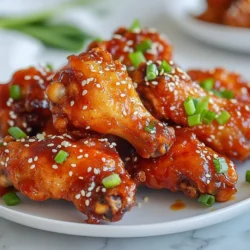 - 2 lbs chicken wings - 1/4 cup gochujang (Korean red chili paste) - 2 tablespoons soy sauce - 1 tablespoon sesame oil - 2 tablespoons honey - 4 cloves garlic, minced - 1-inch piece ginger, grated - 1 tablespoon rice vinegar - 1 teaspoon black pepper The main star of this dish is chicken wings. They are juicy and tender. The marinade adds great flavor. Gochujang gives a nice kick. The soy sauce adds saltiness. Sesame oil gives a rich taste. Honey balances the heat with sweetness. Garlic and ginger add depth. Rice vinegar brings in a bit of tang. Black pepper enhances all the flavors. - 1 tablespoon sesame seeds, for garnish - 2 green onions, chopped, for garnish Garnishes make wings look pretty and add flavor. Sesame seeds give a nutty crunch. Chopped green onions add freshness. They also make your dish pop with color. - Alternatives for gochujang: You can use sriracha for a different spice. Chili paste can work too, but it may lack some depth. - Honey substitutes: Maple syrup adds sweetness but changes the flavor. Agave syrup is a good vegan option. Brown sugar can add sweetness too, but it will need to be dissolved in warm water. These substitutes work well, but each will change the taste slightly. Choose based on your needs and what you have at home. {{ingredient_image_1}} To start, you need to mix the marinade ingredients. In a large bowl, combine the gochujang, soy sauce, sesame oil, honey, minced garlic, grated ginger, rice vinegar, and black pepper. Whisk these until you have a smooth mixture. This marinade adds deep flavors and a spicy kick to the wings. Marinating time is key. Letting the wings soak in the marinade helps the flavors to blend. If you have time, marinate for at least one hour. For the best taste, leave them overnight. Now it's time to coat the wings. Take the chicken wings and place them in the bowl with the marinade. Use your hands to ensure each wing is well coated. Don't rush this part; it’s crucial for good flavor. Next, cover the bowl and put it in the fridge. This keeps the wings cool and allows the marinade to work its magic. Let them sit for at least one hour for a tasty result. Preheat your oven to 425°F (220°C). This high temperature helps to crisp the wings. Line a baking sheet with aluminum foil. Place a wire rack on top. This lets hot air flow around the wings, making them crispy. After marinating, take the wings out of the fridge. Place them on the wire rack in a single layer. Bake for 25 to 30 minutes. Flip the wings halfway through to ensure they cook evenly. They should turn golden brown and crispy. While the wings bake, strain the remaining marinade into a small saucepan. Bring it to a boil, then reduce the heat and let it simmer for about five minutes. This thickens the sauce, making it perfect for glazing. Once the wings are done, toss them in the thickened glaze. Make sure they are evenly coated. This step adds even more flavor and a sticky texture. Enjoy your delicious Spicy Korean Chicken Wings! To get crispy skin on your wings, you need to dry them well. Pat them with paper towels before marinating. This helps remove moisture. The key is also baking them on a wire rack. A wire rack allows hot air to circulate around the wings, making them crispier. Place the wings in a single layer on the rack. This way, they won’t steam each other while cooking. Do you want milder wings? Simply reduce the amount of gochujang in the marinade. You can start with just 2 tablespoons. If you want more heat, add extra gochujang. You can also include red pepper flakes for a spicy kick. Taste the marinade before using it to find your perfect spice level. These wings taste great with sides like rice or fresh veggies. You can also serve them with dipping sauces. A cool yogurt dip balances the heat well. As for drinks, beer pairs nicely with spicy wings. If you prefer something non-alcoholic, try a sweet tea or soda. These drinks make your meal even more enjoyable. Pro Tips Marinate Longer for More Flavor: For the best flavor, marinate the wings overnight. This allows the spices to penetrate the meat deeply, giving you a richer taste. Use a Wire Rack: Elevating the wings on a wire rack while baking ensures even heat circulation, resulting in crispier skin all around. Reserve Some Marinade: Before adding the marinade to the raw chicken, set aside a portion for glazing after baking. This avoids cross-contamination and enhances the flavor. Adjust Spice Level: If you prefer milder wings, reduce the amount of gochujang or add a bit of ketchup to balance the heat while maintaining sweetness. {{image_2}} You can change the taste of these spicy Korean chicken wings. One way is to make a sweet and spicy version. Add more honey for sweetness. This balance makes the wings fun and tasty. Another option is to add citrus elements. Squeeze some lime or lemon juice into the marinade. This adds a fresh zing that brightens the dish. You can also use orange juice for a sweeter twist. You don't have to bake these wings if you want to try other methods. Grilling them gives a smoky flavor. Just marinate as usual, then grill until golden brown. You can also use an Instant Pot or air fryer. The Instant Pot cooks them fast and keeps them juicy. The air fryer gives you crispy wings without much oil. Both methods save time and effort. These wings work great as appetizers. Serve them on platters with toothpicks for easy eating. Pair them with dips like ranch or blue cheese for fun flavors. You can also adapt these wings for meal prep. Make a big batch and store them in containers. They are perfect for quick lunches or snacks during the week. Just reheat and enjoy! To keep your spicy Korean chicken wings fresh, follow these tips: - Place wings in an airtight container. - Store them in the fridge. These wings can last for about 3 to 4 days. After that, their taste might fade. When reheating, you have options. You can use the oven or microwave: - Oven: Preheat to 350°F (175°C). Place wings on a baking sheet. Heat for about 10-15 minutes. This keeps them crispy. - Microwave: This method is fast. Place wings on a plate. Heat in short bursts, about 30 seconds each. This may make them less crispy. If you want to freeze the wings, here’s how: - Place cooled wings in a freezer bag. - Squeeze out the air before sealing. - They can last up to 3 months in the freezer. When you’re ready to eat, thaw the wings in the fridge overnight. This keeps them safe and tasty. Gochujang is a red chili paste from Korea. It is made from Korean red chili powder, glutinous rice, fermented soybeans, and salt. The paste has a sweet-spicy flavor with a rich umami taste. It gives dishes heat and depth. You’ll find it in many Korean recipes, and it adds a unique kick to your meals. Yes, you can use other types of chicken. Chicken drumsticks or thighs work well as substitutes. Just adjust cooking times as needed. Bone-in pieces stay juicy and flavorful. If you prefer boneless, cut chicken breasts into bite-sized pieces. These wings have a good level of heat. Gochujang is spicy but also sweet. The heat varies depending on the brand and amount used. For a milder flavor, you can reduce the amount of gochujang. Taste as you go to find your perfect heat level. Absolutely! You can marinate the wings a day early. This helps the flavors soak in well. Just keep the wings covered in the fridge. Bake them fresh when you’re ready to serve. This way, you enjoy hot, crispy wings without the stress. This blog post covered how to make tasty chicken wings with a flavorful marinade. We discussed main ingredients, optional garnishes, and substitutes for gochujang and honey. You learned about marinating the wings for the best taste and techniques for baking them. We also explored tips for perfect texture, adjusting spice levels, and serving ideas. Lastly, we examined storage practices and answered common questions. Now, you can confidently create wings that impress everyone. Enjoy cooking and share your delicious results!