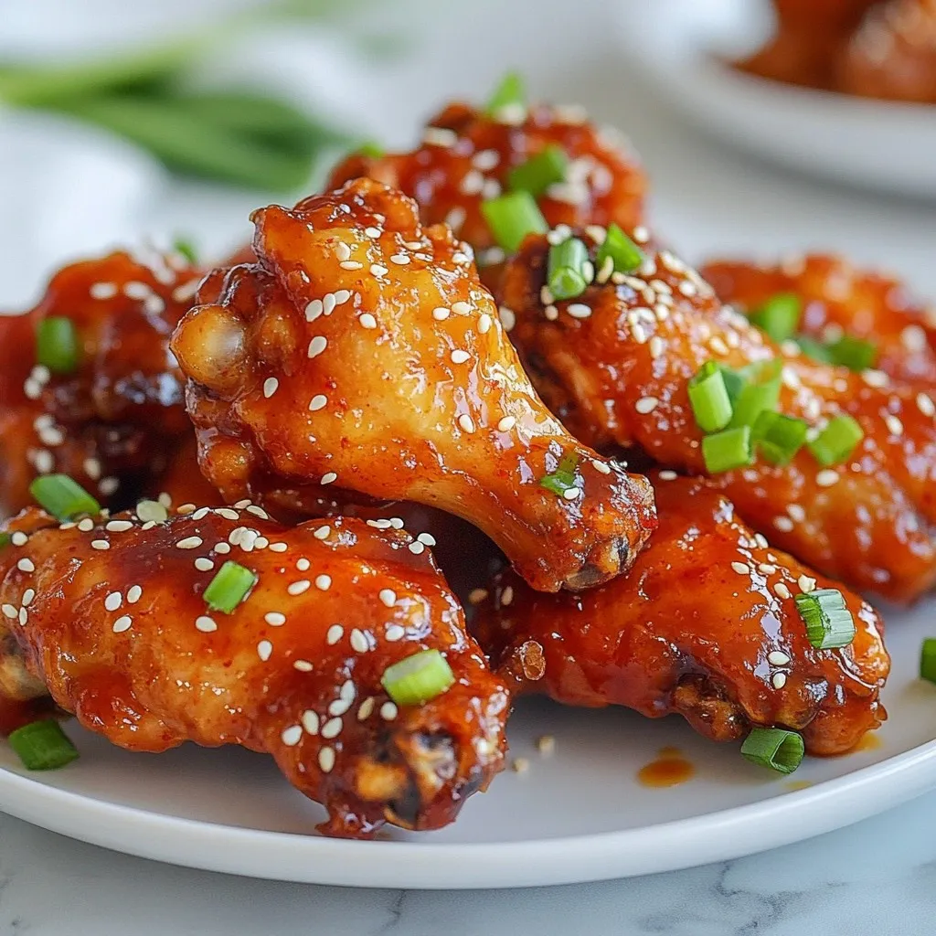 - 2 lbs chicken wings - 1/4 cup gochujang (Korean red chili paste) - 2 tablespoons soy sauce - 1 tablespoon sesame oil - 2 tablespoons honey - 4 cloves garlic, minced - 1-inch piece ginger, grated - 1 tablespoon rice vinegar - 1 teaspoon black pepper The main star of this dish is chicken wings. They are juicy and tender. The marinade adds great flavor. Gochujang gives a nice kick. The soy sauce adds saltiness. Sesame oil gives a rich taste. Honey balances the heat with sweetness. Garlic and ginger add depth. Rice vinegar brings in a bit of tang. Black pepper enhances all the flavors. - 1 tablespoon sesame seeds, for garnish - 2 green onions, chopped, for garnish Garnishes make wings look pretty and add flavor. Sesame seeds give a nutty crunch. Chopped green onions add freshness. They also make your dish pop with color. - Alternatives for gochujang: You can use sriracha for a different spice. Chili paste can work too, but it may lack some depth. - Honey substitutes: Maple syrup adds sweetness but changes the flavor. Agave syrup is a good vegan option. Brown sugar can add sweetness too, but it will need to be dissolved in warm water. These substitutes work well, but each will change the taste slightly. Choose based on your needs and what you have at home. {{ingredient_image_1}} To start, you need to mix the marinade ingredients. In a large bowl, combine the gochujang, soy sauce, sesame oil, honey, minced garlic, grated ginger, rice vinegar, and black pepper. Whisk these until you have a smooth mixture. This marinade adds deep flavors and a spicy kick to the wings. Marinating time is key. Letting the wings soak in the marinade helps the flavors to blend. If you have time, marinate for at least one hour. For the best taste, leave them overnight. Now it's time to coat the wings. Take the chicken wings and place them in the bowl with the marinade. Use your hands to ensure each wing is well coated. Don't rush this part; it’s crucial for good flavor. Next, cover the bowl and put it in the fridge. This keeps the wings cool and allows the marinade to work its magic. Let them sit for at least one hour for a tasty result. Preheat your oven to 425°F (220°C). This high temperature helps to crisp the wings. Line a baking sheet with aluminum foil. Place a wire rack on top. This lets hot air flow around the wings, making them crispy. After marinating, take the wings out of the fridge. Place them on the wire rack in a single layer. Bake for 25 to 30 minutes. Flip the wings halfway through to ensure they cook evenly. They should turn golden brown and crispy. While the wings bake, strain the remaining marinade into a small saucepan. Bring it to a boil, then reduce the heat and let it simmer for about five minutes. This thickens the sauce, making it perfect for glazing. Once the wings are done, toss them in the thickened glaze. Make sure they are evenly coated. This step adds even more flavor and a sticky texture. Enjoy your delicious Spicy Korean Chicken Wings! To get crispy skin on your wings, you need to dry them well. Pat them with paper towels before marinating. This helps remove moisture. The key is also baking them on a wire rack. A wire rack allows hot air to circulate around the wings, making them crispier. Place the wings in a single layer on the rack. This way, they won’t steam each other while cooking. Do you want milder wings? Simply reduce the amount of gochujang in the marinade. You can start with just 2 tablespoons. If you want more heat, add extra gochujang. You can also include red pepper flakes for a spicy kick. Taste the marinade before using it to find your perfect spice level. These wings taste great with sides like rice or fresh veggies. You can also serve them with dipping sauces. A cool yogurt dip balances the heat well. As for drinks, beer pairs nicely with spicy wings. If you prefer something non-alcoholic, try a sweet tea or soda. These drinks make your meal even more enjoyable. Pro Tips Marinate Longer for More Flavor: For the best flavor, marinate the wings overnight. This allows the spices to penetrate the meat deeply, giving you a richer taste. Use a Wire Rack: Elevating the wings on a wire rack while baking ensures even heat circulation, resulting in crispier skin all around. Reserve Some Marinade: Before adding the marinade to the raw chicken, set aside a portion for glazing after baking. This avoids cross-contamination and enhances the flavor. Adjust Spice Level: If you prefer milder wings, reduce the amount of gochujang or add a bit of ketchup to balance the heat while maintaining sweetness. {{image_2}} You can change the taste of these spicy Korean chicken wings. One way is to make a sweet and spicy version. Add more honey for sweetness. This balance makes the wings fun and tasty. Another option is to add citrus elements. Squeeze some lime or lemon juice into the marinade. This adds a fresh zing that brightens the dish. You can also use orange juice for a sweeter twist. You don't have to bake these wings if you want to try other methods. Grilling them gives a smoky flavor. Just marinate as usual, then grill until golden brown. You can also use an Instant Pot or air fryer. The Instant Pot cooks them fast and keeps them juicy. The air fryer gives you crispy wings without much oil. Both methods save time and effort. These wings work great as appetizers. Serve them on platters with toothpicks for easy eating. Pair them with dips like ranch or blue cheese for fun flavors. You can also adapt these wings for meal prep. Make a big batch and store them in containers. They are perfect for quick lunches or snacks during the week. Just reheat and enjoy! To keep your spicy Korean chicken wings fresh, follow these tips: - Place wings in an airtight container. - Store them in the fridge. These wings can last for about 3 to 4 days. After that, their taste might fade. When reheating, you have options. You can use the oven or microwave: - Oven: Preheat to 350°F (175°C). Place wings on a baking sheet. Heat for about 10-15 minutes. This keeps them crispy. - Microwave: This method is fast. Place wings on a plate. Heat in short bursts, about 30 seconds each. This may make them less crispy. If you want to freeze the wings, here’s how: - Place cooled wings in a freezer bag. - Squeeze out the air before sealing. - They can last up to 3 months in the freezer. When you’re ready to eat, thaw the wings in the fridge overnight. This keeps them safe and tasty. Gochujang is a red chili paste from Korea. It is made from Korean red chili powder, glutinous rice, fermented soybeans, and salt. The paste has a sweet-spicy flavor with a rich umami taste. It gives dishes heat and depth. You’ll find it in many Korean recipes, and it adds a unique kick to your meals. Yes, you can use other types of chicken. Chicken drumsticks or thighs work well as substitutes. Just adjust cooking times as needed. Bone-in pieces stay juicy and flavorful. If you prefer boneless, cut chicken breasts into bite-sized pieces. These wings have a good level of heat. Gochujang is spicy but also sweet. The heat varies depending on the brand and amount used. For a milder flavor, you can reduce the amount of gochujang. Taste as you go to find your perfect heat level. Absolutely! You can marinate the wings a day early. This helps the flavors soak in well. Just keep the wings covered in the fridge. Bake them fresh when you’re ready to serve. This way, you enjoy hot, crispy wings without the stress. This blog post covered how to make tasty chicken wings with a flavorful marinade. We discussed main ingredients, optional garnishes, and substitutes for gochujang and honey. You learned about marinating the wings for the best taste and techniques for baking them. We also explored tips for perfect texture, adjusting spice levels, and serving ideas. Lastly, we examined storage practices and answered common questions. Now, you can confidently create wings that impress everyone. Enjoy cooking and share your delicious results!