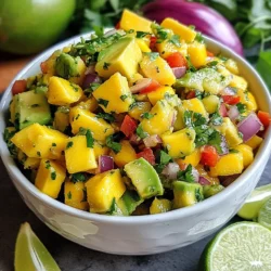 To make the best mango avocado salsa, gather these fresh ingredients: - 1 ripe mango, diced - 2 ripe avocados, diced - 1/2 red onion, finely chopped - 1 red bell pepper, diced - 1 jalapeño, minced (seeds removed for less heat) - 1/4 cup fresh cilantro, chopped - Juice of 2 limes - 2 tablespoons olive oil - Salt and pepper to taste Choosing ripe avocados and mangoes is key. Ripe fruits are soft but not mushy. They should yield slightly to gentle pressure. This ensures a creamy texture in the salsa. A ripe mango brings sweetness and a rich flavor. Ripe avocados add creaminess that balances the other ingredients. If you use under ripe fruit, the salsa may taste bland and lack depth. You can boost flavors with these optional add-ins: - Chopped garlic for a sharp bite - Diced tomatoes for extra juiciness - A dash of cumin for warmth - Chopped green onions for a fresh crunch Try these to create your perfect mix! Customize your salsa based on your taste. The possibilities are endless, and you can make it your own. {{ingredient_image_1}} Start by gathering all your ingredients. You need: - 1 ripe mango, diced - 2 ripe avocados, diced - 1/2 red onion, finely chopped - 1 red bell pepper, diced - 1 jalapeño, minced (seeds removed for less heat) - 1/4 cup fresh cilantro, chopped - Juice of 2 limes - 2 tablespoons olive oil - Salt and pepper to taste First, peel and dice the mango. It should be sweet and juicy. Next, cut the avocados. Make sure they are ripe but firm. Then, finely chop the red onion. This adds a nice crunch and flavor. Dice the red bell pepper for color and taste. Finally, mince the jalapeño, but remove the seeds if you want less heat. In a large bowl, add the diced mango and avocados. Then, add the red onion, red bell pepper, and jalapeño. Toss in the chopped cilantro next. Gently mix everything together. Be careful not to mash the avocados. You want nice pieces for texture. This mix is bright and colorful. It looks great and smells fresh. In a small bowl, whisk together the lime juice, olive oil, salt, and pepper. This dressing brings all the flavors together. Once mixed, pour it over your salsa ingredients. Gently toss everything again. Taste the salsa and adjust seasoning if needed. If it needs more flavor, add a bit more salt or lime juice. After mixing, cover the bowl with plastic wrap. Let it sit for at least 15 minutes. This helps the flavors meld. Enjoy this tasty salsa with chips or on grilled fish! To cut a mango, start by slicing off the sides of the pit. Hold the mango upright. Cut down along the pit, making two long slices. You will have two large pieces and the middle part with the pit. Take each piece and score it in a grid pattern, then scoop out the cubes with a spoon. For avocados, cut them in half around the pit. Twist the halves to separate them. Carefully hit the pit with a knife to remove it. Use a spoon to scoop the flesh out of the skin. Dice the flesh into small pieces for your salsa. This method keeps the cubes nice and neat. Avocados brown quickly when exposed to air. To prevent this, use lime juice. The acid in lime slows down browning. Toss the diced avocado in lime juice right after cutting. This keeps it fresh and green. If you have leftovers, cover the salsa tightly with plastic wrap. Press the wrap directly onto the surface of the salsa. You can also store avocado halves with the pit still in them. This helps slow down the browning as well. Mango avocado salsa is great with tortilla chips. It adds a fresh bite to your favorite snacks. You can also use it as a topping for grilled fish or chicken. The flavors pair well with the smoky taste from grilling. For a fun twist, serve it on tacos or burrito bowls. You can even add it to salads for a burst of flavor. Garnish with extra lime wedges and cilantro for a bright look. This salsa brings color and taste to any meal! Pro Tips Choose Ripe Ingredients: Ensure that your mangoes and avocados are perfectly ripe for the best flavor and texture. A ripe mango should give slightly when pressed, and a ripe avocado should feel soft yet firm to the touch. Adjust Heat Level: If you prefer a milder salsa, be sure to remove all the seeds and membranes from the jalapeño. For those who enjoy a kick, leave some seeds in. Let it Rest: Allow the salsa to sit for at least 15 minutes before serving. This resting time helps the flavors to meld and develop a more cohesive taste. Serving Suggestions: This salsa pairs wonderfully with tortilla chips, but also makes an excellent topping for grilled fish, chicken, or tacos for added freshness. {{image_2}} To add some heat, include more jalapeño. You can also add diced serrano peppers. Just remember, the seeds hold most of the heat. If you like it spicy, keep them in. For a twist, try adding a pinch of cayenne pepper. It gives the salsa a nice kick. For a fun tropical twist, add fresh pineapple. Diced pineapple pairs well with mango and avocado. The sweet and tart flavors blend perfectly. Use about 1 cup of diced pineapple. Mix it in with the other ingredients. This version is great for summer barbecues. It brings a refreshing taste to your table. You can make this salsa even more filling. Try adding black beans or corn for extra texture. These ingredients boost protein and fiber. Chopped bell peppers can also add color and crunch. If you want a bit of tang, consider adding diced tomatoes. They enhance the flavor and make the salsa more vibrant. To store leftover mango avocado salsa, you need an airtight container. Place the salsa in the container and seal it tightly. This keeps the salsa fresh and prevents it from absorbing other fridge odors. Try to use it within a few days for the best taste. You can freeze mango avocado salsa, but it may change in texture. Start by placing the salsa in a freezer-safe container. Leave some room at the top for expansion. When you are ready to use it, thaw it in the fridge overnight. Use it within three months for the best flavor. Mango avocado salsa stays fresh in the fridge for about three days. After that, the avocado may brown and the flavors might fade. To keep it fresh longer, store the salsa without the avocado. Mix in the avocado just before serving. This keeps it bright and tasty. You can serve Mango Avocado Salsa with many dishes. It pairs well with tortilla chips. This salsa also shines on grilled fish or chicken. Try it with tacos for a fresh twist. It adds a burst of flavor to salads, too. You can even top your favorite nachos with it. The sweet mango and creamy avocado complement spicy foods perfectly. Yes, you can make this salsa ahead of time. Prepare it a few hours before serving. This allows the flavors to mix better. Just remember to cover it tightly. You can store it in the fridge until you’re ready to serve. However, if you prepare it too early, the avocados may brown. Mango Avocado Salsa lasts about 1-2 days in the fridge. After that, the avocados can turn brown and mushy. Make sure to store it in an airtight container. This helps keep it fresh longer. If you find it browning, you can mix it again. Just toss in a little lime juice to brighten it up. This blog post covered how to make a flavorful mango avocado salsa. We discussed the best fresh ingredients and their importance. I shared tips for preparation and serving, along with ways to enhance the flavors. We explored exciting variations and storage tips to keep it fresh. In closing, this salsa is a fun dish that adds zest to meals. I encourage you to try your own twist and enjoy!