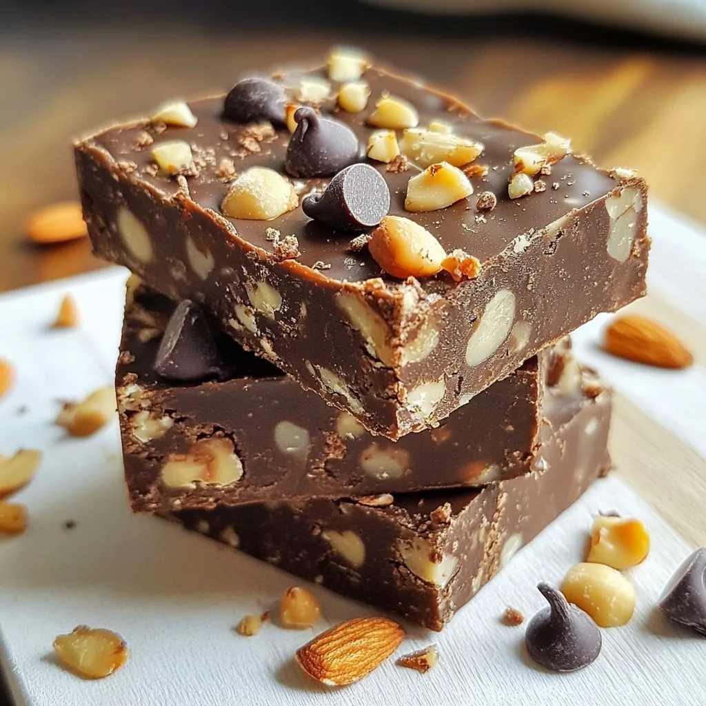 To make chocolate almond energy bars, gather these simple ingredients: - 1 cup rolled oats - 1/2 cup almond butter - 1/4 cup honey or maple syrup - 1/2 cup dark chocolate chips - 1/2 cup chopped almonds - 1/4 cup ground flaxseed - 1/2 teaspoon vanilla extract - Pinch of salt These ingredients create a tasty and healthy snack. You will enjoy the blend of flavors and textures. If you need substitutes, here are some great options: - Rolled oats: Use quick oats or even oat flour for a different texture. - Almond butter: Sunflower seed butter works well for nut-free bars. - Honey or maple syrup: Agave nectar or brown rice syrup is a good alternative. - Dark chocolate chips: Use milk chocolate or white chocolate for a sweeter taste. - Chopped almonds: Any nut or seed can replace almonds, like walnuts or pumpkin seeds. - Ground flaxseed: Chia seeds can be used instead for a similar effect. Feel free to mix and match based on what you have at home. These energy bars are not just tasty; they are also nutritious. Each bar provides: - Calories: About 150 calories per bar - Protein: Roughly 5 grams - Fat: Approximately 8 grams, mostly healthy fats from almond butter and nuts - Carbohydrates: About 15 grams, with fiber from oats and flaxseed These bars make a great snack before or after exercise. They keep you energized and full. {{ingredient_image_1}} To make these tasty energy bars, start by gathering your ingredients. You need rolled oats, almond butter, honey or maple syrup, dark chocolate chips, chopped almonds, ground flaxseed, vanilla extract, and a pinch of salt. 1. Mix Dry Ingredients: In a large bowl, combine 1 cup of rolled oats, 1/4 cup of ground flaxseed, and a pinch of salt. Stir these well to mix evenly. 2. Melt Wet Ingredients: In a small saucepan over low heat, melt together 1/2 cup of almond butter and 1/4 cup of honey or maple syrup until smooth. 3. Add Flavor: Once melted, remove the saucepan from heat and stir in 1/2 teaspoon of vanilla extract. This adds a nice flavor to the bars. 4. Combine Mixtures: Pour the melted almond butter mixture over your dry ingredients. Mix well until everything is coated. 5. Stir in Extras: Fold in 1/2 cup of dark chocolate chips and 1/2 cup of chopped almonds. Make sure the mixture is sticky and well combined. To get the best results, use a few simple techniques: - Press Firmly: Line an 8x8 inch baking dish with parchment paper. Make sure to leave some paper hanging over the edges. Transfer your mixture to the dish and press it down firmly with a spatula or your hands. This helps the bars hold together. - Chill to Set: Place the dish in the refrigerator for at least 30 minutes. Cooling helps the bars firm up, making them easier to cut later. Once your bars are set, it’s time to cut and serve: 1. Lift Out: Use the parchment paper to lift the entire mixture out of the dish. 2. Cut into Bars: With a sharp knife, cut the mixture into bars of your desired size. 3. Serving Suggestion: Stack the bars on a wooden board. For a nice touch, sprinkle some chopped almonds and chocolate chips on top. 4. Storage Tip: Store any extras in an airtight container. This way, you have a quick snack ready whenever you need it! When making Chocolate Almond Energy Bars, start with dry ingredients first. Mix rolled oats, ground flaxseed, and salt in a large bowl. Stir them well to combine. This helps ensure an even texture. Next, melt almond butter and honey together in a saucepan. Make sure they blend smoothly. Once melted, add the vanilla extract. Pour this mixture over your dry ingredients. Use a spatula to mix everything together. Ensure every bit is coated. The mix should feel sticky but not too wet. To keep your energy bars fresh, store them in an airtight container. This helps maintain their taste and texture. You can keep them in the fridge for up to a week. For longer storage, freeze the bars. Cut them into pieces before freezing. Wrap each bar in plastic wrap to prevent freezer burn. When ready to eat, just take one out and let it thaw for a bit. You can add fun twists to your bars for more flavor. Try adding a pinch of cinnamon or nutmeg to the dry mix. This adds warmth and depth. If you want more crunch, include sunflower seeds or pumpkin seeds. Dark chocolate chips bring rich flavor, but you can use white chocolate too. Adjust the sweetness by adding more or less honey based on your taste. This way, you can create a bar you really enjoy! Pro Tips Use Fresh Ingredients: Fresh almond butter and high-quality dark chocolate chips will enhance the flavor of your energy bars significantly. Adjust Sweetness to Taste: Depending on your preference, you can adjust the amount of honey or maple syrup for a sweeter or less sweet bar. Customize Your Nuts: Feel free to mix in different nuts or seeds like walnuts or pumpkin seeds for added texture and flavor. Store Properly: Keep your energy bars in an airtight container in the refrigerator to maintain their freshness for longer periods. {{image_2}} You can easily change the ingredients in your energy bars. Instead of almond butter, use peanut butter or cashew butter. Each nut butter brings a different taste and texture. If you want sweetness, try agave syrup or coconut nectar instead of honey. Add in some dried fruit, like cranberries or raisins. They bring extra flavor and chewiness. You can also swap dark chocolate chips for white chocolate or even carob chips. This lets you play with sweetness and flavor. Want to switch up the taste? Try adding spices. A dash of cinnamon or nutmeg can add warmth. You can also mix in cocoa powder for a richer chocolate flavor. For a bit of zest, add some orange or lemon zest. If you love coconut, consider adding shredded coconut. It gives a tropical twist. Each of these changes makes your bars unique and tasty. Seasons bring different flavors. In fall, add pumpkin spice or roasted pumpkin seeds for a cozy feel. In summer, toss in fresh berries for a juicy bite. During the winter, consider using peppermint extract. It gives a festive taste. You can also add seasonal nuts like pecans or walnuts for crunch. These variations keep your energy bars fresh and fun all year round. To keep your Chocolate Almond Energy Bars fresh, start with an airtight container. This will keep moisture out and prevent them from drying out. You can also wrap each bar in plastic wrap for extra protection. This makes them easy to grab when you're on the go. These bars can last up to a week in the fridge. If you want them to last longer, consider freezing them. They can stay fresh in the freezer for up to three months. To freeze, wrap the bars tightly in plastic wrap and place them in a freezer bag. This helps prevent freezer burn and keeps them tasting great. When you're ready to eat, just take one out and let it thaw at room temperature for a bit. For short-term storage, use a glass or plastic container with a tight lid. If you prefer, use a resealable bag. Make sure to remove as much air as possible before sealing. For long-term storage in the freezer, a heavy-duty freezer bag works best. It keeps out air and moisture, which can ruin your delicious bars. To make these bars vegan, simply replace honey with maple syrup. Maple syrup is a great choice. It adds sweetness and keeps the texture smooth. Ensure your dark chocolate chips are dairy-free. Check the label to confirm they are vegan-friendly. Yes, you can use other nut butters. Almond butter works well, but you can try peanut butter or cashew butter. Each nut butter brings a unique flavor. Just make sure the texture is similar to almond butter. This way, your bars stay sticky and hold together well. Chocolate almond energy bars offer many health benefits. They are rich in protein from almond butter and almonds. This helps keep you full longer. The rolled oats provide fiber, which supports digestion. Dark chocolate is a source of antioxidants, which are good for health. Ground flaxseed adds omega-3 fatty acids, helping heart health. Overall, these bars make a tasty and nutritious snack option. In this post, we explored making tasty chocolate almond energy bars. We covered the ingredients, cooking steps, and even storage tips. You learned how to mix flavors and customize your bars. Keeping them fresh is easy with the right containers. These bars are a great snack. They fit many diets and boost your energy. I hope you try making them soon! They are fun and healthy.