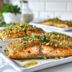 To make the pistachio crusted salmon, you need the following ingredients: - 4 salmon fillets - 1 cup unsalted pistachios, shelled - 1 tablespoon Dijon mustard - 2 tablespoons honey - 2 tablespoons olive oil - 1 lemon (zested and juiced) - Salt and pepper to taste - Fresh parsley, for garnish These ingredients come together to create a dish that is both tasty and simple. The salmon fillets are the star of the show, being rich in flavor and healthy. The unsalted pistachios give a nice crunch and nutty taste. Dijon mustard adds a bit of tang, while honey brings in sweetness. Olive oil helps with moisture and flavor. The lemon zest and juice brighten the dish, making it fresh. Don't forget to season the salmon with salt and pepper for balance. Lastly, fresh parsley gives a pop of color and freshness when you serve it. Each ingredient works together to create a delightful meal you can enjoy any night of the week. {{ingredient_image_1}} - Preheat your oven to 375°F (190°C). Line a baking sheet with parchment paper. - In a food processor, pulse the shelled pistachios until they are coarsely ground. You want a mix of fine and chunky pieces. Transfer these to a shallow bowl. - In a separate bowl, mix together the Dijon mustard, honey, olive oil, lemon zest, lemon juice, salt, and pepper. Stir until well combined. - Pat the salmon fillets dry with paper towels. Season both sides with salt and pepper. - Brush a generous amount of the mustard-honey mixture onto the top of each salmon fillet. Make sure each piece is evenly coated. - Firmly press the salmon fillets into the ground pistachios. Cover the top completely with nuts. - Place the salmon fillets on the prepared baking sheet. Bake for about 15-20 minutes. Check for doneness; the salmon should flake easily with a fork. - After baking, let the salmon rest for 2-3 minutes. This helps keep it juicy. - Garnish the salmon with fresh parsley before serving. Enjoy the vibrant colors and flavors! To get a perfect pistachio crust, grind the nuts just right. Use a food processor and pulse until they are coarsely ground. You want some fine bits and some chunky pieces. This mix adds great texture to your dish. For cooking the salmon, aim for 15-20 minutes in the oven at 375°F. The salmon should flake easily with a fork when done. If you have a food thermometer, check for an internal temp of 145°F. This ensures it’s cooked just right and safe to eat. Adjust the seasoning to fit your taste. If you love a bit of spice, add some cayenne pepper to the mustard-honey mix. For a bright twist, try adding fresh dill or thyme. Consider alternative toppings or sauces for variety. A dollop of yogurt sauce or a drizzle of balsamic glaze can add new flavors. You can also serve it with a squeeze of fresh lemon juice to brighten the dish. Pro Tips Fresh Ingredients: Always use fresh salmon and high-quality pistachios for the best flavor and texture. Don’t Overprocess: When grinding the pistachios, ensure there is a mix of fine and chunky pieces for a better crust. Resting Time: Allow the salmon to rest for a few minutes after baking to enhance its juiciness before serving. Variations: Experiment with different nuts like almonds or walnuts for a unique twist on the crust. {{image_2}} You can switch up the nuts in your crust. Almonds or walnuts work great too. They add unique flavors. If you want a different taste, try pecans. You can also use sunflower seeds for a nut-free option. For sweeteners, honey is a classic choice. You can swap it with maple syrup if you like. Agave nectar is another good option. It gives a sweet touch without being too heavy. You can grill the salmon instead of baking it. Grilling gives the fish a smoky flavor. It also creates nice grill marks. Just brush the salmon with oil and place it on the grill. Cook it for about six to eight minutes on each side. Broiling is another method to try. It cooks the salmon faster and gives it a crispy top. Place the salmon under the broiler for about six to eight minutes. Just watch it closely to avoid burning. Pair your pistachio crusted salmon with side dishes. Roasted vegetables or a fresh salad are great choices. You can also serve it with quinoa or rice for a filling meal. For creative plating, serve the salmon on a bed of mixed greens. Drizzle extra lemon juice over the top. You can add a sprinkle of fresh herbs for color. This makes the dish look even more delicious! To keep your pistachio crusted salmon fresh, store it in the fridge. Place the leftovers in an airtight container. They can stay good for up to three days. Make sure the salmon cools down before sealing it. For longer storage, you can freeze the salmon. Wrap each fillet in plastic wrap and place them in a freezer bag. This way, they can last for about three months. When you want to enjoy your leftover salmon, reheating it well is key. The best way is to use the oven. Preheat it to 350°F (175°C). Place the salmon on a baking tray and cover it with foil. This helps keep it moist. Heat for about 10-15 minutes. You can also use a microwave, but be careful not to overcook it. Heat on low power for short bursts. This way, you keep the salmon tender and tasty. What type of salmon is best for this recipe? I recommend using good-quality salmon fillets. Wild-caught salmon, like sockeye or king, has great flavor. Farmed salmon works too but can be richer. Look for bright color and firm texture. Fresh is best, but frozen can be just as good if thawed properly. Can I prepare this dish in advance? Yes, you can prep some elements ahead. Make the mustard-honey mix and ground pistachios a day before. Keep them in the fridge. You can also coat the salmon with the mixture and pistachios, but bake it right before serving for the best results. How can I tell when salmon is cooked through? Salmon is done when it flakes easily with a fork. Insert a fork into the thickest part and twist gently. If it separates, it’s ready. The flesh should turn from translucent to opaque. An internal temperature of 145°F (63°C) is safe to eat. Caloric content per serving Each serving of pistachio crusted salmon has about 400-450 calories. This can vary based on the salmon size and added ingredients. Breakdown of macronutrients - Protein: 30-35 grams - Fat: 25-30 grams - Carbohydrates: 10-15 grams This dish is high in protein and healthy fats, making it a good choice for a balanced meal. This guide covered how to make delicious pistachio-crusted salmon. You learned the key ingredients, simple steps, and helpful tips for cooking. We explored variations and how to store and reheat leftovers. As you cook this dish, remember to enjoy the process. Cooking should be fun and rewarding. With these tools, you can create a meal that’s tasty and nutritious. Enjoy your time in the kitchen!