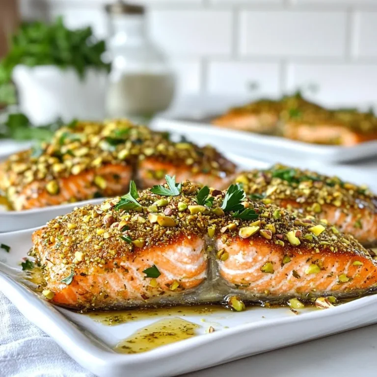 To make the pistachio crusted salmon, you need the following ingredients: - 4 salmon fillets - 1 cup unsalted pistachios, shelled - 1 tablespoon Dijon mustard - 2 tablespoons honey - 2 tablespoons olive oil - 1 lemon (zested and juiced) - Salt and pepper to taste - Fresh parsley, for garnish These ingredients come together to create a dish that is both tasty and simple. The salmon fillets are the star of the show, being rich in flavor and healthy. The unsalted pistachios give a nice crunch and nutty taste. Dijon mustard adds a bit of tang, while honey brings in sweetness. Olive oil helps with moisture and flavor. The lemon zest and juice brighten the dish, making it fresh. Don't forget to season the salmon with salt and pepper for balance. Lastly, fresh parsley gives a pop of color and freshness when you serve it. Each ingredient works together to create a delightful meal you can enjoy any night of the week. {{ingredient_image_1}} - Preheat your oven to 375°F (190°C). Line a baking sheet with parchment paper. - In a food processor, pulse the shelled pistachios until they are coarsely ground. You want a mix of fine and chunky pieces. Transfer these to a shallow bowl. - In a separate bowl, mix together the Dijon mustard, honey, olive oil, lemon zest, lemon juice, salt, and pepper. Stir until well combined. - Pat the salmon fillets dry with paper towels. Season both sides with salt and pepper. - Brush a generous amount of the mustard-honey mixture onto the top of each salmon fillet. Make sure each piece is evenly coated. - Firmly press the salmon fillets into the ground pistachios. Cover the top completely with nuts. - Place the salmon fillets on the prepared baking sheet. Bake for about 15-20 minutes. Check for doneness; the salmon should flake easily with a fork. - After baking, let the salmon rest for 2-3 minutes. This helps keep it juicy. - Garnish the salmon with fresh parsley before serving. Enjoy the vibrant colors and flavors! To get a perfect pistachio crust, grind the nuts just right. Use a food processor and pulse until they are coarsely ground. You want some fine bits and some chunky pieces. This mix adds great texture to your dish. For cooking the salmon, aim for 15-20 minutes in the oven at 375°F. The salmon should flake easily with a fork when done. If you have a food thermometer, check for an internal temp of 145°F. This ensures it’s cooked just right and safe to eat. Adjust the seasoning to fit your taste. If you love a bit of spice, add some cayenne pepper to the mustard-honey mix. For a bright twist, try adding fresh dill or thyme. Consider alternative toppings or sauces for variety. A dollop of yogurt sauce or a drizzle of balsamic glaze can add new flavors. You can also serve it with a squeeze of fresh lemon juice to brighten the dish. Pro Tips Fresh Ingredients: Always use fresh salmon and high-quality pistachios for the best flavor and texture. Don’t Overprocess: When grinding the pistachios, ensure there is a mix of fine and chunky pieces for a better crust. Resting Time: Allow the salmon to rest for a few minutes after baking to enhance its juiciness before serving. Variations: Experiment with different nuts like almonds or walnuts for a unique twist on the crust. {{image_2}} You can switch up the nuts in your crust. Almonds or walnuts work great too. They add unique flavors. If you want a different taste, try pecans. You can also use sunflower seeds for a nut-free option. For sweeteners, honey is a classic choice. You can swap it with maple syrup if you like. Agave nectar is another good option. It gives a sweet touch without being too heavy. You can grill the salmon instead of baking it. Grilling gives the fish a smoky flavor. It also creates nice grill marks. Just brush the salmon with oil and place it on the grill. Cook it for about six to eight minutes on each side. Broiling is another method to try. It cooks the salmon faster and gives it a crispy top. Place the salmon under the broiler for about six to eight minutes. Just watch it closely to avoid burning. Pair your pistachio crusted salmon with side dishes. Roasted vegetables or a fresh salad are great choices. You can also serve it with quinoa or rice for a filling meal. For creative plating, serve the salmon on a bed of mixed greens. Drizzle extra lemon juice over the top. You can add a sprinkle of fresh herbs for color. This makes the dish look even more delicious! To keep your pistachio crusted salmon fresh, store it in the fridge. Place the leftovers in an airtight container. They can stay good for up to three days. Make sure the salmon cools down before sealing it. For longer storage, you can freeze the salmon. Wrap each fillet in plastic wrap and place them in a freezer bag. This way, they can last for about three months. When you want to enjoy your leftover salmon, reheating it well is key. The best way is to use the oven. Preheat it to 350°F (175°C). Place the salmon on a baking tray and cover it with foil. This helps keep it moist. Heat for about 10-15 minutes. You can also use a microwave, but be careful not to overcook it. Heat on low power for short bursts. This way, you keep the salmon tender and tasty. What type of salmon is best for this recipe? I recommend using good-quality salmon fillets. Wild-caught salmon, like sockeye or king, has great flavor. Farmed salmon works too but can be richer. Look for bright color and firm texture. Fresh is best, but frozen can be just as good if thawed properly. Can I prepare this dish in advance? Yes, you can prep some elements ahead. Make the mustard-honey mix and ground pistachios a day before. Keep them in the fridge. You can also coat the salmon with the mixture and pistachios, but bake it right before serving for the best results. How can I tell when salmon is cooked through? Salmon is done when it flakes easily with a fork. Insert a fork into the thickest part and twist gently. If it separates, it’s ready. The flesh should turn from translucent to opaque. An internal temperature of 145°F (63°C) is safe to eat. Caloric content per serving Each serving of pistachio crusted salmon has about 400-450 calories. This can vary based on the salmon size and added ingredients. Breakdown of macronutrients - Protein: 30-35 grams - Fat: 25-30 grams - Carbohydrates: 10-15 grams This dish is high in protein and healthy fats, making it a good choice for a balanced meal. This guide covered how to make delicious pistachio-crusted salmon. You learned the key ingredients, simple steps, and helpful tips for cooking. We explored variations and how to store and reheat leftovers. As you cook this dish, remember to enjoy the process. Cooking should be fun and rewarding. With these tools, you can create a meal that’s tasty and nutritious. Enjoy your time in the kitchen!