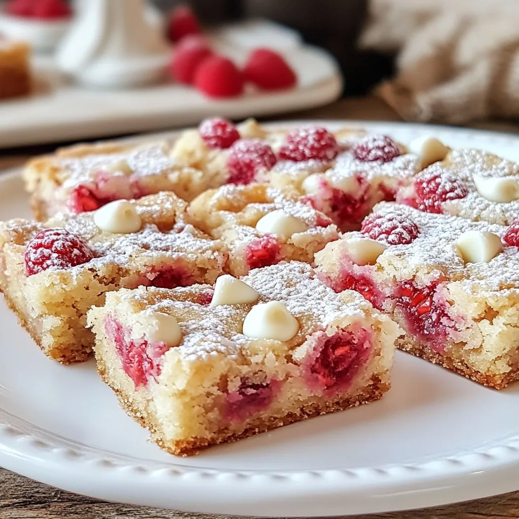 - 1 cup unsalted butter, melted - 1 cup brown sugar, packed - 1/2 cup granulated sugar - 2 large eggs - 2 teaspoons vanilla extract - 2 cups all-purpose flour - 1/2 teaspoon baking powder - 1/4 teaspoon salt - 1 cup white chocolate chips - 1 cup fresh raspberries (or frozen, thawed) To make delicious raspberry white chocolate blondies, you need simple and fresh ingredients. Start with unsalted butter. It gives a rich taste. The butter should be melted, which helps mix it well with the sugars. The sugars add sweetness and moisture. Use both brown and granulated sugar. Brown sugar gives a soft texture and caramel flavor. Granulated sugar adds a bit of crunch. You will also need two large eggs. They help bind everything together. Vanilla extract adds a lovely flavor. Use pure vanilla for the best taste. The flour is the base of the blondies, so all-purpose flour works great. Baking powder helps the blondies rise. Salt balances the sweetness. Now for the fun part: the mix-ins! White chocolate chips add creamy sweetness. Fresh raspberries bring a bright and tart flavor, making each bite special. You can also use frozen raspberries if fresh ones aren't available. - Chopped nuts (such as walnuts or pecans) - Coconut flakes - Additional chocolate chips (dark or milk) You can mix in chopped nuts for a nice crunch. Coconut flakes add a tropical twist. If you love chocolate, try adding more chocolate chips. Each of these options makes the blondies even better. {{ingredient_image_1}} First, preheat your oven to 350°F (175°C). This step is key for even baking. Prepare a 9x13 inch baking pan by greasing it or lining it with parchment paper. This makes removal easy later. Next, in a large mixing bowl, combine 1 cup of melted butter, 1 cup of brown sugar, and 1/2 cup of granulated sugar. Whisk these together until smooth. Then, add in 2 large eggs, one at a time. Make sure each egg mixes well before adding the next. Finally, stir in 2 teaspoons of vanilla extract for flavor. In a separate bowl, whisk together 2 cups of all-purpose flour, 1/2 teaspoon of baking powder, and 1/4 teaspoon of salt. Whisking helps to mix the dry ingredients well and adds air. Now, gradually fold the dry mixture into the wet ingredients. Use a spatula or wooden spoon. Fold gently until just combined. Be careful not to overmix, as this can make the blondies tough. Gently fold in 1 cup of white chocolate chips and 1 cup of fresh (or thawed frozen) raspberries. Make sure they are evenly distributed but avoid crushing the raspberries too much. Pour the batter into the prepared baking pan. Spread it out evenly with a spatula. Bake in your preheated oven for 25-30 minutes. The edges should look golden brown. A toothpick inserted in the center should come out with a few moist crumbs. Let the blondies cool in the pan for at least 15 minutes. If you used parchment paper, lift them out to cool completely on a wire rack. Once cool, cut into squares and enjoy! To make the best blondies, focus on texture and flavor. Start with melted butter, as it makes the blondies soft and chewy. Mix the sugars well for a smooth batter. Be gentle when adding the flour. Overmixing can lead to dense blondies. Bake until the edges are golden and the center has a few moist crumbs. This ensures a perfect balance of gooey and firm. You can customize this recipe easily. If you need a dairy-free option, use coconut oil instead of butter. For a lower sugar option, try coconut sugar. If you cannot find white chocolate chips, use dark chocolate chips; they will still taste great. For gluten-free blondies, swap the all-purpose flour with a gluten-free blend. These swaps keep the flavors intact while meeting your dietary needs. A beautiful presentation makes your blondies even more appealing. Dust the top with powdered sugar for a sweet touch. Serve them on a nice platter. Add fresh raspberries on top or around the sides for color. You can also drizzle melted white chocolate over them for flair. A simple, elegant look will impress your guests! Pro Tips Use Room Temperature Eggs: This helps the ingredients blend together more smoothly, resulting in a better texture for your blondies. Don't Overmix the Batter: Gently fold the ingredients together to avoid dense blondies. Overmixing can lead to a tough texture. Cool Before Cutting: Let the blondies cool completely before cutting to ensure clean edges and prevent them from falling apart. Add a Pinch of Lemon Juice: Incorporating a small amount of lemon juice can enhance the tartness of the raspberries, balancing the sweetness of the white chocolate. {{image_2}} You can change up the fruit in your blondies. Try using strawberries or blueberries. Both add great flavor. You can even mix different fruits. For a tropical twist, add pineapple or mango. Each fruit brings its own taste and color. This keeps the recipe fun and fresh. You can also try nuts for crunch. Chopped pecans or walnuts work well too. If you want gluten-free blondies, swap the all-purpose flour. Use a gluten-free blend instead. Make sure it has a good binding agent. For vegan blondies, replace the eggs. Use flax eggs or applesauce. You can also find vegan white chocolate chips. This way, everyone can enjoy these treats! Seasonal changes can inspire your blondies. In fall, add pumpkin spice and pumpkin puree. This gives a cozy flavor. Winter can feature peppermint extract and crushed candy canes. In summer, use fresh peaches or cherries. Each season makes your blondies unique and exciting. Enjoy exploring these variations! To keep your raspberry white chocolate blondies fresh, store them in an airtight container. Make sure the blondies are completely cool before sealing them. This step prevents moisture buildup. You can keep them at room temperature for up to three days. If you want to extend their life, refrigerate them for about a week. Freezing blondies is simple! First, let them cool completely. Then, cut them into squares. Wrap each square in plastic wrap tightly. Place the wrapped squares in a freezer-safe bag. Label the bag with the date. You can freeze them for up to three months. When you want to enjoy a blondie, just take one out and let it thaw at room temperature. To reheat your blondies without losing texture, preheat your oven to 350°F (175°C). Place the blondies on a baking sheet. Heat them for about 5 to 10 minutes. This method keeps them soft and warm. You can also use the microwave. Heat each square for 10-15 seconds. Just be careful not to overheat them, or they may become tough. How to tell when blondies are done baking? You can check if blondies are done by looking for golden edges. Insert a toothpick in the center. If it comes out with a few moist crumbs, your blondies are ready. They should not be wet but also not dry. Keep an eye on them during baking. Start checking at 25 minutes. Can I use frozen raspberries in this recipe? Yes, you can use frozen raspberries. Just make sure to thaw them first. Drain any extra juice. This helps keep your blondies from becoming too wet. The frozen raspberries work well and still taste great in your blondies. What’s the difference between blondies and brownies? Blondies and brownies are both delicious treats but have key differences. Blondies are made with brown sugar and no cocoa powder. They have a sweet, buttery flavor. Brownies use cocoa powder and are chocolatey. This gives them a darker color and richer taste. Both treats are chewy and can have nuts or chips. You learned how to make delicious blondies with sweet raspberries and rich white chocolate. We covered the key ingredients, the step-by-step process, and handy tips for great results. Remember to experiment with flavors and adjust for your dietary needs. Proper storage will keep your treats fresh longer. Enjoy your baking adventure, and don’t hesitate to share these tasty blondies with friends and family. Happy baking!