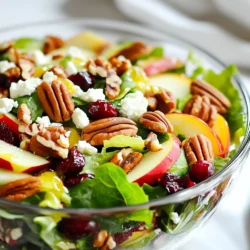 - 4 cups mixed salad greens (spinach, arugula, kale) - 1 large apple, cored and thinly sliced (preferably Honeycrisp or Fuji) - 1 cup fresh cranberries (or dried if out of season) - 1/2 cup pecans, toasted - 1/4 cup feta cheese, crumbled (optional) - 1/4 cup red onion, thinly sliced - 1/4 cup olive oil - 2 tablespoons apple cider vinegar - 1 tablespoon maple syrup - Salt and pepper to taste This salad is a bright mix of flavors and colors. The greens bring a fresh crunch. For the apple, I suggest using a Honeycrisp or Fuji. They add a sweet and juicy bite. If apples are not in season, you can use dried cranberries. Just make sure they are unsweetened to keep the taste balanced. The pecans add a toasty crunch. Toast them in a dry pan over low heat for about 5 minutes. You want them fragrant but not burnt. If you like cheese, you can add feta for a creamy touch. For the dressing, you need olive oil, apple cider vinegar, maple syrup, and some salt and pepper. This mix ties everything together and makes the salad pop. Each ingredient plays a role in creating a tasty and healthy dish. {{ingredient_image_1}} First, rinse and dry the fresh cranberries. This will help remove any dirt and enhance their taste. If you prefer dried cranberries, make sure they are unsweetened. This keeps the balance of flavors just right. Next, let’s toast the pecans. Place them in a dry skillet over medium heat. Stir them for about five minutes until they smell fragrant. Keep an eye on them to avoid burning. Toasted pecans add a warm, nutty flavor to the salad. When slicing the apple, use a sharp knife for clean cuts. I love using Honeycrisp or Fuji apples. These varieties are sweet and crisp. Slice the apple thinly to ensure every bite has a bit of the juicy flavor. Now, let's make the dressing. In a small bowl, whisk together olive oil, apple cider vinegar, and maple syrup. This mix brings a sweet and tangy taste. Don’t forget to add salt and pepper for extra flavor. Taste it and adjust as needed. You want it to be just right. For the best flavor, layer your ingredients. Start with the mixed salad greens at the bottom. Next, add the sliced apple, cranberries, and toasted pecans. If you choose to use feta cheese, sprinkle it on top. This adds a creamy contrast to the crunchy salad. When serving, you have two great options. You can divide the salad into individual plates for a nice touch. Or, serve it family-style in a big bowl. This makes it easy for everyone to help themselves. For a special look, arrange the salad in layers. A clear bowl shows off the colorful ingredients beautifully. Choosing the right apple makes a big difference. Honeycrisp apples are sweet and crunchy. Fuji apples also have a nice sweetness. Granny Smith apples are tart and great for a different flavor. Each type gives a unique taste to the salad. I recommend using Honeycrisp or Fuji for the best results. You can change the dressing if you want. Try using lemon juice instead of apple cider vinegar. This gives a bright flavor. For sweetness, consider agave syrup instead of maple syrup. Both options will keep your salad fresh and tasty. You can mix and match to find your favorite. Making your salad look good is fun! Layer the salad in a clear bowl for a great view. This shows off the bright colors of the cranberries and greens. You can also add extra cranberries and pecans on top for a fancy touch. This small step makes your dish look more inviting and appetizing. Pro Tips Choose the Right Apple: Opt for sweet and crisp varieties like Honeycrisp or Fuji for a refreshing crunch. Toast the Pecans: To enhance their flavor, toast the pecans until they are fragrant. This adds depth to the salad. Dress Just Before Serving: To keep the greens crisp, add the dressing right before serving the salad. Experiment with Cheese: Try goat cheese or blue cheese instead of feta for different flavor profiles that complement the salad. {{image_2}} You can boost the Cranberry Apple Pecan Salad with protein. Try adding grilled chicken for a savory twist. Simply slice it thin and toss it in. You can also use chickpeas or black beans for a plant-based option. These additions make the salad more filling and satisfying. Adapting this salad for different seasons makes it fun. In spring, add fresh strawberries for a sweet touch. In summer, include peach slices for a juicy bite. In fall, swap the apple for a pear. You can change the dressing too. A citrus vinaigrette can brighten up the winter months. Making this salad vegan is easy. Skip the feta cheese and use a vegan dressing. For gluten-free eaters, ensure your dressing does not contain gluten. You can also check for gluten-free beans if you add them. These changes keep everyone happy at the table. To keep your salad fresh, store it in an airtight container. This helps avoid wilting. If possible, separate the dressing from the salad until you are ready to eat. Mixing the dressing in too early makes greens soggy. Use a clean spoon each time you serve to keep it fresh. When stored properly, your salad lasts about three days in the fridge. The greens may start to lose their crispness after a day or two. The apples can brown quickly, so eat them sooner. Cranberries and pecans stay good longer, about a week. You can make parts of this salad ahead of time. Wash and dry the greens, then keep them in the fridge. Slice the apples just before serving to keep them crisp and fresh. You can also prepare the dressing a day ahead. Just shake it well before using to mix it back up. To make this salad vegan, skip the feta cheese. You can use a vegan cheese or leave it out completely. For the dressing, replace the maple syrup with agave syrup, if desired. Check that your olive oil is pure and free of animal products. Yes, you can use dried cranberries. They will add a sweet flavor. However, dried cranberries may change the salad's texture. Fresh cranberries provide a nice tart bite, while dried ones are sweeter and chewier. You can customize this salad to your taste! Add grilled chicken for protein or chickpeas for a vegan option. Other great additions include avocado, sliced almonds, or even orange segments for a citrus twist. This salad is nutritious and delicious. A serving has about 200 calories. It contains around 10 grams of fat, 25 grams of carbs, and 4 grams of protein. Adjust the ingredients for different nutritional needs. This blog post provided a detailed guide on making cranberry apple pecan salad. We covered ingredients, preparation steps, and how to assemble the dish. You learned about choosing apples, dressing variations, and ways to make the salad visually appealing. I also shared tips for storage and customization. Enjoy creating this tasty salad, whether you're serving it to family or friends. Each step is simple and fun, making it easy to adapt to your tastes. Happy cooking!