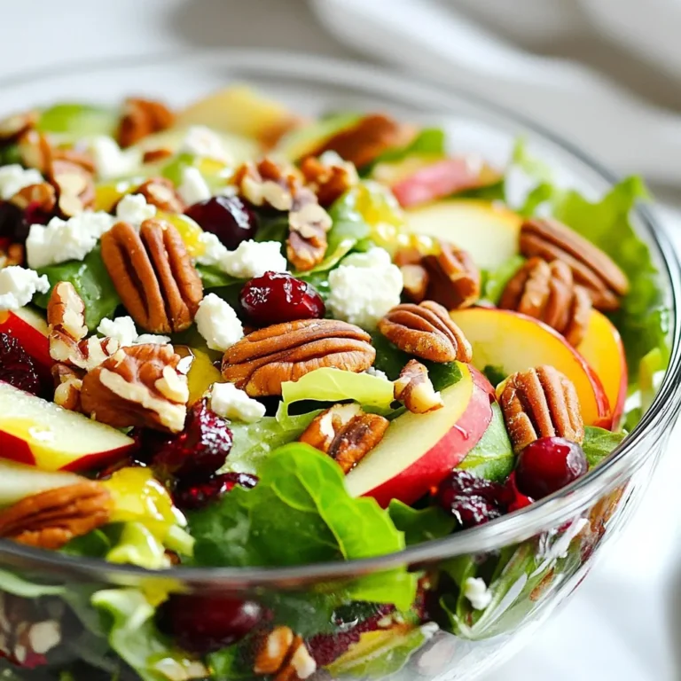 - 4 cups mixed salad greens (spinach, arugula, kale) - 1 large apple, cored and thinly sliced (preferably Honeycrisp or Fuji) - 1 cup fresh cranberries (or dried if out of season) - 1/2 cup pecans, toasted - 1/4 cup feta cheese, crumbled (optional) - 1/4 cup red onion, thinly sliced - 1/4 cup olive oil - 2 tablespoons apple cider vinegar - 1 tablespoon maple syrup - Salt and pepper to taste This salad is a bright mix of flavors and colors. The greens bring a fresh crunch. For the apple, I suggest using a Honeycrisp or Fuji. They add a sweet and juicy bite. If apples are not in season, you can use dried cranberries. Just make sure they are unsweetened to keep the taste balanced. The pecans add a toasty crunch. Toast them in a dry pan over low heat for about 5 minutes. You want them fragrant but not burnt. If you like cheese, you can add feta for a creamy touch. For the dressing, you need olive oil, apple cider vinegar, maple syrup, and some salt and pepper. This mix ties everything together and makes the salad pop. Each ingredient plays a role in creating a tasty and healthy dish. {{ingredient_image_1}} First, rinse and dry the fresh cranberries. This will help remove any dirt and enhance their taste. If you prefer dried cranberries, make sure they are unsweetened. This keeps the balance of flavors just right. Next, let’s toast the pecans. Place them in a dry skillet over medium heat. Stir them for about five minutes until they smell fragrant. Keep an eye on them to avoid burning. Toasted pecans add a warm, nutty flavor to the salad. When slicing the apple, use a sharp knife for clean cuts. I love using Honeycrisp or Fuji apples. These varieties are sweet and crisp. Slice the apple thinly to ensure every bite has a bit of the juicy flavor. Now, let's make the dressing. In a small bowl, whisk together olive oil, apple cider vinegar, and maple syrup. This mix brings a sweet and tangy taste. Don’t forget to add salt and pepper for extra flavor. Taste it and adjust as needed. You want it to be just right. For the best flavor, layer your ingredients. Start with the mixed salad greens at the bottom. Next, add the sliced apple, cranberries, and toasted pecans. If you choose to use feta cheese, sprinkle it on top. This adds a creamy contrast to the crunchy salad. When serving, you have two great options. You can divide the salad into individual plates for a nice touch. Or, serve it family-style in a big bowl. This makes it easy for everyone to help themselves. For a special look, arrange the salad in layers. A clear bowl shows off the colorful ingredients beautifully. Choosing the right apple makes a big difference. Honeycrisp apples are sweet and crunchy. Fuji apples also have a nice sweetness. Granny Smith apples are tart and great for a different flavor. Each type gives a unique taste to the salad. I recommend using Honeycrisp or Fuji for the best results. You can change the dressing if you want. Try using lemon juice instead of apple cider vinegar. This gives a bright flavor. For sweetness, consider agave syrup instead of maple syrup. Both options will keep your salad fresh and tasty. You can mix and match to find your favorite. Making your salad look good is fun! Layer the salad in a clear bowl for a great view. This shows off the bright colors of the cranberries and greens. You can also add extra cranberries and pecans on top for a fancy touch. This small step makes your dish look more inviting and appetizing. Pro Tips Choose the Right Apple: Opt for sweet and crisp varieties like Honeycrisp or Fuji for a refreshing crunch. Toast the Pecans: To enhance their flavor, toast the pecans until they are fragrant. This adds depth to the salad. Dress Just Before Serving: To keep the greens crisp, add the dressing right before serving the salad. Experiment with Cheese: Try goat cheese or blue cheese instead of feta for different flavor profiles that complement the salad. {{image_2}} You can boost the Cranberry Apple Pecan Salad with protein. Try adding grilled chicken for a savory twist. Simply slice it thin and toss it in. You can also use chickpeas or black beans for a plant-based option. These additions make the salad more filling and satisfying. Adapting this salad for different seasons makes it fun. In spring, add fresh strawberries for a sweet touch. In summer, include peach slices for a juicy bite. In fall, swap the apple for a pear. You can change the dressing too. A citrus vinaigrette can brighten up the winter months. Making this salad vegan is easy. Skip the feta cheese and use a vegan dressing. For gluten-free eaters, ensure your dressing does not contain gluten. You can also check for gluten-free beans if you add them. These changes keep everyone happy at the table. To keep your salad fresh, store it in an airtight container. This helps avoid wilting. If possible, separate the dressing from the salad until you are ready to eat. Mixing the dressing in too early makes greens soggy. Use a clean spoon each time you serve to keep it fresh. When stored properly, your salad lasts about three days in the fridge. The greens may start to lose their crispness after a day or two. The apples can brown quickly, so eat them sooner. Cranberries and pecans stay good longer, about a week. You can make parts of this salad ahead of time. Wash and dry the greens, then keep them in the fridge. Slice the apples just before serving to keep them crisp and fresh. You can also prepare the dressing a day ahead. Just shake it well before using to mix it back up. To make this salad vegan, skip the feta cheese. You can use a vegan cheese or leave it out completely. For the dressing, replace the maple syrup with agave syrup, if desired. Check that your olive oil is pure and free of animal products. Yes, you can use dried cranberries. They will add a sweet flavor. However, dried cranberries may change the salad's texture. Fresh cranberries provide a nice tart bite, while dried ones are sweeter and chewier. You can customize this salad to your taste! Add grilled chicken for protein or chickpeas for a vegan option. Other great additions include avocado, sliced almonds, or even orange segments for a citrus twist. This salad is nutritious and delicious. A serving has about 200 calories. It contains around 10 grams of fat, 25 grams of carbs, and 4 grams of protein. Adjust the ingredients for different nutritional needs. This blog post provided a detailed guide on making cranberry apple pecan salad. We covered ingredients, preparation steps, and how to assemble the dish. You learned about choosing apples, dressing variations, and ways to make the salad visually appealing. I also shared tips for storage and customization. Enjoy creating this tasty salad, whether you're serving it to family or friends. Each step is simple and fun, making it easy to adapt to your tastes. Happy cooking!