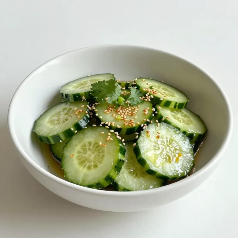 To make the spicy sesame cucumber salad, gather these items: - 2 large cucumbers, thinly sliced - 1 tablespoon sea salt - 2 tablespoons sesame oil - 1 tablespoon rice vinegar - 2 teaspoons chili oil (adjust for spice level) - 1 tablespoon soy sauce (or tamari for gluten-free) - 1 teaspoon sugar (or honey) - 2 green onions, finely chopped - 1 tablespoon sesame seeds, toasted - Fresh cilantro leaves for garnish (optional) If you run out of any ingredients, don’t worry! Here are some swaps: - Use apple cider vinegar instead of rice vinegar. - Try olive oil instead of sesame oil for a different taste. - Use maple syrup in place of sugar or honey for a vegan option. - If you prefer less heat, skip the chili oil or use a milder sauce. When picking cucumbers, look for these signs: - Choose firm cucumbers with smooth skin. - Avoid cucumbers with soft spots or wrinkles. - Smaller cucumbers often taste sweeter and have fewer seeds. - If possible, go for organic cucumbers for better flavor and health. {{ingredient_image_1}} Start by slicing your large cucumbers thinly. Use a sharp knife for even cuts. Place them in a large bowl and sprinkle with sea salt. Let them sit for about 15 minutes. This step helps pull out extra water, making the salad crunchier. After 15 minutes, gently squeeze the cucumbers to remove more water. Use a clean kitchen towel or paper towels to pat them dry. This ensures your salad won’t be watery. In a separate bowl, gather your dressing ingredients. Whisk together 2 tablespoons of sesame oil, 1 tablespoon of rice vinegar, and 2 teaspoons of chili oil. Adjust the chili oil to match your spice level. Next, add 1 tablespoon of soy sauce and 1 teaspoon of sugar. Mix well until the sugar fully dissolves. This dressing is the key to flavor in your salad. Pour the dressing over the prepared cucumbers. Toss the cucumbers well to coat them evenly. Next, add finely chopped green onions and toasted sesame seeds to the bowl. Mix gently to combine everything. Let the salad sit for at least 10 minutes. This waiting time allows the flavors to blend beautifully. You can serve it chilled or at room temperature. If you like, garnish with fresh cilantro leaves for a pop of color. To make this salad pop, you can add a few extra ingredients. Try adding sliced radishes for a crunchy bite. You can also toss in some diced bell peppers for color and sweetness. A splash of lime juice can brighten the flavors even more. If you love garlic, a small minced clove works magic too. Experiment with what you enjoy! Adjusting the spice is key to your perfect salad. If you like it hot, add more chili oil. If you prefer it mild, use less. You can also mix in a bit of honey to balance the heat. A touch of sesame oil can tone down the spice while adding depth. Always taste as you go to find your ideal level. Serve this salad chilled for the best flavor. It pairs well with grilled meats or fish. Use it as a side dish at your next barbecue. You can also enjoy it with rice or noodles for a light meal. Garnish with fresh cilantro for an extra touch of freshness. It's a crowd-pleaser that everyone will love! Pro Tips Balance the flavors: Adjust the amount of sugar or honey based on your preference for sweetness, as it balances the spiciness of the chili oil. Chill for best taste: Allow the salad to marinate in the fridge for longer than 10 minutes for an even richer flavor. Experiment with spices: Feel free to add other spices such as crushed red pepper flakes or sesame seeds to enhance the flavor profile. Fresh herbs matter: Garnishing with fresh cilantro or mint adds a burst of freshness to the salad, elevating its taste. {{image_2}} You can change the dressing for a new taste. Try using peanut sauce for a nutty flavor. You can also swap sesame oil for olive oil if you prefer. A splash of lemon juice adds brightness. For a zesty kick, mix in some sriracha or hot sauce. These swaps make the salad your own. To make this salad more filling, add proteins. Cooked shrimp or grilled chicken works well. You can also use cubed tofu for a plant-based option. Just toss the protein in the dressing before mixing it with cucumbers. This gives you a complete meal. Change it up with seasonal veggies. In summer, add diced tomatoes for freshness. In fall, try adding shredded carrots for crunch. You can also include radishes for a peppery taste. This keeps the salad exciting all year round. To store leftovers of your Spicy Sesame Cucumber Salad, place it in an airtight container. Make sure to cover it tightly to keep the salad fresh and crisp. If you have extra dressing, keep it separate. This will help the cucumbers stay crunchy longer. When meal prepping, I recommend preparing the salad in two parts. Slice the cucumbers and store them with salt for flavor. Mix the dressing in another container. Combine them right before serving for the best taste and texture. This method keeps the salad fresh and vibrant all week. The spicy sesame cucumber salad is best eaten fresh. However, if stored properly, it can last up to three days in the fridge. After that, the cucumbers may lose their crunch and flavor. Always check for any signs of spoilage before enjoying leftovers. Yes, you can make this salad ahead of time. I recommend preparing it a few hours before you serve it. This gives the flavors time to blend and grow stronger. Just keep it in the fridge until you are ready to eat. It tastes great when cold! To adjust the spice level, change the amount of chili oil. If you want more heat, add an extra teaspoon or two. If you prefer it milder, use less chili oil. You can also remove the seeds from the chili oil for less spice. Taste as you go to find your perfect level! This salad pairs well with grilled meats, rice dishes, or noodle bowls. It adds a nice crunch and fresh taste to any meal. Try it with teriyaki chicken, beef stir-fry, or even a veggie rice bowl. You can also serve it as a side with sushi for a fun twist! This blog post covered all you need for a tasty Spicy Sesame Cucumber Salad. We explored key ingredients, smart substitutions, and tips on picking the best cucumbers. You learned step-by-step how to prep your salad, make a great dressing, and blend it all together. Final thoughts: Experiment with flavors, try different dressings, and enjoy this refreshing dish. With proper storage, you can keep it fresh and ready to go. Happy cooking and taste testing!