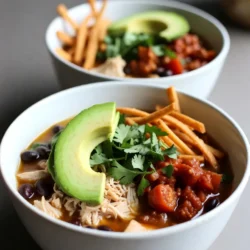 To make the savory Southwest Chicken Tortilla Soup, you will need: - 2 tablespoons olive oil - 1 medium onion, diced - 3 cloves garlic, minced - 1 red bell pepper, chopped - 1 green bell pepper, chopped - 1 teaspoon ground cumin - 1 teaspoon smoked paprika - 1/2 teaspoon chili powder - 1 teaspoon oregano - 4 cups chicken broth - 2 cups cooked chicken, shredded - 1 can (15 oz) black beans, rinsed and drained - 1 can (15 oz) fire-roasted diced tomatoes - 1 cup corn kernels (fresh or frozen) - Salt and pepper to taste - Juice of 1 lime - Tortilla strips for garnish - Fresh cilantro for garnish - Avocado slices for garnish - Shredded cheese for garnish (optional) Using fresh ingredients can enhance the soup&rsquo;s taste. Fresh onion, garlic, and peppers add a crisp flavor. However, canned ingredients also work well. They save time and still taste great. For example, fire-roasted diced tomatoes bring a smoky flavor. If you use canned beans, rinse them well to reduce sodium. Fresh corn can add sweetness, but frozen corn is a good alternative. You can easily adjust the recipe for dietary needs. If you want a vegetarian option, skip the chicken. Use more beans or add tofu instead. For gluten-free soup, check the broth and ensure the tortilla strips are gluten-free. If you need to avoid dairy, skip the cheese or use a dairy-free alternative. Enjoy customizing this soup to fit your tastes and needs! {{ingredient_image_1}} To start, gather all your ingredients. You will need: - 2 tablespoons olive oil - 1 medium onion, diced - 3 cloves garlic, minced - 1 red bell pepper, chopped - 1 green bell pepper, chopped - 1 teaspoon ground cumin - 1 teaspoon smoked paprika - 1/2 teaspoon chili powder - 1 teaspoon oregano - 4 cups chicken broth - 2 cups cooked chicken, shredded - 1 can (15 oz) black beans, rinsed and drained - 1 can (15 oz) fire-roasted diced tomatoes - 1 cup corn kernels (fresh or frozen) - Salt and pepper to taste - Juice of 1 lime - Tortilla strips for garnish - Fresh cilantro for garnish - Avocado slices for garnish - Shredded cheese for garnish (optional) Chop, dice, and prepare each ingredient. This makes cooking easier and faster. First, heat the olive oil in a large pot over medium heat. Next, add the diced onion. Saut&eacute; for about 3-4 minutes until it turns translucent. Then stir in the minced garlic and both bell peppers. Cook for another 2-3 minutes until the peppers soften. After that, add the ground cumin, smoked paprika, chili powder, and oregano to the pot. Stir to coat the vegetables in the spices and cook for 1 minute to release the flavors. Now, pour in the chicken broth. Add the shredded chicken, black beans, diced tomatoes, and corn. Stir everything to combine well. Bring the soup to a simmer and cook for 15-20 minutes. This allows the flavors to meld together beautifully. Finally, season the soup with salt and pepper to taste. Right before serving, add the lime juice for a bright finish. You want the soup to simmer gently. Look for small bubbles breaking the surface. Stir occasionally to ensure even cooking. Taste a spoonful to check if the flavors are balanced. Adjust seasoning as needed. The soup should be thick but not dry. If it looks too thick, add a little more broth. To boost the taste of your Southwest Chicken Tortilla Soup, start with fresh spices. Always use whole spices when possible. They pack more flavor than ground ones. Toast them in the pot for a minute before adding other ingredients. This helps release their oils and aromas. Adding a splash of lime juice brightens the soup. It adds a zesty kick that pairs well with the savory broth. You can also toss in a pinch of smoked salt. This adds depth and richness. Fresh cilantro brings a burst of freshness. Add it just before serving for the best flavor. One common mistake is overcooking the vegetables. Cook them just until they are soft. This keeps them vibrant and crunchy. Another mistake is adding too much salt early on. You want to taste and adjust later. Too much salt can ruin your soup. Using low-quality broth can also lower the flavor. Choose a good-quality chicken broth for the best taste. Lastly, don't forget to remove the seeds from peppers if you want less heat. This helps make the soup enjoyable for everyone. Store leftover soup in an airtight container. Make sure it cools down first. It keeps well in the fridge for three to four days. To keep it fresh, avoid adding garnishes until serving. You can also freeze leftovers. Pour the soup into freezer-safe bags or containers. Leave some space at the top for expansion. It lasts for up to three months in the freezer. When reheating, add a splash of broth if it seems thick. This keeps the texture nice and smooth. Pro Tips Use Fresh Ingredients: Fresh vegetables and herbs enhance the flavor of your soup, making it more vibrant and delicious. Customize the Spice Level: Adjust the chili powder and smoked paprika to your taste. For extra heat, consider adding diced jalape&ntilde;os or a dash of hot sauce. Make It Ahead: This soup tastes even better the next day! Prepare it in advance and store it in the fridge for an easy meal. Garnish Creatively: Elevate the presentation by using a variety of garnishes such as sliced radishes, lime wedges, or crumbled tortilla chips for a delightful crunch. {{image_2}} You can easily make this soup vegetarian. To do this, swap the chicken for tofu or tempeh. Use vegetable broth instead of chicken broth. Add more beans for protein. Black beans and chickpeas work well. You can also add in extra corn for sweetness. This way, you still enjoy great flavor. If you like heat, add jalape&ntilde;os or serrano peppers. Toss them in with the onions and peppers. For an even bolder kick, use a spicy chili powder. You can also add a few dashes of hot sauce before serving. This will make your soup warm and exciting. Feel free to pack in more veggies. Carrots, zucchini, and spinach are all great options. Cut them into small pieces and add them early in the cooking process. This helps them soften and blend with the flavors. You can also throw in some fresh herbs like cilantro or parsley for added taste. After you make the soup, let it cool down. Use a clean container with a tight lid. Store the soup in the fridge for up to four days. Make sure to label it with the date. This helps you keep track of freshness. When you eat it again, check for any off smells before enjoying. To freeze the soup, use freezer-safe bags or containers. Leave some space at the top so it can expand when frozen. The soup stays good for up to three months. When you want to eat it, take it out and let it thaw overnight in the fridge. This keeps the flavors intact and prevents ice crystals from forming. When you are ready to reheat, pour the soup into a pot. Heat it on medium-low until it is hot. Stir every few minutes to make sure it heats evenly. If the soup is too thick, add a splash of chicken broth or water. You can also use the microwave. Heat in short bursts, stirring in between, until it is warm. Enjoy your soup with fresh toppings for a delicious meal! Yes, you can make this soup ahead of time. It tastes even better after resting. Let the soup cool, then store it in the fridge. You can keep it there for up to three days. When ready to eat, just heat it on the stove or in the microwave. Toppings make the soup more fun! Here are some great options: - Tortilla strips for crunch - Fresh cilantro for flavor - Slices of avocado for creaminess - Shredded cheese for richness - A squeeze of lime for zing Mix and match your favorites to create your perfect bowl. To add heat, you can: - Use more chili powder or add cayenne pepper. - Stir in diced jalape&ntilde;os for fresh heat. - Top the soup with spicy salsa or hot sauce. Start with a small amount, then taste as you go. You can always add more! Yes, this soup is gluten-free! The ingredients do not include any gluten sources. Just ensure your chicken broth is gluten-free. If you use store-bought tortilla strips, check the label to confirm they are gluten-free too. Enjoy this tasty soup without worry! This blog covered everything you need for making a great soup. We discussed the right ingredients, cooking steps, and tips to enhance the flavor. I shared how to avoid common mistakes and how to store your leftovers. You can enjoy variations, like adding vegetables. Keep in mind the questions you might have, like making it ahead or spicing it up. With these insights, you&rsquo;ll create tasty soups that everyone will love. Enjoy your cooking adventure!
