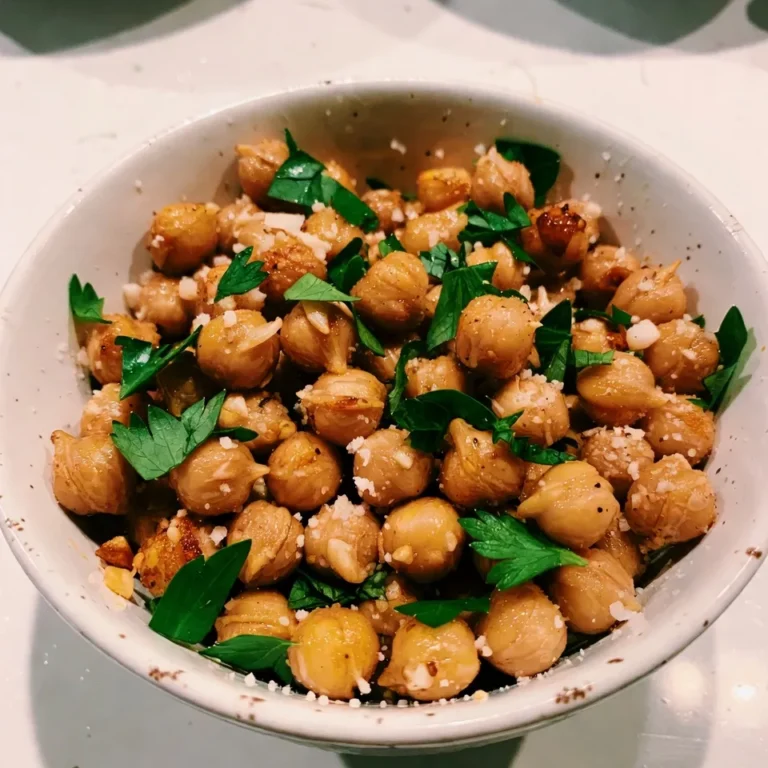 - 1 can (15 oz) chickpeas - 2 tablespoons olive oil - 4 cloves garlic Chickpeas are the star of this recipe. They give us a great base. Make sure to rinse and drain them well. Olive oil adds healthy fat and helps the chickpeas crisp up. Garlic brings flavor and aroma, making everything more delicious. - 1/2 teaspoon smoked paprika - 1/2 teaspoon salt - 1/4 teaspoon black pepper Smoked paprika gives a nice, warm flavor. Salt enhances the taste of the chickpeas. Black pepper adds a little kick. Together, they create a great seasoning mix. - 1/4 cup grated Parmesan cheese - 1 tablespoon fresh parsley, chopped Parmesan cheese melts slightly and adds richness. Fresh parsley adds color and a fresh taste. Sprinkle the cheese on hot chickpeas for the best flavor. It will stick well and create a lovely topping. {{ingredient_image_1}} 1. Preheat your oven to 400°F (200°C). Line a baking sheet with parchment paper. This helps the chickpeas roast evenly. 2. Open the can of chickpeas. Rinse them under cold water. Drain well. Pat them dry with a clean kitchen towel. This step removes extra moisture. 1. In a large bowl, add the rinsed and drained chickpeas. 2. Drizzle two tablespoons of olive oil over the chickpeas. 3. Add four minced garlic cloves, half a teaspoon of smoked paprika, half a teaspoon of salt, and a quarter teaspoon of black pepper. 4. Toss the chickpeas well to coat them evenly with oil and seasonings. 1. Spread the chickpeas in a single layer on your prepared baking sheet. 2. Roast them in the preheated oven for 25 to 30 minutes. Shake the pan halfway through cooking. This helps them get crispy on all sides. 3. Check for a golden color and a crunchy texture. 4. Once done, remove the chickpeas from the oven. Immediately sprinkle a quarter cup of grated Parmesan cheese over them. Toss gently to mix the cheese. 5. Let them cool for a few minutes. Transfer to a bowl and garnish with one tablespoon of fresh chopped parsley. Enjoy your crunchy snack! To get that perfect crunch, you must dry the chickpeas well. After rinsing and draining, use a clean towel to pat them dry. This step helps them roast evenly. Different ovens may cook at different rates. If your oven runs hot, check the chickpeas early. If they are not golden yet, let them roast a little longer. You can make these chickpeas even tastier by adding more flavors. Try herbs like oregano or thyme for a fresh twist. For a spicy kick, add cayenne pepper or chili powder. If you want a cheese-free version, nutritional yeast gives a cheesy flavor without dairy. You can also switch up the oils. Avocado oil or melted coconut oil can change the taste too. These roasted chickpeas are great on their own, but they shine when paired with dips. Try them with hummus or tzatziki for a tasty snack. You can also use them as a topping on salads. They add a nice crunch and extra protein to your meal. Enjoy them anytime you want a quick, healthy snack! Pro Tips Dry Chickpeas Thoroughly: Ensuring the chickpeas are completely dry before roasting will help them achieve maximum crispiness. Customize Seasoning: Feel free to experiment with different spices such as cayenne pepper or Italian herbs for unique flavor variations. Use Fresh Garlic: Freshly minced garlic provides a stronger flavor than pre-minced or powdered garlic, enhancing the dish's overall taste. Store in an Airtight Container: To maintain their crunchiness, store any leftover roasted chickpeas in an airtight container at room temperature for up to a week. {{image_2}} You can easily change the taste of Garlic Parmesan Roasted Chickpeas. One option is Spicy Garlic Parmesan Roasted Chickpeas. To make this, just add some cayenne pepper or chili powder to the mix. Start with a pinch and adjust to your taste. The heat pairs well with the garlic and cheese, making each bite a bit thrilling. Another fun option is Herb-infused Roasted Chickpeas. You can add dried herbs like oregano, thyme, or rosemary. These herbs bring a unique flavor and aroma. Simply mix them in with your other seasonings before roasting. If you're looking for vegan substitutes for Parmesan cheese, you have choices. Nutritional yeast is a great option. It has a cheesy flavor and is packed with nutrients. Use the same amount as Parmesan for a similar taste. For those needing gluten-free alternatives, rejoice! This recipe is already gluten-free since chickpeas do not contain gluten. Just ensure that any added spices or toppings are also gluten-free. When it comes to appetizer vs. snack options, these roasted chickpeas fit both roles perfectly. Serve them as a fun, crunchy appetizer at a party. Guests will love the flavor and texture. Or, keep them handy as a quick snack during your day. They are healthy and satisfying, making them a great choice any time. To store your leftover garlic Parmesan roasted chickpeas, let them cool completely. Use an airtight container to keep them fresh. You can place them in a glass or plastic container. Avoid using a bag, as it can trap moisture. This keeps the chickpeas crispy for a few days. Roasted chickpeas can be frozen for longer storage. Place them in a freezer-safe bag or container. Make sure to remove as much air as possible. To reheat, preheat your oven to 350°F (175°C). Spread the frozen chickpeas on a baking sheet. Bake for about 10-15 minutes until they are warm and crispy again. This method helps maintain their crunch. Garlic Parmesan roasted chickpeas stay fresh for about 3-4 days in the fridge. If you freeze them, they can last up to 3 months. Always check for any changes in smell or texture before eating. Enjoy your crunchy snack at any time! You can use nutritional yeast for a dairy-free option. It adds a cheesy flavor without dairy. Another option is using vegan Parmesan, made from nuts and spices. If you prefer, you can try pecorino cheese for a similar taste. Yes, you can use dried chickpeas. Soak them overnight in water. This softens them. After soaking, drain and rinse them. Boil them for about 1-2 hours until soft. Let them cool before roasting. Add cayenne pepper for heat. Start with just a pinch, then taste. You can also mix in some chili powder for more flavor. For a different kick, use crushed red pepper flakes. Adjust the amount to your spice level. This blog post covered a simple and tasty roasted chickpeas recipe. You learned about the main ingredients and steps involved, from preparation to roasting. We discussed tips for perfect crispiness and how to enhance flavors. Variations and storage tips helped you see more options. Roasted chickpeas make a great snack or appetizer. Enjoy experimenting with flavors and serving ideas. Armed with this knowledge, you can now make your own crunchy delights.