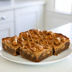 To make Biscoff Cookie Butter Blondies, you need some simple ingredients. Here&rsquo;s what you need: - 1 cup unsalted butter, melted - 1 cup brown sugar, packed - 1/2 cup granulated sugar - 1 cup Biscoff cookie butter - 2 large eggs - 2 teaspoons vanilla extract - 2 cups all-purpose flour - 1/2 teaspoon baking powder - 1/4 teaspoon salt - 1 cup crushed Biscoff cookies (plus extra for topping) - 1/2 cup white chocolate chips (optional) I love using these ingredients because they create such a rich, sweet treat. The Biscoff cookie butter gives a unique flavor. It&rsquo;s creamy and smooth, making these blondies so special. The crushed cookies add a nice crunch that pairs well with the soft texture of the blondies. When you gather your ingredients, make sure they are fresh for the best taste. This recipe is perfect for when you want to impress friends or just enjoy a sweet snack at home. {{ingredient_image_1}} - Preheat your oven to 350&deg;F (175&deg;C). Grease a 9x13 inch baking pan or line it with parchment paper. Leave some paper hanging over the sides for easy removal. - In a large bowl, mix the melted butter, brown sugar, and granulated sugar. Whisk until it is smooth and well combined. - Stir in the Biscoff cookie butter. Add the eggs and vanilla extract next. Mix until the batter is creamy and smooth. - In another bowl, combine the all-purpose flour, baking powder, and salt. Gradually add this dry mix to the wet mix. Stir until just combined. Be careful not to overmix. - Fold in the crushed Biscoff cookies and white chocolate chips if you want. Make sure they are evenly spread in the batter. - Pour the batter into the prepared baking pan. Spread it evenly. Sprinkle extra crushed Biscoff cookies on top for a nice crunch. - Bake in the oven for 25-30 minutes. The edges should look golden brown. A toothpick inserted in the center should come out with a few moist crumbs. - Let the blondies cool in the pan for about 10 minutes. Then, move them to a wire rack to cool completely. How to avoid overmixing Overmixing can ruin your blondies. When you mix the dry and wet ingredients, stop as soon as they combine. Some lumps are okay. This keeps your blondies soft and chewy. Use a gentle hand to fold in the crushed Biscoff cookies and chocolate chips. Ensuring the perfect bake time Watch your blondies closely while they bake. Start checking at 25 minutes. Insert a toothpick in the center. If it comes out with a few moist crumbs, they are done. If the toothpick is wet, bake for a few more minutes. This way, you&rsquo;ll avoid dry blondies. Serving suggestions Cut your blondies into neat squares. Serve them on a bright, fun plate. This makes them look extra inviting. A drizzle of warm Biscoff cookie butter on top adds a rich touch. Creative garnishing ideas For a special finish, add whole Biscoff cookies on top. You can also sprinkle some crushed cookies for crunch. This adds a splash of color and texture. A scoop of vanilla ice cream on the side is a delightful bonus! Pro Tips Use Room Temperature Eggs: Using eggs that are at room temperature helps the batter mix more evenly, resulting in a better texture for your blondies. Don&rsquo;t Overmix: When combining the dry and wet ingredients, mix until just combined. Overmixing can lead to dense blondies instead of soft and chewy ones. Cool Completely: Allowing the blondies to cool completely before cutting ensures cleaner edges and prevents them from falling apart. Experiment with Mix-Ins: Feel free to customize your blondies by adding nuts, caramel bits, or different types of chocolate chips for a unique twist! {{image_2}} You can change up your Biscoff Cookie Butter Blondies in fun ways. Adding mix-ins can give your blondies a new twist. Here are some ideas: - Nuts: Try adding chopped walnuts or pecans for crunch. - Chocolate: You can mix in dark chocolate chips or even milk chocolate. You can also swap out the cookie butter. Each type brings its own flavor: - Speculoos Cookie Butter: This has a spiced flavor. - Peanut Butter: This adds a nutty taste that pairs well with Biscoff. Making these blondies fit different diets is easy. For gluten-free options, use a gluten-free flour blend. This keeps the texture nice while making it safe for gluten-free eaters. If you want to make these blondies vegan, you can replace the eggs and butter: - Eggs: Use a flax egg. Mix 1 tablespoon of ground flaxseed with 2.5 tablespoons of water. Let it sit for 5 minutes. - Butter: Replace with coconut oil or a vegan butter. These swaps will keep your blondies tasty and suitable for everyone! To keep your Biscoff cookie butter blondies fresh, store them in an airtight container. This will help maintain their moist texture and rich flavor. Here are some tips: - Let the blondies cool completely before storing. - Cut them into squares for easy serving. - Layer them with parchment paper if stacking. For the best results, use a glass or plastic container. Avoid metal containers, as they can alter the taste of the blondies. Freezing blondies is a great way to keep them for later. Here&rsquo;s how to do it: - Wrap each blondie in plastic wrap. - Place the wrapped blondies in a freezer-safe bag. - Label the bag with the date for easy tracking. To thaw, simply take out a blondie and let it sit at room temperature. For a warm treat, you can heat it in the microwave for a few seconds. Enjoy the rich, buttery flavor, even after freezing! How long do Biscoff Cookie Butter Blondies last? Biscoff Cookie Butter Blondies stay fresh for about a week. Store them in an airtight container at room temperature. You can also refrigerate them for extra freshness. Just let them come to room temperature before serving. Can I use crunchy Biscoff cookie butter? Yes, you can use crunchy Biscoff cookie butter! It adds a nice texture to the blondies. Just remember that the flavor will be just as delicious, but the texture will change slightly. What can I substitute for Biscoff cookies? If you don&rsquo;t have Biscoff cookies, you can use graham crackers or vanilla wafers. Both options work well and still give a sweet touch. You can also crush up other cookies you like to use as a substitute. What to do if your blondies are too dry or too gooey? If your blondies are too dry, try adding a bit more butter next time. You can also bake them for a shorter time if they seem dry after cooling. If they are too gooey, your oven may be too hot. Bake them longer, checking every few minutes. How to fix blondies that didn't rise properly? If your blondies didn&rsquo;t rise, check your baking powder. It should be fresh, or your blondies won't rise. Also, make sure you mixed the batter well, but don&rsquo;t overmix, as this can also flatten them. You&rsquo;ve now learned how to make delicious Biscoff Cookie Butter blondies. We covered all the ingredients, steps, tips, and variations for your baking adventure. Remember, crafting these treats should be fun, so don&rsquo;t stress. Enjoy trying different flavors or dietary changes. Keep them fresh with proper storage methods. If you follow these steps, you'll impress your friends and family. Happy baking!