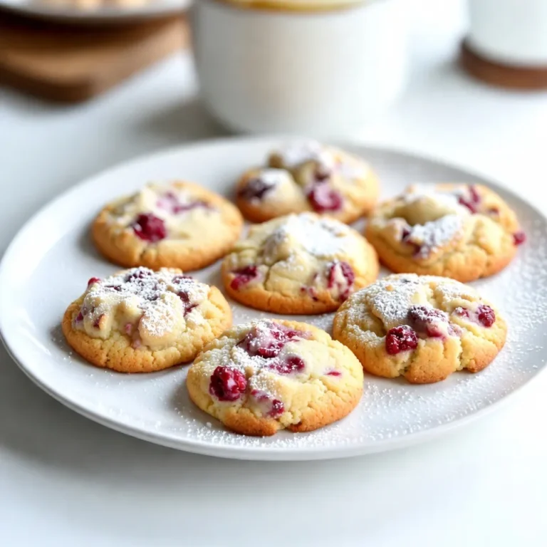 To make Lemon Raspberry Sugar Cookies, gather these simple ingredients: - 2 ¾ cups all-purpose flour - 1 teaspoon baking soda - ½ teaspoon baking powder - ½ teaspoon salt - 1 cup unsalted butter, softened - 1 ½ cups granulated sugar - 1 large egg - 1 teaspoon vanilla extract - Zest of 1 lemon - 2 tablespoons fresh lemon juice - 1 cup fresh raspberries (slightly mashed) - ½ cup powdered sugar (for dusting) Each ingredient plays a big part in the cookie's success: - All-purpose flour: This forms the base and gives structure. - Baking soda and baking powder: These help the cookies rise and stay light. - Salt: A small amount enhances flavor and balances sweetness. - Unsalted butter: This adds richness and moisture. Softening it helps create a fluffy dough. - Granulated sugar: It sweetens the cookies and gives a nice texture. - Egg: This binds the dough and helps it rise. - Vanilla extract: This adds depth and a lovely aroma. - Lemon zest and juice: These bring bright, fresh flavors and a tangy kick. - Raspberries: They add bursts of sweetness and a slight tartness to each bite. - Powdered sugar: Used for dusting, it adds a sweet finish. You can customize your cookies with these fun options: - White chocolate chips: Mix in for extra creaminess and sweetness. - Chopped nuts: Walnuts or pistachios add crunch and flavor. - Different citrus zest: Orange or lime can change the cookie's flavor profile. - Herbs: A touch of fresh mint or basil can add a unique twist. Feel free to experiment! Each tweak can create a new and exciting cookie experience. {{ingredient_image_1}} First, set your oven to 350°F (175°C). This temperature helps the cookies bake evenly. While the oven heats, line two baking sheets with parchment paper. This step keeps the cookies from sticking. In a medium bowl, whisk together the flour, baking soda, baking powder, and salt. Mix these well to ensure even distribution. This blend gives your cookies the right rise and texture. Set this bowl aside for later. In a large bowl, beat the softened butter and granulated sugar together. Do this for about three to four minutes until it's light and fluffy. Next, add the egg, vanilla extract, lemon zest, and lemon juice. Mix until smooth. Gradually add the dry mixture to the wet ingredients. Mix just until you see no more flour. Now, gently fold in the slightly mashed raspberries. Be careful not to overmix; you want to keep those berry pieces intact. Using a cookie scoop or tablespoon, drop rounded balls of dough onto your prepared baking sheets. Make sure to leave space between each ball. Bake the cookies for 10 to 12 minutes until the edges are lightly golden. The centers might seem soft, but they will firm up while cooling. After baking, let them sit on the sheets for five minutes. Then, transfer the cookies to a wire rack to cool completely. For a sweet finish, dust the cookies with powdered sugar before serving. When making Lemon Raspberry Sugar Cookies, be careful not to overmix the dough. Overmixing can make the cookies tough. Also, don't skip the lemon zest; it adds a bright flavor. Remember to let the butter soften at room temperature. Cold butter will not blend well with sugar, leading to dense cookies. Lastly, make sure to space the dough balls on the baking sheet. If they are too close, the cookies will merge while baking. To get the right texture, aim for a light and fluffy batter. Beat the butter and sugar until creamy. This helps to trap air, making your cookies soft. Use a cookie scoop for even sizes. This ensures they bake evenly. Bake the cookies just until the edges turn golden. The centers may seem soft, but they will firm up as they cool. Cooling on a wire rack helps keep them from getting soggy. These cookies shine when served on a nice platter. Dust the tops with powdered sugar for a pretty touch. Pair them with a cup of tea or lemonade for a sweet treat. For a fun twist, serve them with fresh raspberries on the side. This adds color and a burst of flavor. If you want extra flair, drizzle melted white chocolate over the cookies. It will elevate their look and taste. Pro Tips Chill the Dough: For thicker cookies, refrigerate the dough for 30 minutes before baking. This helps prevent spreading and results in a chewier texture. Choose Ripe Raspberries: Use fresh, ripe raspberries for the best flavor. Overripe or mushy berries may alter the texture of the cookies. Experiment with Zest: Don’t be afraid to adjust the lemon zest according to your taste. More zest will give a stronger lemon flavor, while less will be more subtle. Use Parchment Paper: Always line your baking sheets with parchment paper to ensure easy removal and prevent sticking, resulting in perfectly shaped cookies. {{image_2}} You can switch up the flavors in these cookies. Try lemon blueberry cookies for a sweet twist. Just replace the raspberries with fresh blueberries. The tartness of the blueberries pairs well with the lemon. Another option is raspberry almond cookies. Add a teaspoon of almond extract to the dough. This gives a nice nutty flavor that blends well with the fruit. If you need gluten-free cookies, use almond flour or a gluten-free blend. Make sure it has a binding agent. For vegan options, swap the egg for flaxseed meal or applesauce. Use vegan butter instead of regular butter. This way, you still get tasty cookies without animal products. You can use different fruits in these cookies. Try peaches or strawberries for a summer twist. Just make sure to chop the fruit into small pieces. This keeps the dough from getting too wet. You can also experiment with herbs. A bit of fresh basil or mint can add a fun flavor. Let your creativity shine! To keep your Lemon Raspberry Sugar Cookies fresh, store them in an airtight container. This helps maintain their soft and chewy texture. You can layer the cookies with parchment paper to avoid sticking. If you live in a humid area, consider adding a slice of bread to absorb moisture. This keeps your cookies from getting too soft or stale. You can freeze the cookie dough for later use. First, scoop the dough into balls and place them on a baking sheet. Freeze them for about 1 hour until firm. Once frozen, transfer the balls to a zip-top bag. They will last up to three months in the freezer. To bake, just add a few extra minutes to the baking time. If you have baked cookies left over, you can freeze them too. Place them in an airtight container or a zip-top bag. They will stay fresh for up to three months. When you want to enjoy a cookie, thaw it at room temperature for about 15 minutes. When stored properly, these cookies last about a week at room temperature. If you store them in the fridge, they may stay fresh for up to two weeks. Just remember, the longer you store them, the less fresh they will taste. Enjoy them while they're still soft and flavorful! Yes, you can use frozen raspberries. Just thaw and drain them first. This step helps reduce extra moisture in your cookies. Frozen raspberries can work well, but they may create a slightly different texture. The flavor will still be fruity and sweet. If you do not have lemon juice, use lime juice instead. Lime juice gives a similar tangy taste. You can also use vinegar or citric acid, but they may change the flavor. Keep in mind that fresh juice gives the best taste. Look for lightly golden edges on the cookies. The middle may seem soft, which is okay. They will firm up as they cool. Bake them for about 10 to 12 minutes for the best results. Always check a minute early to avoid overbaking. This post covered the ingredients, step-by-step instructions, and key tips for baking cookies. We discussed all the main ingredients and their roles, along with optional add-ins for more flavor. I shared how to get the perfect texture and avoid common mistakes. You can also explore fun variations, storage tips, and answers to common questions. Baking cookies can be simple and fun. Enjoy creating your own tasty treats!