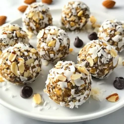 To make Coconut Almond Energy Bites, you need the following ingredients: - 1 cup rolled oats - 1/2 cup almond butter - 1/4 cup honey or maple syrup - 1/2 cup unsweetened shredded coconut - 1/4 cup ground almonds - 1/4 cup chia seeds - 1 tsp vanilla extract - 1/4 tsp sea salt - Optional: dark chocolate chips or cacao nibs These ingredients come together to create a tasty and healthy snack. Here are the conversions for each ingredient from cups to grams: - 1 cup rolled oats = 90 grams - 1/2 cup almond butter = 128 grams - 1/4 cup honey or maple syrup = 85 grams - 1/2 cup unsweetened shredded coconut = 40 grams - 1/4 cup ground almonds = 30 grams - 1/4 cup chia seeds = 40 grams - 1 tsp vanilla extract = 5 grams - 1/4 tsp sea salt = 1.5 grams These conversions help make your cooking more precise. You can customize your Coconut Almond Energy Bites with these options: - Dark chocolate chips for a sweet kick - Cacao nibs for a rich taste - Dried fruits like cranberries or raisins for extra sweetness - Spices like cinnamon or nutmeg for added flavor These options let you make the bites your own. Enjoy experimenting! {{ingredient_image_1}} To make Coconut Almond Energy Bites, start with a large bowl. First, add 1 cup of rolled oats. Then, add 1/2 cup of almond butter and 1/4 cup of honey or maple syrup. Next, stir in 1/2 cup of unsweetened shredded coconut. After that, mix in 1/4 cup of ground almonds and 1/4 cup of chia seeds. Don't forget to add 1 teaspoon of vanilla extract and 1/4 teaspoon of sea salt. Now, mix all the ingredients together. You want a sticky dough-like consistency. If it feels too dry, simply add a bit more almond butter or honey. This step is key to ensure your bites hold together well. Once mixed, scoop out small portions, about 1 tablespoon each. Roll these portions into balls with your hands. Place them on a baking sheet lined with parchment paper. You can also use an airtight container if you prefer. Finally, refrigerate the energy bites for about 30 minutes. This helps them set and firm up. After that, they are ready to enjoy! To get the right texture, make sure to mix well. If your mixture is too crumbly, add more almond butter. A little honey can help too. You want the mixture to stick together but not be too gooey. If you find your mixture too wet, add more oats or ground almonds. This helps absorb excess moisture. Each ingredient plays a role in the final texture, so adjust as needed. For added flavor, you can include optional ingredients like dark chocolate chips or cacao nibs. If you want to add these, just fold them into the mixture after everything is combined. Feel free to get creative! You can mix in dried fruits or different nuts as well. Just remember to adjust the main ingredients to keep a good balance. Enjoy customizing your energy bites to match your taste! When you roll energy bites, make sure your hands are slightly damp. This helps keep the mixture from sticking to your fingers. Scoop out about one tablespoon of the mixture for each bite. Roll it gently into a ball. Aim for a smooth shape, but don’t stress about perfection. Each bite will have its own charm. To keep your Coconut Almond Energy Bites fresh, store them in an airtight container. Layer them between sheets of parchment paper to prevent sticking. Place the container in the fridge for the best results. They can last up to a week this way. If you want to keep them longer, consider freezing them. Just thaw them in the fridge before enjoying. You can boost the flavor of your energy bites with add-ins. Try adding dark chocolate chips or cacao nibs for a sweet touch. Dried fruits, like cranberries or apricots, add a nice chew. For extra crunch, consider adding nuts or seeds. You can also mix in spices such as cinnamon or nutmeg for warmth. Be creative and find what flavors you love! Pro Tips Choosing Sweeteners: You can substitute honey with maple syrup for a vegan option, or adjust the sweetness to your taste by using less or more of either sweetener. Texture Variation: To change the texture, consider adding different nuts or seeds, such as walnuts or sunflower seeds, for added crunch and nutrition. Chilling Time: If you're short on time, you can skip the refrigeration step, but chilling helps the bites hold their shape better and enhances flavor. Storage Tips: Store energy bites in an airtight container in the fridge to keep them fresh longer, or freeze them for up to three months for a quick snack option. {{image_2}} You can switch almond butter for other nut butters. Peanut butter gives a strong flavor. Cashew butter adds a creamy touch. Sunflower seed butter is great for nut-free diets. Each choice changes the taste and texture. Honey is a classic sweetener, but maple syrup works well too. Agave nectar is another option. You can also use date syrup for a unique flavor. Each sweetener gives a different taste profile to the bites. You can spice up your bites with cinnamon or nutmeg. Adding a pinch of sea salt enhances sweetness. Dried fruits, like cranberries or raisins, add chewiness and flavor. Chopped nuts can provide crunch. You can also toss in dark chocolate chips for a sweet twist. To keep your Coconut Almond Energy Bites fresh, store them in an airtight container. You can place them in the fridge or at room temperature. If you choose the fridge, they can last longer and taste even better. Make sure the container is sealed well to keep out air and moisture. These energy bites have a shelf life of about one week when stored in the fridge. If you notice any changes in texture or smell, it is best to discard them. For easy snacks, grab a couple each morning before school or work. They are perfect for a quick energy boost. If you want to keep them for longer, freezing is a great option. Simply place the energy bites in a single layer on a baking sheet. Freeze them for about one hour until firm. Then, transfer them to a freezer-safe bag or container. This way, they can stay fresh for up to three months. When you want to eat them, just thaw in the fridge overnight or at room temperature for a few hours. You can use peanut butter or cashew butter instead of almond butter. Both options add rich flavor. If you need a nut-free option, try sunflower seed butter. It works well and gives a similar taste. Just keep in mind that the texture might change a bit. Yes, Coconut Almond Energy Bites are gluten-free. The main ingredients, like oats and nuts, are all gluten-free. Always check the labels of your oats. Some brands may have cross-contamination with gluten. Look for certified gluten-free oats to be safe. I recommend eating two to three energy bites for a healthy snack. This amount gives you energy without overdoing it. Each bite is packed with nutrients, so they can curb your hunger. Adjust based on your needs and activity level. Enjoy them as a quick pick-me-up! Coconut Almond Energy Bites are easy and fun to make. You learned about the right ingredients and ways to customize them. The step-by-step guide helps you achieve the perfect texture. You now have tips for rolling and storing your bites to keep them fresh. With various nut butters and sweeteners, these bites can suit anyone’s taste. Enjoy your new snack, and feel free to get creative. Homemade energy bites can be a healthy treat for your day!