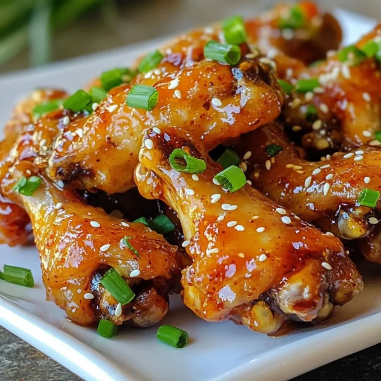 For this dish, you need: - 2 lbs chicken wings These wings are the star of the show. Choose fresh wings for the best taste. The main flavors come from the sauce. You will need: - 1/2 cup honey - 1/4 cup soy sauce - 4 cloves garlic, minced - 2 tablespoons sriracha (adjust for spice level) - 1 tablespoon sesame oil - 1 teaspoon grated ginger This sauce packs a punch! The honey adds sweetness, while sriracha brings heat. Garlic and ginger offer a warm, rich flavor. Sesame oil adds a nutty touch. Garnishes make your dish look great! Use: - 2 green onions, chopped (for garnish) - Sesame seeds (for garnish) Chopped green onions add freshness. Sesame seeds give a nice crunch and flavor. They make your wings pop! {{ingredient_image_1}} First, rinse the chicken wings under cold water. This step helps to clean them. After rinsing, pat them dry with paper towels. Use salt and pepper to season them generously. This simple step adds great flavor. Once seasoned, set them aside while you make the sauce. In a small saucepan over medium heat, combine the honey, soy sauce, minced garlic, sriracha, sesame oil, and grated ginger. Whisk these ingredients together until they mix well. Bring the mixture to a simmer. Let it simmer gently for about five minutes. This thickens the sauce and helps the flavors blend. Stir occasionally to prevent burning. Transfer the chicken wings to a large bowl. Pour half of the spicy honey garlic sauce over the wings. Toss them well to coat each wing evenly. Let them marinate for at least 30 minutes. If you have time, marinate them for up to two hours in the fridge. This gives them more flavor. Preheat your oven to 425°F (220°C). Line a baking sheet with aluminum foil. Place a wire rack on top of the baking sheet. Arrange the marinated wings in a single layer on the rack. Bake them for 25 to 30 minutes. Flip the wings halfway through for even cooking. They should come out crispy and golden brown. While the wings bake, heat the remaining sauce in the saucepan until warmed. Once the wings are done, toss them in the warmed sauce until fully coated. This extra glaze gives them a delicious flavor. Enjoy your spicy honey garlic wings! To get that crispy texture, you need a few tricks. First, rinse and dry your wings well. Moisture makes them soggy. Next, season your wings with salt and pepper. This step adds flavor and helps with crispiness. Baking them on a wire rack is key. It allows hot air to circulate around the wings. Bake at 425°F (220°C) for 25-30 minutes. Flip them halfway through for even cooking. For extra crunch, you can broil them for a couple of minutes at the end. You can easily change the heat of your wings. Use more or less sriracha when making your sauce. Start with one tablespoon for mild wings. Add more if you like heat. Taste the sauce before coating the wings. If it’s too spicy, mix in some honey. This will balance the heat. You can also add a dash of cayenne or red pepper flakes for extra kick. Remember, you control the spice! Pair your spicy honey garlic wings with tasty sides. Coleslaw adds a cool crunch and balances the heat. Fresh veggies like carrots and celery help too. For drinks, try a cold beer or iced tea. Both refresh your palate. Want more flavor? Serve with dipping sauces, like ranch or blue cheese. They add creaminess to your spicy wings. Enjoy your meal! Pro Tips Marinate Longer for Flavor: Letting the wings marinate for a longer period, such as 2 hours or overnight, enhances the flavor significantly. Use a Wire Rack: Baking the wings on a wire rack allows air to circulate around them, resulting in a crispier texture. Adjust Spice Level: Feel free to adjust the amount of sriracha in the sauce to match your personal spice preferences. Double the Sauce: If you love sauce, consider doubling the recipe so you have extra for dipping! {{image_2}} You can make spicy honey garlic wings in an air fryer. This method gives you crispy wings with less oil. Start by seasoning your wings just like in the oven method. After marinating, preheat your air fryer to 400°F (200°C). Place the wings in a single layer in the basket. Cook for about 20 minutes, shaking the basket halfway through. Toss the cooked wings in your spicy honey garlic sauce, and they are ready to serve! Grilling adds a smoky flavor to your wings. Start by marinating your wings as usual. Preheat your grill to medium heat. Place the wings on the grill, cooking for about 15-20 minutes. Make sure to flip them often for even cooking. Brush the wings with the spicy honey garlic sauce during the last few minutes of cooking. This will give them a delicious glaze and keep them juicy. You can play with the sauce to change the flavor. Try adding lime juice for a citrus kick. You can also swap sriracha for buffalo sauce for a different heat. Mixing in some barbecue sauce or teriyaki sauce can give a sweet twist. Feel free to experiment with herbs like cilantro or spices like smoked paprika for added depth. You can store your spicy honey garlic wings in the fridge. Place them in an airtight container. They will stay fresh for up to four days. Let the wings cool down before you store them. This helps keep them crispy. If you want the best taste, eat them within two days. To freeze your wings, place them in a freezer-safe bag. Remove as much air as you can. This helps avoid freezer burn. You can freeze the wings for up to three months. When ready to eat, let them thaw overnight in the fridge before reheating. Reheat your wings for the best flavor. Preheat your oven to 350°F (175°C). Place the wings on a baking sheet. Bake for about 15-20 minutes until they are hot. You can also microwave them, but they may get soggy. For a crispier texture, stick to the oven. If you want, toss them in extra sauce before serving. You can serve spicy honey garlic wings with a few tasty sides. Try fresh veggie sticks like carrots and celery. They add crunch and freshness. A creamy dip, such as ranch or blue cheese, pairs well too. You can also serve them with crispy fries or potato wedges. For a lighter option, a simple salad complements the wings nicely. Don’t forget some cold drinks! They balance the heat from the wings. Yes, you can use frozen chicken wings. Just make sure to thaw them first. You can leave them in the fridge overnight or use cold water to speed up the process. Once thawed, rinse and dry them, then season as stated in the recipe. Keep in mind, cooking from frozen may take longer. Ensure they reach a safe internal temperature of 165°F (74°C). To make the sauce spicier, add more sriracha. You can also try red pepper flakes or minced chili peppers. If you want a milder sauce, reduce the sriracha. You can swap it with a little ketchup for sweetness. Tasting the sauce as you mix helps you find your perfect spice level. Remember, you can always add more heat, but it’s hard to take it away! We covered how to make tasty spicy honey garlic chicken wings. You learned about the key ingredients, from the wings to the sauce and garnishes. I shared step-by-step instructions to help you prepare, make sauce, and bake the wings. I also shared tips to get the wings crispy and adjust spice levels. You can try fun variations like the air fryer method. Remember, proper storage will keep your leftovers fresh. Enjoy your wings with friends and keep experimenting. Happy cooking!