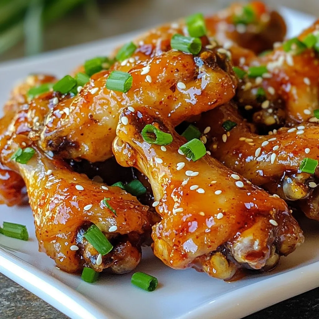 For this dish, you need: - 2 lbs chicken wings These wings are the star of the show. Choose fresh wings for the best taste. The main flavors come from the sauce. You will need: - 1/2 cup honey - 1/4 cup soy sauce - 4 cloves garlic, minced - 2 tablespoons sriracha (adjust for spice level) - 1 tablespoon sesame oil - 1 teaspoon grated ginger This sauce packs a punch! The honey adds sweetness, while sriracha brings heat. Garlic and ginger offer a warm, rich flavor. Sesame oil adds a nutty touch. Garnishes make your dish look great! Use: - 2 green onions, chopped (for garnish) - Sesame seeds (for garnish) Chopped green onions add freshness. Sesame seeds give a nice crunch and flavor. They make your wings pop! {{ingredient_image_1}} First, rinse the chicken wings under cold water. This step helps to clean them. After rinsing, pat them dry with paper towels. Use salt and pepper to season them generously. This simple step adds great flavor. Once seasoned, set them aside while you make the sauce. In a small saucepan over medium heat, combine the honey, soy sauce, minced garlic, sriracha, sesame oil, and grated ginger. Whisk these ingredients together until they mix well. Bring the mixture to a simmer. Let it simmer gently for about five minutes. This thickens the sauce and helps the flavors blend. Stir occasionally to prevent burning. Transfer the chicken wings to a large bowl. Pour half of the spicy honey garlic sauce over the wings. Toss them well to coat each wing evenly. Let them marinate for at least 30 minutes. If you have time, marinate them for up to two hours in the fridge. This gives them more flavor. Preheat your oven to 425°F (220°C). Line a baking sheet with aluminum foil. Place a wire rack on top of the baking sheet. Arrange the marinated wings in a single layer on the rack. Bake them for 25 to 30 minutes. Flip the wings halfway through for even cooking. They should come out crispy and golden brown. While the wings bake, heat the remaining sauce in the saucepan until warmed. Once the wings are done, toss them in the warmed sauce until fully coated. This extra glaze gives them a delicious flavor. Enjoy your spicy honey garlic wings! To get that crispy texture, you need a few tricks. First, rinse and dry your wings well. Moisture makes them soggy. Next, season your wings with salt and pepper. This step adds flavor and helps with crispiness. Baking them on a wire rack is key. It allows hot air to circulate around the wings. Bake at 425°F (220°C) for 25-30 minutes. Flip them halfway through for even cooking. For extra crunch, you can broil them for a couple of minutes at the end. You can easily change the heat of your wings. Use more or less sriracha when making your sauce. Start with one tablespoon for mild wings. Add more if you like heat. Taste the sauce before coating the wings. If it’s too spicy, mix in some honey. This will balance the heat. You can also add a dash of cayenne or red pepper flakes for extra kick. Remember, you control the spice! Pair your spicy honey garlic wings with tasty sides. Coleslaw adds a cool crunch and balances the heat. Fresh veggies like carrots and celery help too. For drinks, try a cold beer or iced tea. Both refresh your palate. Want more flavor? Serve with dipping sauces, like ranch or blue cheese. They add creaminess to your spicy wings. Enjoy your meal! Pro Tips Marinate Longer for Flavor: Letting the wings marinate for a longer period, such as 2 hours or overnight, enhances the flavor significantly. Use a Wire Rack: Baking the wings on a wire rack allows air to circulate around them, resulting in a crispier texture. Adjust Spice Level: Feel free to adjust the amount of sriracha in the sauce to match your personal spice preferences. Double the Sauce: If you love sauce, consider doubling the recipe so you have extra for dipping! {{image_2}} You can make spicy honey garlic wings in an air fryer. This method gives you crispy wings with less oil. Start by seasoning your wings just like in the oven method. After marinating, preheat your air fryer to 400°F (200°C). Place the wings in a single layer in the basket. Cook for about 20 minutes, shaking the basket halfway through. Toss the cooked wings in your spicy honey garlic sauce, and they are ready to serve! Grilling adds a smoky flavor to your wings. Start by marinating your wings as usual. Preheat your grill to medium heat. Place the wings on the grill, cooking for about 15-20 minutes. Make sure to flip them often for even cooking. Brush the wings with the spicy honey garlic sauce during the last few minutes of cooking. This will give them a delicious glaze and keep them juicy. You can play with the sauce to change the flavor. Try adding lime juice for a citrus kick. You can also swap sriracha for buffalo sauce for a different heat. Mixing in some barbecue sauce or teriyaki sauce can give a sweet twist. Feel free to experiment with herbs like cilantro or spices like smoked paprika for added depth. You can store your spicy honey garlic wings in the fridge. Place them in an airtight container. They will stay fresh for up to four days. Let the wings cool down before you store them. This helps keep them crispy. If you want the best taste, eat them within two days. To freeze your wings, place them in a freezer-safe bag. Remove as much air as you can. This helps avoid freezer burn. You can freeze the wings for up to three months. When ready to eat, let them thaw overnight in the fridge before reheating. Reheat your wings for the best flavor. Preheat your oven to 350°F (175°C). Place the wings on a baking sheet. Bake for about 15-20 minutes until they are hot. You can also microwave them, but they may get soggy. For a crispier texture, stick to the oven. If you want, toss them in extra sauce before serving. You can serve spicy honey garlic wings with a few tasty sides. Try fresh veggie sticks like carrots and celery. They add crunch and freshness. A creamy dip, such as ranch or blue cheese, pairs well too. You can also serve them with crispy fries or potato wedges. For a lighter option, a simple salad complements the wings nicely. Don’t forget some cold drinks! They balance the heat from the wings. Yes, you can use frozen chicken wings. Just make sure to thaw them first. You can leave them in the fridge overnight or use cold water to speed up the process. Once thawed, rinse and dry them, then season as stated in the recipe. Keep in mind, cooking from frozen may take longer. Ensure they reach a safe internal temperature of 165°F (74°C). To make the sauce spicier, add more sriracha. You can also try red pepper flakes or minced chili peppers. If you want a milder sauce, reduce the sriracha. You can swap it with a little ketchup for sweetness. Tasting the sauce as you mix helps you find your perfect spice level. Remember, you can always add more heat, but it’s hard to take it away! We covered how to make tasty spicy honey garlic chicken wings. You learned about the key ingredients, from the wings to the sauce and garnishes. I shared step-by-step instructions to help you prepare, make sauce, and bake the wings. I also shared tips to get the wings crispy and adjust spice levels. You can try fun variations like the air fryer method. Remember, proper storage will keep your leftovers fresh. Enjoy your wings with friends and keep experimenting. Happy cooking!