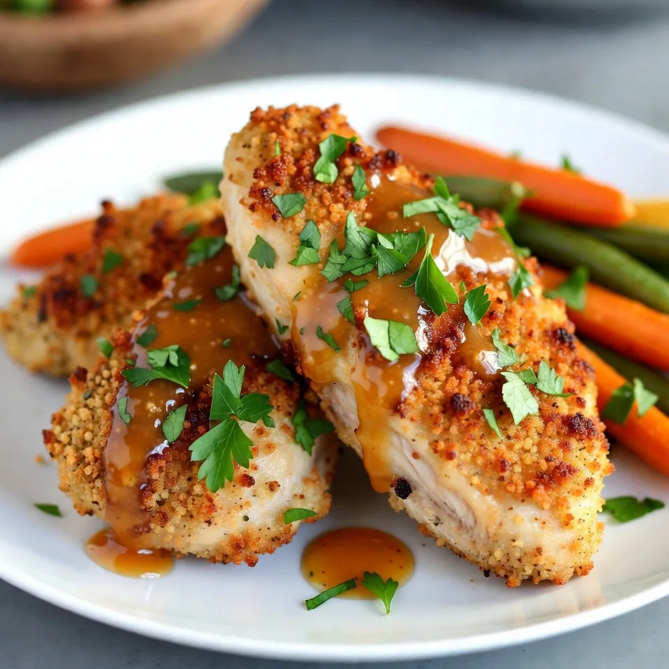 For this tasty dish, you will need: - 2 chicken breasts - 1 cup crushed pretzels - 1/2 cup breadcrumbs - 1/4 cup honey - 1/4 cup Dijon mustard - 1/4 cup plain yogurt (or sour cream) - 1 teaspoon garlic powder - 1 teaspoon onion powder - 1/2 teaspoon smoked paprika - Salt and pepper to taste - 2 tablespoons olive oil (for frying) When cooking, precise measurements matter. If you want to switch up the flavors, you can try these swaps: - Use chicken thighs instead of breasts for a juicier bite. - Swap honey with maple syrup for a different sweetness. - Greek yogurt can replace plain yogurt for added creaminess. - Try panko breadcrumbs for extra crunch in your coating. Using fresh ingredients makes a big difference. Fresh chicken ensures a moist and tender bite. Fresh spices add vibrant flavor. Pretzels should be crunchy; they give a great texture. Always choose high-quality honey for the best taste. When you use fresh ingredients, your meal will shine. {{ingredient_image_1}} Start by mixing the marinade. In a small bowl, whisk together honey, Dijon mustard, and yogurt. I love this mix because it adds a nice tangy flavor. Season the chicken breasts with salt, pepper, garlic powder, onion powder, and smoked paprika. This seasoning adds depth to each bite. Place the chicken in a resealable bag or shallow dish. Pour half of the honey mustard mix over the chicken and seal the bag. Let it chill in the fridge for at least 30 minutes. This step is key for tender, flavorful chicken. While the chicken marinates, prepare the coating. Combine crushed pretzels and breadcrumbs in a shallow bowl. This mix gives a great crunch. After marinating, take the chicken out and let excess marinade drip off. Dredge each chicken breast in the pretzel-breadcrumb mix. Press down gently to ensure each piece is fully coated. This is what makes your chicken crispy and fun to eat! Heat 2 tablespoons of olive oil in a skillet over medium heat. Once the oil is hot, add the coated chicken breasts. Cook for about 3-4 minutes on each side. You want them golden brown and crispy. After searing, transfer the chicken to a baking dish. Drizzle the remaining honey mustard mix over the top. Bake in your preheated oven at 400°F for 15-20 minutes. Use a meat thermometer to check that the internal temperature reaches 165°F. Once cooked, let the chicken rest for a few minutes before slicing. This rest time helps keep the chicken juicy! To get the best coating on your chicken, start with dry chicken. Pat it dry with a paper towel. This helps the marinade stick better. When you dredge the chicken in the pretzel-breadcrumb mix, press it down. This makes sure the coating sticks well. For extra crunch, you can double coat. First, dip in the marinade again, then in the coating mix. Cook your chicken at medium heat for a nice golden brown. If the heat is too low, the chicken will not cook well. If it’s too high, the outside will burn. Make sure to check the internal temperature. It should reach 165°F (74°C) to be safe to eat. After cooking, let it rest for a few minutes. This keeps the juices in, making the chicken juicy. Serve your pretzel crusted honey mustard chicken with colorful sides. Roasted vegetables look great on the plate. You can also add a fresh salad with mixed greens. For an extra touch, drizzle more honey mustard sauce on top. Garnish with chopped parsley to add color. This makes your meal not only tasty but also beautiful. Pro Tips Marinate Longer: For an even deeper flavor, marinate the chicken for 1-2 hours or overnight in the refrigerator. Use Panko Breadcrumbs: For an extra crunchy coating, try using panko breadcrumbs instead of regular breadcrumbs. Check for Doneness: Always use a meat thermometer to ensure your chicken reaches an internal temperature of 165°F (74°C) for safety. Customize the Sauce: Feel free to experiment with different mustards or add spices to the honey mustard mixture for a unique twist. {{image_2}} You can switch up the coating to fit your taste. Instead of pretzels, try crushed tortilla chips. They add a nice crunch and a different flavor. You might also use panko breadcrumbs. They can make the chicken extra crispy. For a healthy twist, try oats. Just blend them until fine, and use them as a coating. The honey mustard sauce is a star, but you can play with it. Add a splash of hot sauce for some heat. You could also mix in some maple syrup for a sweeter touch. If you like tang, squeeze in fresh lemon juice. This brings a fresh vibe to the dish. You can even blend in some herbs like dill or thyme for added flavor. Serve this chicken with tasty sides for a complete meal. Roasted veggies are a great choice. Think carrots, broccoli, or Brussels sprouts. They add color and nutrition. You can also serve it over a bed of rice or quinoa. This gives you a nice base to soak up the sauce. A simple green salad pairs well too. It adds freshness and crunch. Don't forget some crusty bread to mop up that sauce! To keep your pretzel crusted honey mustard chicken fresh, store it in an airtight container. Let the chicken cool down before sealing it. This helps prevent sogginess. You can keep it in the fridge for up to three days. For best taste, eat it within two days. When you're ready to enjoy leftovers, reheating is simple. Preheat your oven to 350°F (175°C). Place the chicken on a baking sheet. Cover it with foil to retain moisture. Heat for about 15-20 minutes. This method keeps the crust crispy and the chicken juicy. You can also freeze this chicken for later. Wrap each piece tightly in plastic wrap, then place them in a freezer bag. Be sure to remove as much air as possible. You can freeze it for up to three months. To thaw, move it to the fridge overnight before reheating. This keeps the flavor and texture intact. Yes, you can use chicken thighs. Thighs are juicier and tend to stay moist. They also have more flavor than chicken breasts. Just adjust the cooking time. Thighs usually take a bit longer to cook through. Aim for an internal temperature of 165°F (74°C) to ensure safety. They can add a nice twist to the dish. To make this recipe gluten-free, choose gluten-free pretzels and breadcrumbs. Many brands offer great options. You can also make homemade gluten-free breadcrumbs from gluten-free bread. Always check the labels to ensure all ingredients are gluten-free. This way, everyone can enjoy this tasty dish without worry. If you need a honey substitute, use maple syrup or agave nectar. Both options add sweetness and keep the dish tasty. You can also try brown sugar mixed with a little water. This will give a similar consistency to honey. Adjust the amount based on your sweetness preference. This blog post covered all you need to know about making delicious, coated chicken. We detailed fresh ingredients, step-by-step cooking guidance, and helpful tips. I shared variations to keep meals exciting and storage tips for leftovers. Cooking chicken can be simple and fun. Remember, the best meals come from good ingredients and careful steps. Get ready to impress everyone at the dinner table with your tasty dish! Enjoy your cooking adventure.