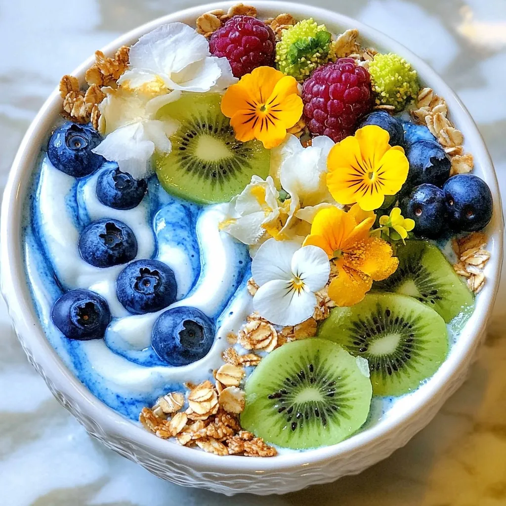 - 1 cup frozen blueberries - 1 cup frozen banana slices - 1/2 cup coconut milk - 1/2 cup spinach (fresh or frozen) - 1 tablespoon chia seeds - 1 tablespoon honey or maple syrup - 1/4 teaspoon spirulina powder The Mermaid Smoothie Bowl starts with vibrant ingredients. Each one adds color and flavor. - Sliced kiwi - Coconut flakes - Fresh berries - Edible flowers - Granola Toppings make your bowl look fun and inviting. You can mix and match as you like. - Antioxidants from blueberries help fight free radicals. - Fiber and potassium from bananas support digestion and heart health. - Spinach provides vitamins and minerals for energy. - Omega-3s in chia seeds boost brain health. - Spirulina adds protein and essential nutrients. These ingredients not only taste great but also pack a healthy punch. Enjoy all the good stuff while savoring your bowl! {{ingredient_image_1}} To start, gather your ingredients. In your blender, combine: - 1 cup frozen blueberries - 1 cup frozen banana slices - 1/2 cup coconut milk - 1/2 cup spinach - 1 tablespoon chia seeds - 1 tablespoon honey or maple syrup - 1/4 teaspoon spirulina powder This mix creates a vibrant base. Blend these ingredients until smooth. If the mix is too thick, add more coconut milk. This will help you reach your desired texture. Always blend on high. This helps break down the frozen fruit and spinach. Smoothness is key for a great bowl. After blending, check the creaminess. If it’s not creamy enough, blend a bit longer. You want it to feel indulgent and smooth. Once blended, pour your smoothie into a bowl. This is where the fun begins! Arrange your toppings with care. Use sliced kiwi, coconut flakes, fresh berries, and edible flowers. Sprinkle granola on top for a crunchy finish. Make it look as good as it tastes! Enjoy this colorful and healthy treat right away. To get the right thickness, adjust the coconut milk. Start with half a cup and add more if needed. This way, you can control how creamy your smoothie bowl is. Always blend your spinach and frozen fruits first. This ensures they mix well before adding the coconut milk. Choose colorful bowls to make your smoothie pop. Bright bowls can enhance the fun vibe of your dish. Use different shapes, too! Arrange the toppings in a fun way. Try making patterns with sliced kiwi and fresh berries. Edible flowers add a nice touch and make your bowl stand out. If you want a change from honey or maple syrup, try using agave or dates. These can add sweetness and depth to your bowl. You can also add spices like cinnamon for warmth. Vanilla extract can boost the flavor without overpowering the dish. Experiment and find what you love! Pro Tips Choose Your Greens: Spinach is great for a neutral flavor, but you can also use kale or Swiss chard for added nutrients and a different taste. Adjust Consistency: If your smoothie bowl is too thick, add a splash more coconut milk or a bit of water to reach your preferred consistency. Layering Flavors: For an extra flavor boost, consider adding a scoop of protein powder or a dash of vanilla extract to the blend. Presentation Matters: Take your time when arranging the toppings; a beautifully crafted bowl makes for an Instagram-worthy meal! {{image_2}} You can change up the fruits in your mermaid smoothie bowl. Try using strawberries, mangoes, or even peaches for a new twist. Each fruit brings its own flavor and nutrients. If you want a dairy-free option, use almond milk or oat milk instead of coconut milk. For a vegan choice, swap honey for agave syrup. Different types of spirulina can change the look of your smoothie bowl. Blue spirulina gives a bright blue color, while green spirulina adds a vibrant green hue. You can also swap seasonal ingredients to keep things fresh. In summer, use fresh berries. In fall, add pumpkin puree for a cozy touch. Want extra nutrition? Add protein powder to your smoothie base. This helps you feel full longer. For crunch, sprinkle some nuts or seeds on top. Almonds, walnuts, or pumpkin seeds work great. They not only add texture but also boost health benefits. To store your leftover smoothie base, pour it into an airtight container. You can keep it in the fridge for one to two days. This helps keep the flavor fresh and tasty. If you want to save it longer, pour it into ice cube trays. Freeze the cubes and use them later in smoothies or drinks. This method keeps the nutrients intact and makes it easy to blend in a flash. You can prepare your smoothie ahead of time by freezing your ingredients. Slice your bananas and place them in a freezer bag. Add frozen blueberries, spinach, and chia seeds to the bag. This way, you only need to blend when you want a smoothie. You can also pre-make the smoothie bowl. Just blend your ingredients, pour into a bowl, and place it in the fridge. It keeps well for up to a day. The best time to serve your Mermaid Smoothie Bowl is right after you make it. This keeps it fresh and vibrant. For a meal, pair the smoothie bowl with a light side, like whole-grain toast or yogurt. It adds more nutrients and makes a filling breakfast. Enjoy the burst of flavors while they are at their best! A Mermaid Smoothie Bowl is a fun, colorful treat. It looks like the ocean and tastes amazing. The base is creamy and smooth, made with fruits and spinach. The bright color often comes from spirulina, a blue-green algae. This bowl is inspired by mermaids and the sea. It’s perfect for breakfast or a snack. The vibrant toppings make it even more special. You can add fruits, coconut flakes, or even edible flowers for a magical touch. Yes, you can make it without spirulina. If you skip it, your bowl will not have the same sea color. You can use matcha powder for a green color. Another option is to add more spinach. This keeps the bowl healthy while still looking nice. You might also try adding blue food coloring. Just remember to pick natural colors for a healthy twist. To make your Mermaid Smoothie Bowl more filling, add protein or carbs. You can mix in a scoop of protein powder. Greek yogurt also works well for extra creaminess and protein. If you want more carbs, try adding oats or nut butter. Chia seeds already give some fiber, but you can add more nuts or seeds on top. These changes keep you full and satisfied longer. This blog covered how to create a delicious Mermaid Smoothie Bowl. We talked about the key ingredients, from frozen blueberries to chia seeds. I shared step-by-step instructions for making the base and tips for perfecting texture. We also explored variations, storage methods, and answered common questions. Incorporating your favorite fruits and toppings can make these bowls even more fun. Enjoy experimenting with flavors and colors to suit your taste and health goals. Happy blending!