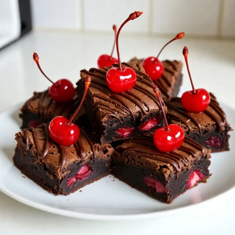 To make chocolate covered cherry brownies, you need some core ingredients. The butter gives richness. Sugar sweetens the brownies and creates a nice texture. Eggs help the brownies rise and bind everything together. The flour and cocoa powder form the base. Maraschino cherries add a fun burst of flavor. Finally, chocolate chips give that chocolatey goodness. Here’s a complete list of what you need: - 1 cup unsalted butter, melted - 1 cup granulated sugar - 1 cup brown sugar, packed - 4 large eggs - 1 teaspoon vanilla extract - 1 cup all-purpose flour - 1/2 cup unsweetened cocoa powder - 1/4 teaspoon salt - 1 cup maraschino cherries, drained and chopped - 1 cup semi-sweet chocolate chips - 1/2 cup heavy cream You can add some fun twists to your brownies. A pinch of espresso powder boosts the chocolate flavor. Adding walnuts or pecans gives a nice crunch. For a fruity kick, try using fresh cherries instead of maraschino. A splash of almond extract can add a unique twist. These options make your brownies even more special! {{ingredient_image_1}} Before you start, gather all your ingredients. You will need: - 1 cup unsalted butter, melted - 1 cup granulated sugar - 1 cup brown sugar, packed - 4 large eggs - 1 teaspoon vanilla extract - 1 cup all-purpose flour - 1/2 cup unsweetened cocoa powder - 1/4 teaspoon salt - 1 cup maraschino cherries, drained and chopped - 1 cup semi-sweet chocolate chips - 1/2 cup heavy cream Preheat your oven to 350°F (175°C). Grease a 9x13 inch baking pan or line it with parchment paper. This makes it easy to lift out the brownies later. In a mixing bowl, whisk the melted butter, granulated sugar, and brown sugar. Mix until it looks smooth. Next, add the eggs one at a time. Make sure to whisk well after each egg. Stir in the vanilla extract for added flavor. In another bowl, sift together the flour, cocoa powder, and salt. Gradually mix this dry mix into the wet ingredients. Stir just until you see no more flour. Now, gently fold in the chopped maraschino cherries. This gives a sweet burst in every bite. Pour the brownie batter into your prepared baking pan. Use a spatula to smooth the top. Bake for 25-30 minutes. Check doneness by inserting a toothpick. It should come out mostly clean, with a few moist crumbs. While the brownies bake, prepare the chocolate ganache. In a small saucepan, heat the heavy cream over medium heat until it simmers. Remove it from the heat and add the chocolate chips. Stir until the chocolate melts and the mix is smooth. Once the brownies cool for about 10 minutes, pour the ganache over them. Spread it evenly for a rich finish. Let the brownies cool completely before lifting them out and cutting into squares. To get the best brownie texture, start with room temperature ingredients. This helps the batter mix well. Mix the butter and sugars until creamy. This should take about two minutes. It adds air and gives a light texture. Do not overmix once you add the flour. Stir just until combined to keep the brownies soft and chewy. For a smooth ganache, heat the cream until it just simmers. Do not let it boil, or the ganache may become grainy. Once the cream is hot, remove it from the heat. Add the chocolate chips and let them sit for a minute. Then stir until the mixture is silky and shiny. If it feels too thick, add a little warm cream to loosen it up. Avoid overbaking the brownies. Take them out when a toothpick shows a few moist crumbs. If you bake them too long, they will dry out. Another mistake is not cooling them before adding ganache. Let the brownies cool for at least 10 minutes. This helps the ganache set better. Lastly, use parchment paper for easy removal. It makes cutting them into squares so much easier! Pro Tips Use Room Temperature Eggs: For a smoother batter, ensure your eggs are at room temperature before adding them to the mixture. This helps to create a more uniform texture in the brownies. Don't Overmix: Once you add the dry ingredients to the wet, mix just until combined. Overmixing can result in dense and tough brownies. Check for Doneness: Insert a toothpick into the center of the brownies; it should come out with a few moist crumbs. This indicates they are perfectly fudgy without being underbaked. Chill for Better Cutting: After the brownies cool, refrigerate them for about 30 minutes before cutting. This makes them easier to slice into neat squares. {{image_2}} You can boost your brownies by adding nuts or other fruits. Chopped walnuts or pecans add a nice crunch. You can mix in about half a cup of nuts with the cherries. You can also use fresh berries, like raspberries or strawberries. They give a bright flavor and add color. Just be sure to chop them small, so they mix well in the batter. If you want a gluten-free treat, swap the all-purpose flour for a gluten-free blend. Many stores sell good mixes that work well in brownies. You can also use almond flour for a nutty taste. Just remember to check the labels. Some gluten-free flours need more moisture, so adjust the liquid in your recipe if needed. You can enhance the flavor of your brownies with fun extras. Try adding a teaspoon of peppermint extract for a fresh taste. This works great for the holidays! You can also add a bit of orange zest for a citrus twist. Simply grate the peel of one orange and mix it into the batter. These simple changes can make your brownies even more special! To keep your brownies fresh, let them cool completely first. Then, place them in a single layer in an airtight container. You can also wrap them tightly in plastic wrap. Store them at room temperature for up to three days. If you want to keep them longer, use the freezing tips below. Freezing brownies is a great way to save them for later. First, cut the brownies into squares. Wrap each square in plastic wrap and then put them in a freezer bag. Make sure to remove as much air as possible. You can freeze them for up to three months. When you're ready to enjoy, let them thaw at room temperature or heat them in the microwave for a few seconds. Use airtight containers for short-term storage. Glass or plastic containers work well. If you're freezing, use freezer-safe bags or containers. Be sure they are labeled with the date. This way, you’ll know how long they have been stored. Keeping them sealed helps prevent freezer burn and keeps them tasting fresh. Yes, you can use fresh cherries. Fresh cherries give a nice, tart bite. Just pit and chop them. Make sure to reduce the moisture to keep brownies from getting soggy. To check if the brownies are ready, insert a toothpick into the center. If it comes out with a few moist crumbs, they are done. If it comes out wet, bake a bit longer. Aim for a gooey, fudgy texture. You can use whole milk or half-and-half. These options will make a lighter ganache. Coconut cream also works well for a dairy-free choice. Just ensure you heat it gently to melt the chocolate. This blog post covered everything you need to make brownies from scratch. We explored key ingredients, detailed how to mix and bake, and shared tips for great texture and ganache. You learned about tasty variations and how to store leftovers for later. My final thought? Experiment with flavors and enjoy your baking journey. Happy baking!
