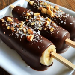To make chocolate covered banana pops, you will need: - 2 ripe bananas - 1 cup dark chocolate chips - 1 tablespoon coconut oil - Sea salt, for sprinkling These ingredients create a tasty and fun treat. The ripe bananas give sweetness and a soft bite. Dark chocolate adds rich flavor, while coconut oil helps the chocolate melt smoothly. A sprinkle of sea salt makes the taste pop! You can make your banana pops even more special with these toppings: - Crushed nuts - Sprinkles - Shredded coconut Feel free to mix and match these toppings. Crushed nuts add crunch, while sprinkles bring fun colors. Shredded coconut gives a tropical twist! Each serving contains: - Calories: 150 - Fat: 8g - Carbohydrates: 20g - Protein: 2g These banana pops are a sweet treat that packs nutrients. They are a great snack for kids and adults alike! Enjoy them as a dessert or a fun afternoon snack. {{ingredient_image_1}} Start by peeling two ripe bananas. Then, cut each banana in half. You will have four pieces of banana. Next, take a popsicle stick and insert it into each banana half. Make sure the stick goes in halfway. This will help you hold them later. Place the banana sticks on a baking sheet lined with parchment paper. Freeze them for at least one hour. While the bananas freeze, melt the chocolate. In a microwave-safe bowl, add one cup of dark chocolate chips and one tablespoon of coconut oil. The coconut oil helps the chocolate melt smoothly. Microwave the bowl for 30 seconds. Stir the chocolate, then microwave again for another 30 seconds. Repeat this until the chocolate is fully melted and smooth. Take the frozen bananas out of the freezer. Dip each banana pop into the melted chocolate. Let the extra chocolate drip off. If you like, roll the chocolate-covered bananas in toppings like crushed nuts or sprinkles. Place them back on the parchment-lined sheet. Sprinkle a pinch of sea salt over each pop for added flavor. Return the pops to the freezer for 30 more minutes. This helps the chocolate firm up nicely. When making chocolate covered banana pops, choose dark chocolate chips. They melt well and taste rich. You can also use milk chocolate for a sweeter flavor. White chocolate is fun, too! Each type adds a different twist to your banana pops. Try different types to find your favorite. To get a smooth chocolate coating, mix dark chocolate chips with a bit of coconut oil. The oil makes the chocolate runny and easy to dip. Microwave the mix in short bursts. Stir often to avoid burning. Once melted, dip each banana pop quickly. Let the excess drip off before placing them back on parchment. Serve your banana pops on a wooden board for fun. You can also place them in a tall glass with ice. Add a colorful garnish like crushed nuts or sprinkles. This makes the pops look even more tasty. Enjoy them on a hot day or at a party! Pro Tips Choose Ripe Bananas: Use ripe bananas for the best flavor and creaminess. They should have a few brown spots for optimal sweetness. Coating Techniques: For a smooth chocolate coating, ensure the bananas are completely frozen before dipping. This helps the chocolate adhere better. Experiment with Toppings: Get creative with your toppings! Try different nuts, seeds, or even crushed cookies for added texture and flavor. Storage Tips: Store any leftover banana pops in an airtight container in the freezer for up to a week. They make a great quick snack! {{image_2}} You can use many types of chocolate for your banana pops. Dark chocolate gives a rich taste. Milk chocolate offers a sweeter flavor. White chocolate adds creaminess and a fun look. Each type brings its own joy and taste. Feel free to mix and match different chocolates. You can even blend dark and milk chocolate for a unique twist. Toppings can make your banana pops even better. Crushed nuts add crunch and nutty flavor. You can use almonds, peanuts, or walnuts. Sprinkles add color and fun. Use rainbow sprinkles for a festive touch. Shredded coconut gives a tropical feel. You can also try crushed cookies for an extra crunch. Just roll the warm chocolate bananas in your chosen toppings. Mixing flavors is a fun way to change things up. Try adding a layer of peanut butter before dipping the banana. This adds creaminess and richness. Drizzling caramel on top gives a sweet contrast. You can also try a bit of honey or maple syrup. These flavors pair well with chocolate and make each bite tasty. Experiment with your favorite flavors to find your perfect combo. You can store your chocolate covered banana pops in the freezer. Wrap each pop in plastic wrap. Place them in a zip-top bag. This keeps them fresh and safe from freezer burn. Make sure to remove as much air as possible from the bag. This helps the pops stay tasty for longer. To keep the banana pops fresh, freeze them right after coating. Lay them flat on parchment paper. This way, they won't stick together. Once frozen, you can stack them in a container if needed. Just remember to separate layers with parchment paper. The pops should stay good for up to one month in the freezer. If you have leftover pops, you can eat them cold. They taste great straight from the freezer. If you want them soft, let them sit at room temperature for about 5 minutes. This makes the chocolate easier to bite into. Never microwave them, as this can make the chocolate melt too much. Yes, you can use other fruits! Strawberries, apples, and peaches work well too. Just make sure they are firm. Cut them into bite-sized pieces for easy dipping. Keep in mind that softer fruits may need a thicker chocolate coating to hold up. Have fun trying different fruits for varied flavors! Chocolate-covered banana pops last about one week in the freezer. To keep them fresh, store them in an airtight container. This helps prevent freezer burn. If you want longer storage, try wrapping them in plastic wrap before placing them in the container. Enjoy them as a sweet treat anytime! The best way is to use a microwave. Place chocolate chips in a microwave-safe bowl. Add a tablespoon of coconut oil for smoothness. Heat in 30-second intervals, stirring between each time. This method helps prevent burning. You can also use a double boiler if you prefer a stovetop method. Just be careful not to let water touch the chocolate. You learned how to make chocolate-covered banana pops step-by-step. We covered the key ingredients and the fun toppings you can add. I also shared tips for a smooth coating and how to store your treats. Don&rsquo;t forget the different chocolate types and flavor combos for variety. Enjoy these easy snacks; they are tasty and fun to make. Try your own ideas, and share your results! Happy popping!