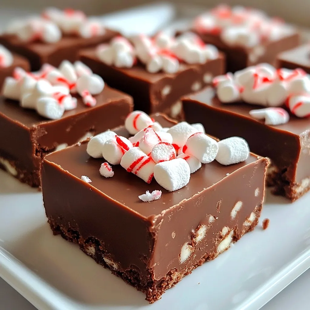 - 1 cup semi-sweet chocolate chips - 1 cup sweetened condensed milk - 1/4 cup unsweetened cocoa powder - 1 teaspoon vanilla extract - 1/2 teaspoon peppermint extract - 1/2 cup crushed peppermint candies or candy canes - A pinch of salt - Optional: Mini marshmallows for topping When making peppermint hot chocolate fudge, I love using simple, quality ingredients. First, I pick semi-sweet chocolate chips. They melt well and provide a rich base. Sweetened condensed milk adds creaminess and sweetness. Unsweetened cocoa powder boosts the chocolate flavor. Next, I add vanilla extract for warmth. Peppermint extract gives that fresh minty kick. Crushed peppermint candies add crunch and fun. A pinch of salt balances the sweetness. If you want to go extra, mini marshmallows on top make it festive. Gather all these items before you start. This makes the process smooth and quick. You can find most ingredients in your kitchen or local store. Enjoy the magic of this holiday treat! {{ingredient_image_1}} 1. Line an 8x8 inch baking pan with parchment paper. Leave some paper hanging over the sides. This helps you lift the fudge out later. 2. In a medium saucepan, add 1 cup of semi-sweet chocolate chips and 1 cup of sweetened condensed milk. 3. Heat the mixture on low. Stir gently until the chocolate chips melt and the mix is smooth. 1. Remove the saucepan from heat. Stir in 1/4 cup of cocoa powder, 1 teaspoon of vanilla extract, 1/2 teaspoon of peppermint extract, and a pinch of salt. Mix until well combined. 2. Fold in 1/2 cup of crushed peppermint candies. If you like, save a tablespoon for topping later. 1. Pour the fudge mixture into the lined pan. Spread it evenly with a spatula for a smooth top. 2. Sprinkle the reserved crushed peppermint candies on top. If you want, add mini marshmallows for extra fun! 3. Refrigerate for at least 2 hours, or until the fudge is set. 4. Once set, lift the fudge from the pan using the parchment paper. Cut it into squares to serve. To make great fudge, pay attention to temperature. Melt the chocolate chips and sweetened condensed milk on low heat. This helps keep the mix smooth. Stir gently as it melts. If the heat is too high, it can burn. A burnt taste ruins all your hard work. Accurate measuring matters. Use a dry measuring cup for cocoa powder and a liquid cup for milk. Precision ensures the right taste and texture. A scale can help if you have one. It makes measuring easy and correct. Make your fudge stand out. Use a festive plate for serving. This adds joy to any gathering. You can also cut the fudge into fun shapes. Try hearts or stars for a holiday touch. Garnish with whole peppermint candies. They add color and a fun crunch. Place them on top of the fudge or around the plate. You can also sprinkle extra crushed candies for more flair. Mini marshmallows on top create a cozy look, too. Sometimes fudge can turn out grainy. If this happens, try reheating it gently. Stir in a little extra sweetened condensed milk. This can help smooth it out. Make sure to keep it on low heat while stirring. If your fudge is too soft, you can fix this, too. Place it back in the fridge. Let it chill longer to firm up. If it still feels soft, it may need more time to set. Next time, try cooking it a bit longer. This helps the fudge reach the right texture. Pro Tips Use High-Quality Chocolate: The better the chocolate, the richer and more delicious your fudge will be. Look for semi-sweet chocolate chips with a high cocoa content for the best flavor. Customize Your Flavors: Feel free to experiment with different extracts or add-ins, such as orange extract or chopped nuts, to create unique variations of this fudge. Storage Tips: Keep the fudge in an airtight container in the refrigerator for up to two weeks. For longer storage, you can freeze it in small pieces for up to three months. Cutting the Fudge: To achieve clean cuts, use a sharp knife and warm it slightly under hot water before slicing. Wipe the knife between cuts for the best presentation. {{image_2}} You can mix up the flavors in your fudge. Try using almond or orange extract instead of peppermint. These flavors add a twist. You can also switch the chocolate type. Use milk chocolate for a sweeter taste or white chocolate for a creamy texture. Each choice gives a new flavor. Want to add a crunch? Mix in nuts like walnuts or pecans. They add a nice texture. You can also layer the fudge with caramel or other sweet spreads. This makes each bite more exciting and delicious. Make your fudge festive for the holidays. Add some red and green sprinkles or use cookie cutters for fun shapes. You can also adjust the fudge for other occasions, like birthdays or parties. Change the extracts and toppings to match the theme. This makes the fudge a great fit for any celebration. To keep your peppermint hot chocolate fudge fresh, store it in an airtight container. This helps prevent it from drying out or absorbing other smells in your fridge. Make sure the fudge is completely cool before sealing it. If you follow this method, your fudge can last up to two weeks in the refrigerator. You can freeze peppermint hot chocolate fudge for longer storage. Cut the fudge into squares before freezing. Place the pieces in a single layer on a baking sheet. Once frozen, transfer them to an airtight container. This way, they won’t stick together. The fudge can stay good for up to three months in the freezer. When ready to enjoy, take it out and let it thaw in the fridge overnight. After storing, serve your fudge at room temperature. It is rich and tasty on its own. For a fun twist, pair it with hot cocoa or peppermint tea. You can also top your fudge with whipped cream or mini marshmallows. This will make a festive treat even more special. Enjoy sharing it with friends and family! How long does it take to set? The fudge takes about 2 hours to set in the fridge. If you want it firmer, leave it longer. The cold helps it get that perfect fudge texture. Can I use low-fat condensed milk? You can use low-fat condensed milk, but it may change the fudge's creaminess. This could affect the taste and texture, so be ready for a slight difference. Are there any alternatives to peppermint? Yes, you can try other extracts like almond or vanilla. Each will give a unique flavor twist to your fudge. Just keep the amount similar to the peppermint extract. What can I substitute for chocolate chips? You can use chopped chocolate bars or cocoa powder. If using cocoa powder, add extra sweetened condensed milk to keep it creamy. Can I make the fudge dairy-free? Yes! Use dairy-free chocolate chips and coconut milk instead of sweetened condensed milk. This way, you can enjoy the fudge without dairy. Why did my fudge not set properly? Your fudge might not set if it didn’t cool long enough. Also, if the chocolate and milk mixture was too hot when mixed, it could cause issues. Make sure to cool it before pouring into the pan. How can I fix fudge that is too soft or chewy? If your fudge is too soft, you can remelt it gently. Then, add a bit more cocoa powder or chocolate chips. Stir and pour back into the pan to set again. You learned how to make delicious peppermint hot chocolate fudge from start to finish. We covered ingredients, preparation steps, and handy tips for the perfect fudge. You can now experiment with flavors and make festive variations. Remember to store your fudge right for the best taste. Enjoy this treat with friends and family. Dive into your sweet creation and make every bite memorable!