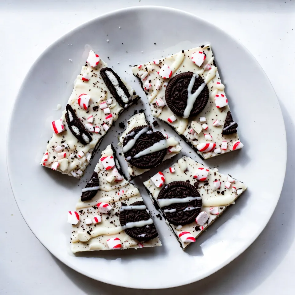 To make Oreo Peppermint Bark, you need a few simple ingredients. Here’s what you will need: - 12 Oreo cookies, crushed - 2 cups white chocolate chips - 1 teaspoon peppermint extract - 1/2 cup crushed peppermint candies (or candy canes) - 1 tablespoon coconut oil (optional) Each item plays a key role. The Oreo cookies give a rich, chocolatey taste. The white chocolate chips melt into a creamy layer. Peppermint extract adds fresh flavor, making it feel like the holidays. Crushed peppermint candies add crunch and color. Coconut oil helps the chocolate stay smooth and shiny, but it’s not a must. You can find all these ingredients at your local store. Gather them together, and you are ready to start making this festive treat! {{ingredient_image_1}} First, get your baking sheet ready. Line it with parchment paper or a silicone mat. This step stops the bark from sticking. Make sure it covers the whole sheet. Next, you will melt the white chocolate. In a microwave-safe bowl, add the white chocolate chips. If you want, add coconut oil for smoothness. Microwave it in 30-second bursts. Stir the mix each time. Keep going until it is smooth and melted. Now, it’s time to add flavor! Stir in the peppermint extract. Mix well until it is all combined. You want that fresh peppermint taste in every bite. Gently fold in the crushed Oreo cookies. Make sure to save about 1/4 cup of them for later. This will add a nice crunch on top of your bark. Pour the chocolate-Oreo mix onto the baking sheet. Use a spatula to spread it out evenly. Aim for about 1/4 inch thick. This thickness helps it set nicely. Sprinkle the crushed peppermint candies over the chocolate layer. Add the reserved Oreo crumbs too. Press them down slightly. This helps them stick to the bark. Place the baking sheet in the fridge. Let it chill for 1 to 2 hours. You want the bark to be firm and set completely. Once it is set, take it out of the fridge. Break the bark into pieces. You can make them as big or small as you like. Enjoy your homemade Oreo Peppermint Bark! To melt chocolate well, use a microwave-safe bowl. Combine chocolate chips and coconut oil. Heat in short bursts, like 30 seconds. Stir between each interval. This keeps the chocolate from burning. When melted, it should be smooth and shiny. If it gets too thick, add a little coconut oil. This helps it stay creamy. To get the best texture, make sure the chocolate is fully melted. Stir it well to mix in the peppermint. When you fold in the Oreos, do it gently. This keeps the cookies from breaking too much. You want nice chunks of Oreo in the bark. Press the toppings lightly into the chocolate. This helps them stick better when it sets. For a beautiful presentation, cut the bark into even pieces. Place the pieces on a festive platter. You can drizzle melted white chocolate over them for flair. Another fun idea is to package them in clear bags. Tie them with a ribbon for gifts. This adds a personal touch and makes them look special. Enjoy sharing your Oreo Peppermint Bark! Pro Tips Use Quality Chocolate: Opt for high-quality white chocolate chips for the best flavor and smooth melting. Avoid generic brands that may not melt well. Chill Between Layers: If you're adding multiple layers or toppings, chill the bark briefly in the refrigerator to help them adhere better and prevent mixing. Customize Your Toppings: Feel free to experiment with different toppings such as crushed nuts, sprinkles, or even drizzles of dark chocolate for added flavor and texture. Store Properly: Keep your Oreo Peppermint Bark in an airtight container at room temperature for up to two weeks to maintain its freshness and crunch. {{image_2}} You can change the chocolate in your Oreo Peppermint Bark. While white chocolate is sweet and creamy, you might enjoy dark chocolate too. Dark chocolate adds a rich taste that balances the sweetness. You can also use milk chocolate for a classic twist. Each type of chocolate brings a new flavor to the bark. Add different flavors to your bark for fun. For example, try orange zest for a citrus kick. Almond extract could give your bark a nutty flavor. You can also add a pinch of sea salt for a sweet-salty mix. These flavors will make your bark stand out at any holiday party. Mix in seasonal treats for extra fun. In the fall, add crushed candy corn or pumpkin spice. For spring, try adding pastel sprinkles or mini eggs. You can also use dried fruits like cranberries or cherries for a burst of color and taste. These mix-ins will make your Oreo Peppermint Bark a treat for all seasons. To keep your Oreo Peppermint Bark fresh, store it in an airtight container. This helps keep moisture out. You can layer the bark pieces with parchment paper. This prevents them from sticking together. If you have many pieces, consider using a larger container. Oreo Peppermint Bark lasts about two weeks at room temperature. If you store it in the fridge, it can last up to three weeks. You can also freeze the bark. Wrap it tightly in plastic wrap, then place it in a freezer bag. It can last up to three months in the freezer. To enjoy later, thaw it in the fridge overnight. To keep the bark fresh, always use a clean, dry utensil when taking pieces. Avoid leaving it out in warm areas, as heat can cause it to melt. If you notice any moisture, dry the container before placing the bark inside. This helps maintain its texture and flavor. Yes, you can use dark or milk chocolate. Each type gives a different taste. Dark chocolate adds rich flavor, while milk chocolate is sweeter. Adjust the amount of peppermint extract for balance. Start with the same amount and taste it. You can always add more if needed. Oreo Peppermint Bark can last up to two weeks if stored properly. Keep it in an airtight container. This keeps moisture out and preserves the taste. If you want to store it longer, you can freeze it. Just wrap it well to prevent freezer burn. Absolutely! Oreo Peppermint Bark is great to make ahead. You can prepare it days or even weeks in advance. Store it in an airtight container. It will stay fresh and tasty. This makes it easy to enjoy during the busy holiday season. This blog post covered how to make Oreo Peppermint Bark. We talked about the ingredients, like Oreos and white chocolate. I shared step-by-step instructions for easy baking and tips for the best results. You learned fun variations and how to store your tasty treat. Enjoy making this easy and festive dessert. It will surely wow your friends and family!