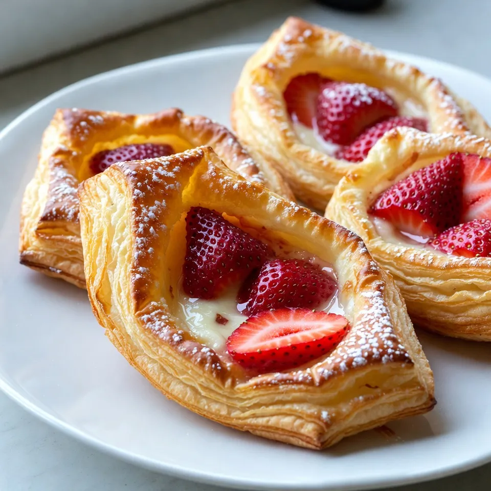 To make a delicious Strawberry Cream Cheese Danish, gather these key ingredients: - Cream Cheese - Powdered Sugar - Vanilla Extract - Puff Pastry - Fresh Strawberries - Cornstarch - Lemon Juice - Egg (for egg wash) - Milk (for egg wash) - Granulated Sugar for topping Each ingredient serves a purpose. Cream cheese gives a rich, smooth filling. Powdered sugar adds sweetness and helps blend the cream cheese. Vanilla extract enhances flavor, making every bite delightful. Puff pastry creates that flaky texture we love. Fresh strawberries bring vibrant color and taste. Cornstarch thickens the strawberry filling, while lemon juice brightens the flavor. The egg and milk make a shiny wash for a golden finish. Finally, a sprinkle of granulated sugar gives a crunchy topping. These ingredients combine to create a treat that is not just tasty but also visually appealing. Enjoy picking out the freshest strawberries and savor the process of making this delightful pastry! {{ingredient_image_1}} - Preheat your oven to 375°F (190°C). - Line a baking sheet with parchment paper. This keeps the pastries from sticking. - In a bowl, mix 1 package of softened cream cheese, 1/4 cup of powdered sugar, and 1 teaspoon of vanilla extract. - Stir it until smooth and creamy. Set this aside for later. - Take 1 cup of sliced fresh strawberries and place them in a bowl. - Add 1 tablespoon of cornstarch and 1 tablespoon of lemon juice. - Gently toss the strawberries until they are well coated. This adds flavor and helps thicken the filling. - Roll out the thawed puff pastry sheet on a floured surface. - Cut the pastry into squares, about 4x4 inches each. - Place a spoonful of the cream cheese mixture in the center of each square. - Top the cream cheese with a spoonful of the strawberry mixture. - Fold over the corners to form a triangle or leave them open for a rustic look. Press the edges gently to seal them. - In a small bowl, mix 1 beaten egg with 1 tablespoon of milk. - Brush the egg wash over the pastry. This gives it a nice golden color. - Sprinkle a bit of granulated sugar on top for extra sweetness. - Bake in the preheated oven for 20-25 minutes, or until they are puffed and golden brown. - Let them cool slightly before serving. Enjoy your delicious treats! - Avoid Overworking the Dough: This keeps your pastry light and flaky. When you roll out the pastry, use gentle pressure. If you press too hard, the layers stick together. This can make it tough instead of flaky. - Keep Ingredients Cold: Cold ingredients help the pastry rise well. Make sure your butter and cream cheese are cold when you start. If your kitchen is warm, chill your tools, like the mixing bowl. - Presentation Tips for Serving: A nice plate makes a big difference. Serve your Danish on a colorful plate. You can also dust with powdered sugar. Adding whole strawberries beside the Danish looks nice, too. - Pairing Ideas with Beverages: Try serving these with coffee or tea. A light herbal tea complements the sweetness. You can also enjoy them with fresh juice for a refreshing treat. - How to Store Leftovers: Keep any extras in an airtight container. They will stay fresh for about two days. Place a paper towel inside to absorb moisture. This helps keep the pastry crisp. - Freezing Instructions: If you want to save some for later, freeze them. Wrap each Danish in plastic wrap. Put them in a freezer bag. They can last up to three months in the freezer. To enjoy, just thaw and reheat in the oven. Pro Tips Choose the Right Strawberries: Use ripe, fresh strawberries for the best flavor. Look for berries that are bright red and firm to the touch. Prevent Soggy Pastry: To avoid a soggy bottom, consider dusting the cream cheese layer with a small amount of cornstarch before adding the strawberries. Keep Puff Pastry Cold: Work quickly to keep the puff pastry cold before baking. This helps achieve the best rise and flaky texture. Experiment with Flavors: Feel free to mix in other fruits or flavors, such as blueberries or almond extract, to customize your Danish to your liking. {{image_2}} You can switch up the fruit in your Danish for a new twist. Try using other berries like blueberries or raspberries. They add a nice tartness and bright color. Stone fruits work well too. Peaches and cherries bring a sweet, juicy flavor to the dish. Just remember to slice them small enough to fit in the pastry. Want to add more flavor? Consider adding citrus zest. A little lemon or orange zest brightens the cream cheese mix. It gives a fresh taste that pairs well with strawberries. You can also use different extracts. Almond or lemon extracts can change the profile of your filling. Just be careful, a little goes a long way! If you need gluten-free options, look for gluten-free puff pastry. Many brands offer this, and it bakes up well. For those who want a vegan version, you can find cream cheese made from nuts. These substitutes keep the flavor and texture you love. - Calories per Serving: Each Strawberry Cream Cheese Danish has about 210 calories. This gives you a sweet treat without too many calories. - Macronutrients Overview: Each serving contains around 8g of fat, 25g of carbs, and 3g of protein. The balance of these nutrients makes it a delightful snack or breakfast option. - Reduced Sugar Options: You can cut down on sugar by using less powdered sugar in the cream cheese mix. Try using only 2 tablespoons instead of 1/4 cup. This still gives a nice flavor without too much sweetness. - Using Low-Fat Cream Cheese: For a lighter version, swap regular cream cheese for low-fat cream cheese. This change reduces fat and calories while keeping the creamy texture you love in a Danish. To make this Danish, follow these simple steps: 1. Preheat your oven to 375°F (190°C). Line a baking sheet with parchment paper. 2. Mix the cream cheese with powdered sugar and vanilla in a bowl. Stir until smooth. 3. Roll out the puff pastry on a floured surface. Cut it into 4x4 inch squares. 4. Prepare the strawberry filling by mixing sliced strawberries, cornstarch, and lemon juice in another bowl. 5. Fill each pastry square with a spoonful of cream cheese and top it with strawberries. 6. Fold the corners of the pastry over the filling. Press gently to seal. 7. Make the egg wash by mixing the beaten egg and milk in a small bowl. Brush it over the pastries. 8. Sprinkle granulated sugar on top for a sweet touch. 9. Bake for 20-25 minutes until golden brown. 10. Let cool slightly before enjoying your delicious Danish! Yes, you can use frozen strawberries. They work well, but you must thaw and drain them first. This helps avoid excess moisture. Fresh strawberries are best for a firmer texture. However, frozen strawberries offer good flavor, especially when fresh ones are out of season. To make an egg wash, you need: - 1 egg, beaten - 1 tablespoon milk Combine them in a small bowl and mix well. Use a pastry brush to coat the tops of your Danishes. This gives them a shiny, golden finish when baked. To reheat your Danish, preheat the oven to 350°F (175°C). Place the pastries on a baking sheet. Heat them for about 10-15 minutes. This keeps the pastry crispy and the filling warm. Avoid the microwave, as it makes the pastry soggy. Enjoy your treats fresh again! You learned how to make a delicious Strawberry Cream Cheese Danish. We covered the key ingredients, step-by-step instructions, and helpful tips. You can also explore variations and healthier options. Whether you choose fresh strawberries or try new flavors, this recipe is versatile. Remember to store leftovers properly and enjoy them later. Baking can be fun and rewarding, so dive in! Your homemade pastries are sure to impress. With practice and creativity, you can make this treat just right every time. Enjoy your baking journey!