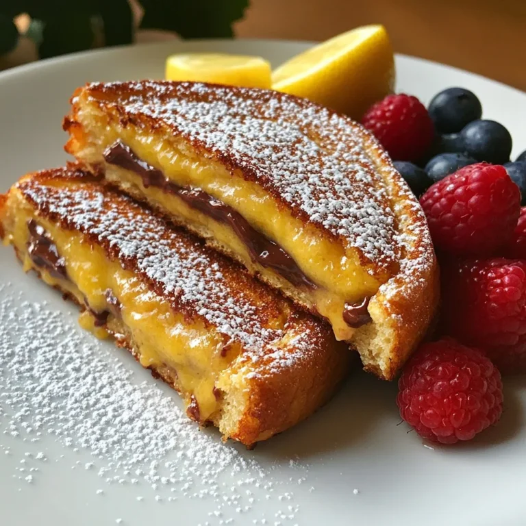 To make Nutella stuffed French toast, you need a few key items: - 4 slices of thick bread (challah or brioche work best) - 1/2 cup Nutella - 2 large eggs - 1/2 cup milk (or a dairy alternative) - 1 teaspoon vanilla extract - 1 teaspoon cinnamon - 1 tablespoon butter (for cooking) - Powdered sugar (for serving) - Fresh berries (optional topping) These ingredients come together to create a sweet and rich dish. The Nutella provides a creamy chocolate flavor that pairs well with the egg mixture. Choosing the right bread is important for this recipe. I recommend using thick slices of bread like challah or brioche. These breads are soft and soak up the egg mixture well. They give the French toast a nice texture. You could also use Texas toast or a good sourdough if you prefer. You can customize your Nutella stuffed French toast with fun toppings. A dusting of powdered sugar adds sweetness. Fresh berries like strawberries or blueberries bring a nice balance. You could also add whipped cream or a drizzle of maple syrup for extra flavor. Feel free to get creative with your additions! {{ingredient_image_1}} To start, take two slices of thick bread. I love using challah or brioche. These types make the best French toast. Spread a generous layer of Nutella on the insides of each slice. You want a nice, thick layer. Close the slices together like a sandwich. Now you have two Nutella-stuffed sandwiches ready to go. Next, grab a shallow bowl. In it, whisk together the two large eggs. Add 1/2 cup of milk, which can be dairy or an alternative. Mix in 1 teaspoon of vanilla extract and 1 teaspoon of cinnamon. Whisk until everything is well combined. This egg mixture will give your toast a nice flavor. Preheat a non-stick skillet over medium heat. Add 1 tablespoon of butter, letting it melt. It should coat the skillet nicely. Now, dip one stuffed sandwich into the egg mixture. Make sure both sides are well-coated but not soggy. Place the sandwich on the skillet. Cook for about 3-4 minutes until it's golden brown. Flip it over and cook for another 3-4 minutes. Repeat this for the second sandwich. If needed, add more butter to the skillet. Once done, take the sandwiches out and let them cool. Slice them diagonally, dust with powdered sugar, and serve warm! To get that perfect golden brown color, keep your heat at medium. If the heat is too high, the toast will burn. If it's too low, it will get soggy. Look for a nice golden hue after about 3-4 minutes on each side. Flip it gently to keep the Nutella inside. You can tweak the sweetness to your liking. If you want it sweeter, add more Nutella. You can also sprinkle in some sugar when mixing the eggs. For a unique twist, try using flavored milk. Almond or coconut milk can give a fun taste. When cooking more than two sandwiches, work in small batches. This way, each piece gets enough heat. Make sure to add a little butter in between batches. This keeps the skillet non-stick and helps create that lovely brown crust. If you have a big skillet, you can cook more at once! Pro Tips Use Day-Old Bread: Slightly stale bread holds up better when soaked in the egg mixture, preventing sogginess and allowing for a crispier texture. Customize Your Filling: Feel free to mix in some sliced bananas or strawberries with the Nutella for added flavor and texture. Low and Slow: Cooking on medium to low heat ensures that the bread cooks through without burning the outside, giving you a gooey center. Presentation Matters: For an impressive presentation, serve the French toast on a plate with a drizzle of chocolate syrup and a sprinkle of powdered sugar. {{image_2}} You can add fresh fruit to your Nutella stuffed French toast. Strawberries, bananas, or raspberries all work great. Simply slice the fruit and add it inside the sandwich with the Nutella. This adds sweetness and a nice texture. Plus, it gives your dish a bright pop of color. It also makes it feel a bit healthier! If you want a twist, try savory spreads. Cream cheese or peanut butter can be great options. You can mix herbs or spices into these spreads for extra flavor. Try adding some sliced tomatoes or avocado to the mix. This will create a tasty balance between sweet and savory. It’s a fun way to enjoy French toast, even for lunch or dinner! You can swap Nutella for other spreads too. Almond butter, sunflower seed butter, or even flavored cream cheese are good ideas. Each spread will change the taste but keep the fun. Imagine the sweet taste of almond butter with a sprinkle of cinnamon! Don't be afraid to experiment; you might find a new favorite. To store leftover Nutella stuffed French toast, let it cool first. Place it in an airtight container. You can keep it in the fridge for up to three days. This helps keep the taste fresh and delicious. When you’re ready to eat the leftovers, use a skillet or microwave. For the skillet, heat it over low-medium. Add a little butter, then place the toast in the pan. Heat it for about two to three minutes on each side. This warms it up nicely and keeps it crispy. If using a microwave, heat for 30 seconds to one minute. Check to see if it’s warm enough before serving. You can also freeze Nutella stuffed French toast. Wrap each piece in plastic wrap. Then, place them in a freezer-safe bag. They can stay in the freezer for up to one month. When you want to eat them, remove from the freezer and thaw in the fridge overnight. Reheat as explained above. Enjoy your tasty treat anytime! Yes, you can use gluten-free bread. Just choose a thick slice. Brands like Udi’s or Schär work well. They hold up and taste great. The Nutella will still melt perfectly inside. If you want a change, try almond butter or peanut butter. You can also use chocolate spread. Hazelnut spread or even cookie butter gives a nice twist. Just pick what you love! To keep the bread firm, don’t soak it too long. Dip it quickly in the egg mix. Make sure to coat both sides gently. You want it moist, not wet. Cooking on medium heat also helps. This way, you get a crispy outside and a soft, gooey inside. Nutella stuffed French toast combines simple ingredients and easy steps for a delightful meal. You can choose your favorite bread, toppings, and even make it savory. With the right tips, you will achieve that perfect golden brown color every time. Plus, storing leftovers ensures you savor this treat later. Don't hesitate to experiment with variations like fruits or different spreads. Now, you’re ready to enjoy this fun and tasty recipe.