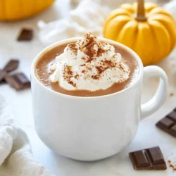 To make the perfect Pumpkin Spice Hot Chocolate, gather these simple ingredients: - 2 cups milk (dairy or non-dairy) - 1/4 cup pumpkin puree - 2 tablespoons cacao powder - 2 tablespoons sugar (adjust to taste) - 1/2 teaspoon pumpkin pie spice - 1/4 teaspoon vanilla extract - Whipped cream (for topping) - Ground cinnamon (for garnish) - Optional: chocolate shavings or cocoa nibs for extra indulgence Each ingredient plays a key role in making this drink rich and flavorful. The milk gives it a creamy base, while the pumpkin puree adds a lovely autumn taste. Cacao powder brings in a deep chocolate flavor. Sugar sweetens the drink, and pumpkin pie spice adds warmth and spice. Vanilla extract enhances the overall taste, making it more inviting. Whipped cream on top not only looks beautiful but also adds a light, fluffy texture. Ground cinnamon on top offers a cozy aroma. If you want to take it a step further, chocolate shavings or cocoa nibs add a crunchy surprise. These ingredients blend together to create a delightful drink that warms you up. Feel free to adjust the sugar and spices to match your taste. Enjoy crafting this cozy fall treat! {{ingredient_image_1}} 1. In a medium saucepan, combine the milk, pumpkin puree, cacao powder, and sugar. Use a whisk to blend these ingredients together. Heat over medium heat. Keep stirring until the mixture is smooth. 2. Continue heating while whisking. Watch for it to start simmering. Be careful not to let it boil. You want a nice, warm drink. 3. Once it&rsquo;s hot, remove it from the heat. Stir in the pumpkin pie spice and vanilla extract. Mix well to ensure the flavors blend. 1. Pour the hot chocolate into mugs. Fill them about three-quarters full. This leaves room for toppings. 2. Top each mug with a big dollop of whipped cream. It adds creaminess and a sweet touch. 3. Sprinkle a pinch of ground cinnamon on top. This adds flavor and a lovely aroma. If you want more, you can also add chocolate shavings or cocoa nibs for a fun crunch. Enjoy your cozy pumpkin spice hot chocolate! To make your pumpkin spice hot chocolate perfect, adjust the sugar and spice to your taste. Start with two tablespoons of sugar. If you like it sweeter, add more. For spice, use a half teaspoon of pumpkin pie spice. Taste as you go. You can also add a pinch of nutmeg for a warm kick. If you want a dairy-free option, use almond or oat milk. These choices add a nice flavor. They work well with pumpkin and chocolate. Getting the right texture is key to a cozy drink. Whisk the mixture well over medium heat. This helps it blend smoothly. If it seems too thick, add more milk. If it feels too thin, let it heat for a bit longer. To froth your hot chocolate, use a handheld frother or a blender. This will give it a rich, creamy feel. Just blend for a few seconds until you see bubbles. It makes a big difference in the experience! Pro Tips Use Fresh Pumpkin Puree: For the best flavor, consider using homemade pumpkin puree instead of canned. Roast and blend fresh pumpkin for a richer taste. Adjust Sweetness to Taste: Feel free to tweak the amount of sugar based on your preference. You can also experiment with maple syrup or honey for a different sweetness profile. Make it Vegan: Substitute the milk with a non-dairy alternative like almond, oat, or coconut milk for a delicious vegan version of this drink. Enhance the Aroma: For an extra cozy touch, consider adding a few drops of almond extract along with the vanilla. It complements the pumpkin and spices beautifully. {{image_2}} You can make this hot chocolate vegan with a few simple swaps. First, use non-dairy milk. Almond, oat, or coconut milk all work well. They bring a nice creaminess to your drink. Just like dairy milk, heat it gently in a saucepan. Next, for the topping, swap the whipped cream. Use coconut whipped cream or a vegan cream alternative. This keeps the drink light and fluffy without dairy. You still get that rich taste. Let&rsquo;s add some fun flavors! Caramel is a great choice. Drizzle it on top of your hot chocolate. It adds a sweet twist that pairs well with pumpkin spice. Nutmeg is another great idea. Add a pinch when you mix in the spices. It gives a warm fall flavor that enhances the drink. Using flavored syrups or extracts can also change the taste. Consider adding a splash of maple syrup for an extra touch of sweetness. You can even use flavored extracts like hazelnut or almond. These will take your hot chocolate to a new level. These variations make this drink your own. Enjoy exploring different flavors! To keep your pumpkin spice hot chocolate fresh, store it in an airtight container. Place it in the fridge for later use. When you want to enjoy it again, pour the hot chocolate into a saucepan. Heat it gently over low heat while stirring. This will bring back its smooth texture. Homemade hot chocolate lasts about three days in the fridge. You can freeze pumpkin spice hot chocolate for later enjoyment. For best results, pour it into ice cube trays or a freezer-safe container. This way, you can freeze it in portions. When you want some, move the portion to the fridge to thaw overnight. For quicker thawing, place it in a bowl of warm water. Once thawed, reheat it on the stove over low heat. Stir it well to combine. Can I use pumpkin pie filling instead of puree? Yes, you can use pumpkin pie filling. It will add extra flavor and sweetness. Just cut back on the sugar you add. How do I make pumpkin spice hot chocolate for a crowd? To serve many, multiply the recipe by the number of servings you need. Use a large pot to mix everything together. Keep it warm on low heat, and pour into mugs as guests arrive. What can I use instead of cacao powder? If you don&rsquo;t have cacao powder, you can use unsweetened cocoa powder. The taste will be slightly different but still delicious. Is it possible to make this drink ahead of time? Yes, you can prepare it ahead. Just store it in the fridge after cooking. When ready to serve, reheat gently on the stove. This hot chocolate recipe mixes rich flavors and cozy spices for a special drink. We combined milk, pumpkin puree, cacao, and spices to create warmth in every sip. You can adjust sweetness and texture to your liking. Consider vegan options or seasonal flavors for variety. Store leftovers easily and enjoy any time. Try this recipe, share it with friends, and warm up your day!