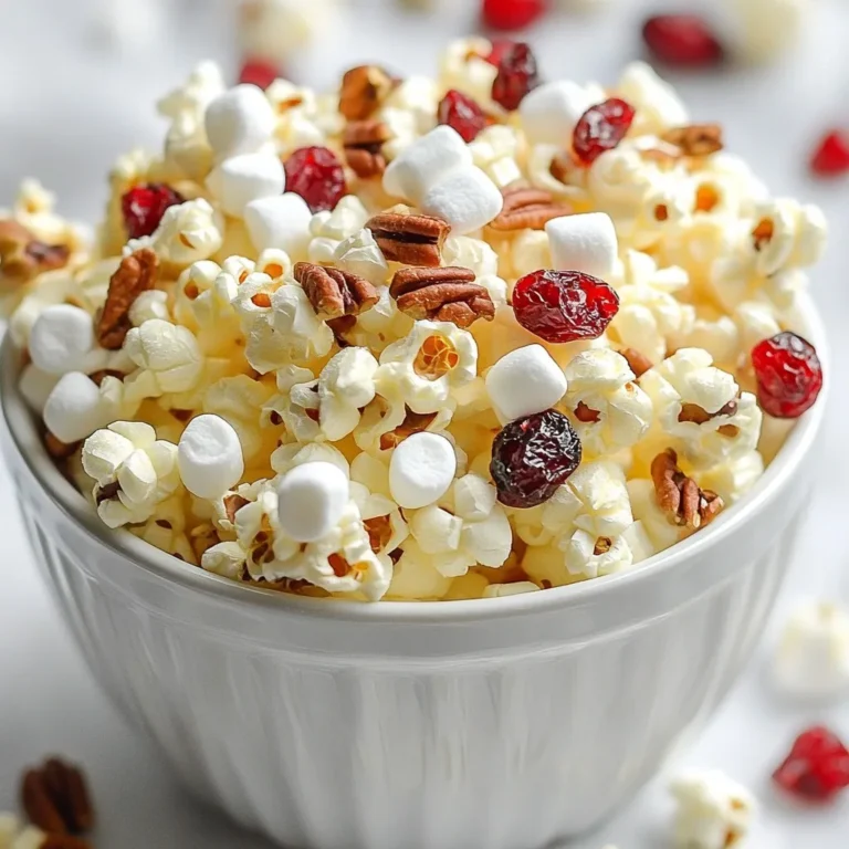 - 1/2 cup popcorn kernels - 1 cup white chocolate chips - 1/2 cup dried cranberries - 1/4 cup chopped pecans - 1/4 cup mini marshmallows For this yummy treat, I use 1/2 cup of popcorn kernels. This makes enough for about 6 servings. You can pop the kernels in a pot or a popcorn maker. For the sweet part, I use 1 cup of white chocolate chips. This gives a rich and creamy taste. If you want a tart touch, add 1/2 cup of dried cranberries. They add color and flavor. If you want to mix it up, consider optional items like 1/4 cup of chopped pecans or mini marshmallows. Chopped nuts add a nice crunch. Marshmallows give a fun, chewy texture. You can swap the white chocolate chips for dark chocolate if you prefer a stronger taste. For the cranberries, you can use other dried fruits like raisins or cherries. Just remember, the key is to keep the flavors balanced. Enjoy creating your own twist on this treat! {{ingredient_image_1}} To start, you can use a large pot or a popcorn maker. If using a pot, heat it on medium-high. Add your popcorn kernels and cover. Shake the pot gently to prevent burning. Once the popping slows, remove it from heat. If using a popcorn maker, follow the manufacturer's steps. After popping, place the popcorn in a large bowl. Make sure to remove any un-popped kernels. They can ruin your treat! Next, grab a microwave-safe bowl. Add the white chocolate chips and salted butter. Heat in the microwave in 30-second intervals. Stir in between each heating. This helps ensure a smooth consistency. Once melted and smooth, add the sea salt and vanilla extract. Stir until mixed well. Now, it's time to coat the popcorn! Drizzle the melted chocolate mixture over the popcorn. Use a spatula or your hands to toss the popcorn gently. This helps ensure even coverage of the chocolate. You want every piece to shine! Fold in the dried cranberries. If you want to add more flavor, toss in chopped pecans or mini marshmallows. Mix gently but thoroughly. This way, every bite has a burst of flavor. Spread your coated popcorn onto a baking sheet lined with parchment paper. Make sure to spread it evenly. Allow it to sit for about 15 to 20 minutes. This lets the chocolate harden slightly. Once the popcorn is set, break apart any clusters. Transfer the popcorn to a serving bowl. For presentation, you can serve it in cute cups or bags. This makes it fun for parties or movie nights! To ensure your popcorn stays crispy, avoid sogginess. Here’s how: - Pop fresh kernels: Use fresh popcorn kernels for the best results. Old kernels may not pop fully. - Cool quickly: Once you coat the popcorn, spread it out on a parchment-lined sheet. This helps it cool fast and stay crunchy. Using fresh ingredients is key. Old chocolate can lose its flavor. Always check the date on your chocolate chips. Fresh cranberries add a burst of flavor that dried ones can’t match. Seasonal spices can really boost the taste of your popcorn. Consider adding: - Cinnamon: A sprinkle can add a warm note. - Nutmeg: This spice brings a nice depth. If you want to mix it up, try different chocolate options. Dark chocolate offers a rich taste, while milk chocolate adds sweetness. You can even use flavored chocolate for a fun twist. Scaling your recipe is simple. Here’s what to do: - Halving: If you need less, use 1/4 cup of kernels and adjust other ingredients accordingly. - Doubling: For larger gatherings, use 1 cup of kernels and double the other ingredients. This flexibility makes it easy to adapt for different occasions, whether it's a cozy night in or a big party. Pro Tips Use Fresh Ingredients: Make sure to use fresh cranberries and quality white chocolate for the best flavor and texture in your popcorn. Even Coating: To achieve an even coating on the popcorn, drizzle the melted chocolate slowly and use a spatula to fold the popcorn gently rather than stirring vigorously. Store Properly: Store any leftover popcorn in an airtight container to keep it fresh and crunchy, avoiding exposure to air which can make it stale. Experiment with Add-Ins: Feel free to customize your popcorn with different add-ins like dried fruits, nuts, or even spices for a unique twist! {{image_2}} You can make your cranberry white chocolate popcorn even better. Adding nuts or seeds gives a nice crunch. Try using chopped pecans or sunflower seeds. They add flavor and texture. You can also mix in different dried fruits. Dried cherries or apricots work well. Each fruit adds a unique taste. Switching up the chocolate can change everything. You can use dark or milk chocolate instead of white. Dark chocolate gives a richer flavor. Milk chocolate is sweeter and creamier. You can also add fun seasonings to the white chocolate. A pinch of cinnamon or a dash of orange zest can bring new life to the mix. If you want gluten-free popcorn, use gluten-free chocolate and check your ingredients. You can also make a vegan version. Replace the butter with coconut oil and choose dairy-free chocolate. These simple swaps let everyone enjoy this treat without worry. To keep your cranberry white chocolate popcorn fresh, store it in an airtight container. I recommend using glass jars or plastic tubs with tight lids. This will prevent air from making it stale. Keep it in a cool, dry place. Avoid direct sunlight and heat sources. These can affect the taste and texture. Cranberry white chocolate popcorn can last about 1 week if stored properly. After this, it may start to lose its crispness. Look for signs of spoilage, like a soft texture or off smell. If it feels stale or smells funny, it's best to toss it. If your popcorn loses its crispness, you can re-crisp it. Preheat your oven to 250°F (120°C). Spread the popcorn on a baking sheet. Heat it for about 5-10 minutes. Watch closely to avoid burning. You may not need to reheat it at all if you store it right. Enjoy it fresh for the best taste! You can make this treat ahead of time. First, prepare the popcorn and coat it as usual. Once it cools, store it in an airtight container. Keep it in a cool, dry place. This will help maintain its crunch. Enjoy it within a week for the best taste! Yes, flavored popcorn kernels can add fun twists. Try cheese, caramel, or kettle corn flavors. Just remember that sweet flavors mix best with white chocolate. Feel free to experiment and find your favorite combo! If your chocolate seizes, don't panic! Add a small amount of vegetable oil to the chocolate. Stir gently until smooth. This should help restore a nice texture. Always melt chocolate slowly to avoid seizing in the first place. You learned how to make cranberry white chocolate popcorn with simple steps. You need basic ingredients like popcorn kernels, white chocolate chips, and dried cranberries. I shared extra tips for perfect texture and flavor. You can mix in nuts or seeds for fun twists. Remember to store your treat in airtight containers for freshness. Enjoy making this delightful snack for any occasion. It’s easy, fun, and sure to please!