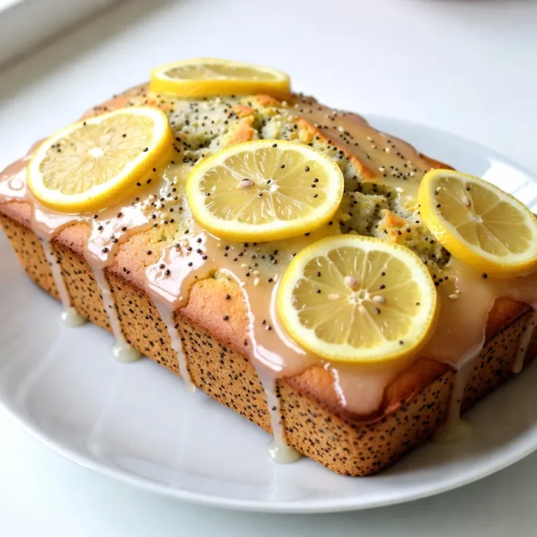 To make a tasty Lemon Poppy Seed Loaf, you will need: - 1 1/2 cups all-purpose flour - 1 teaspoon baking powder - 1/2 teaspoon baking soda - 1/4 teaspoon salt - 1/4 cup poppy seeds - 1/2 cup unsalted butter, softened - 1 cup granulated sugar - 2 large eggs - 1/2 cup plain Greek yogurt - 1/4 cup fresh lemon juice - Zest of 2 lemons - 1 teaspoon vanilla extract - 1/4 cup powdered sugar (for glaze) - 1 tablespoon fresh lemon juice (for glaze) You can swap out some ingredients for others. Here are a few ideas: - Use almond meal instead of all-purpose flour for a nutty taste. - Try coconut oil in place of unsalted butter for a dairy-free option. - Substitute honey or maple syrup for granulated sugar for a different sweetness. - If you need a vegan option, replace eggs with flax eggs: mix 1 tablespoon of ground flaxseed with 3 tablespoons of water for each egg. - Use non-dairy yogurt if you want to keep it dairy-free. This loaf serves about 8-10 slices. Each slice offers a balance of flavors and nutrients: - Calories: Approximately 220 per slice - Protein: 3g - Fat: 9g - Carbohydrates: 34g - Fiber: 1g - Sugar: 10g This Lemon Poppy Seed Loaf brings a burst of flavor and nutrition to your table. Enjoy every bite! {{ingredient_image_1}} Start by gathering your ingredients. You need flour, baking powder, baking soda, salt, poppy seeds, unsalted butter, granulated sugar, eggs, Greek yogurt, lemon juice, lemon zest, and vanilla extract. Preheat your oven to 350°F (175°C) and grease a 9x5-inch loaf pan. In one bowl, whisk together the flour, baking powder, baking soda, salt, and poppy seeds. This mix helps the loaf rise and adds flavor. In another bowl, cream the softened butter and sugar until light and fluffy, which takes about 3-4 minutes. Next, add the eggs one at a time. Mix well after each egg. Then, stir in the Greek yogurt, lemon juice, lemon zest, and vanilla extract until combined. This is where the lemon flavor shines. Gradually add the dry mixture to the wet ingredients. Stir gently until just mixed. It’s fine if some flour streaks remain. Pour the batter into your prepared loaf pan and smooth the top. Bake the loaf for 50-60 minutes. Check it with a toothpick. If it comes out clean, the loaf is ready. If the top browns too fast, cover it with aluminum foil. This prevents it from burning while the inside cooks. Let it cool in the pan for about 10 minutes. Then transfer it to a wire rack to cool completely. This cooling step keeps the loaf from getting soggy. You want a golden-brown top. The sides should pull away from the pan slightly. The toothpick test is key too. Insert it into the center; it should come out clean. If you see any wet batter, give it more time. Once perfectly baked, your loaf will smell lemony and sweet. The texture should be fluffy and moist, with poppy seeds adding a nice crunch. Enjoy the process; baking is all about fun and flavor! When making lemon poppy seed loaf, avoid overmixing the batter. This can lead to a tough loaf. Mix just until the dry ingredients disappear. Another mistake is measuring flour incorrectly. Always spoon flour into the measuring cup and level it off. Too much flour can make your loaf dense. Lastly, don’t skip the cooling step. Letting it cool helps with slicing and flavor. To boost the flavor of your lemon poppy seed loaf, use fresh lemons. Fresh juice and zest offer a bright taste. Try adding a pinch of salt to the glaze. This balances the sweetness and enhances the lemon flavor. If you love citrus, add a bit of orange zest for extra depth. You can also fold in some berries for a fruity twist. Serve your lemon poppy seed loaf on a wooden board for a rustic look. Garnish with lemon slices and a sprinkle of poppy seeds. This makes it pretty and appetizing. Enjoy it with tea or coffee for a delightful snack. You can also serve it with whipped cream or a scoop of vanilla ice cream for dessert. Pro Tips Choose Fresh Lemons: Always opt for fresh lemons instead of bottled juice for the best flavor and aroma. Do Not Overmix: Mix the batter just until combined to ensure a light and fluffy loaf. Overmixing can lead to a dense texture. Cool Completely: Allow the loaf to cool completely before glazing to prevent the glaze from melting and disappearing into the bread. Experiment with Add-ins: Consider adding chopped nuts or dried fruit for added texture and flavor variations. {{image_2}} You can make a gluten-free version of this loaf. Use a gluten-free flour blend instead of all-purpose flour. Make sure the blend contains xanthan gum for better texture. The rest of the recipe stays the same. This swap keeps the loaf moist and tasty. To create a vegan lemon poppy seed loaf, replace the eggs with flax eggs. Mix 1 tablespoon of ground flaxseed with 2.5 tablespoons of water. Let it sit for a few minutes until it thickens. Use a plant-based yogurt instead of Greek yogurt. This change keeps the loaf light and fluffy without animal products. You can boost the flavor with various ingredients. Try adding blueberries or raspberries for a fruity twist. Chopped nuts, like walnuts or pecans, add crunch and depth. For extra lemon flavor, increase the lemon zest. A pinch of cardamom can add warmth and spice. These variations create a unique twist on the classic loaf. Enjoy experimenting with different flavors! To keep your lemon poppy seed loaf fresh, wrap it well. Use plastic wrap or foil. Store it in an airtight container at room temperature. This method helps keep the loaf moist and flavorful. Avoid placing it in direct sunlight, as heat can dry it out. If you want to save some for later, freezing is a great option. First, let the loaf cool completely. Then, wrap it tightly in plastic wrap. Place the wrapped loaf in a freezer-safe bag or container. This way, it can stay fresh for up to three months. To thaw, simply leave it at room temperature for several hours. When stored properly, the lemon poppy seed loaf lasts for about 3 to 5 days at room temperature. If refrigerated, it can last about a week. However, the best taste comes from enjoying it fresh or within a few days of baking. Yes, you can use other yogurts. Greek yogurt gives a rich taste. Regular yogurt works too, but it may change the texture slightly. Avoid flavored yogurts; they can alter the loaf's flavor. To make the loaf more moist, add a bit more yogurt or oil. You can also try using applesauce. This will increase moisture without making it too heavy. Be careful not to add too much, or the loaf may not rise well. Lemon Poppy Seed Loaf pairs well with fresh fruit. Slices of strawberries or blueberries add a nice touch. You can also serve it with a dollop of whipped cream. A cup of tea or coffee makes a lovely drink pairing too. We’ve covered all you need to bake a perfect Lemon Poppy Seed Loaf. You learned the key ingredients, substitution options, and important nutritional info. The step-by-step guide helps you with preparation and baking tips. I shared common mistakes, tips to enhance flavor, and tasty serving ideas. You can even make gluten-free or vegan versions! Remember to store your loaf properly for the best taste. Use this knowledge to impress family and friends with your baking skills. Enjoy every slice and happy baking!