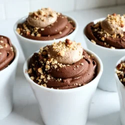To make chocolate hazelnut mousse cups, gather these ingredients: - 1 cup dark chocolate chips (at least 70% cacao) - 1/2 cup heavy whipping cream - 1/2 cup hazelnut spread (like Nutella) - 1/2 tsp vanilla extract - 2 egg whites - 2 tablespoons granulated sugar - A pinch of salt - Crushed hazelnuts for garnish - Whipped cream for topping (optional) If you want to change some ingredients, here are some ideas: - Dark chocolate chips: You can use semi-sweet chocolate instead. - Heavy whipping cream: Coconut cream works well for a dairy-free option. - Hazelnut spread: Any nut butter can replace it if you prefer. - Egg whites: You can use aquafaba (chickpea water) for a vegan option. Using high-quality ingredients makes a big difference: - Chocolate: Choose chocolate with at least 70% cacao for rich flavor. - Cream: Use fresh heavy cream for the best texture and taste. - Hazelnut spread: Look for brands with minimal additives for better flavor. - Sugar: Use fine granulated sugar to mix easily with egg whites. {{ingredient_image_1}} Start by melting 1 cup of dark chocolate chips. Use a heatproof bowl placed over a pot of simmering water. This method helps avoid burning the chocolate. Stir until it becomes smooth. Once melted, remove it from the heat and let it cool slightly. Next, take 1/2 cup of heavy whipping cream and pour it into a bowl. Whip it until you see soft peaks form. Be careful not to overwhip, as this can make the cream grainy. Gently fold the whipped cream into the cooled chocolate until well mixed. In another bowl, mix 1/2 cup of hazelnut spread with 1/2 teaspoon of vanilla extract. Whisk until smooth. Now, fold this mixture into the chocolate and cream. Make sure everything is well combined to enhance the flavor. In a clean bowl, whip 2 egg whites with a pinch of salt. Beat until soft peaks form, then add 2 tablespoons of granulated sugar. Continue whipping until stiff peaks form. Gently fold the egg whites into the chocolate mixture. Be careful not to deflate the mousse; fold until just combined. Finally, spoon the mousse into small dessert cups or glasses, filling them about three-quarters full. Cover the cups and refrigerate for at least 2 hours to set. Before serving, you can garnish with crushed hazelnuts and add whipped cream on top if you like. Enjoy your delicious chocolate hazelnut mousse cups! To make great whipped cream, start with cold cream. Cold cream whips better and faster. Use a clean bowl and beaters. I like to use a hand mixer for this. Whip until you see soft peaks. Soft peaks hold their shape but still look smooth. If you whip too much, the cream can turn into butter. So, stop as soon as you reach soft peaks. This cream adds a light touch to the mousse. Folding is a gentle mixing method. You want to keep air in the mousse. Start with the whipped cream and chocolate mix. Use a spatula to scoop from the bottom up. Turn the bowl as you fold. This way, you mix without losing air. Be patient and go slow. Fold until you see no white streaks. This step is key for a fluffy mousse. One big mistake is overwhipping cream. It can ruin the texture. Another mistake is not letting the chocolate cool. Hot chocolate can melt your whipped cream. Always cool it before mixing. Also, when folding in egg whites, do not rush. If you fold too hard, your mousse will flatten. Take your time, and follow these tips for a perfect dessert. Pro Tips Use Quality Chocolate: The flavor of your mousse heavily relies on the quality of chocolate you choose. Opt for high-quality dark chocolate with at least 70% cacao for a richer taste. Chill Your Bowls: For best results when whipping cream and egg whites, chill your mixing bowls in the refrigerator or freezer for a few minutes before use. This helps achieve better volume. Be Gentle When Folding: When incorporating the whipped cream and egg whites into the chocolate mixture, use a gentle folding motion to maintain the airy texture of the mousse. Experiment with Flavors: Feel free to add a splash of espresso or a hint of orange zest to the chocolate mixture for an exciting flavor twist that complements the hazelnuts. {{image_2}} If you want a nut-free mousse, swap hazelnut spread for a sunbutter. This gives a creamy texture without nuts. You can also use almond milk instead of heavy cream if you want a lighter mousse. Just make sure to adjust the sweetness as needed. Want to spice up your mousse? Add a shot of espresso or a teaspoon of instant coffee to the melted chocolate. This boost brings a rich, deep flavor to the mousse. You can also mix in a bit of orange zest or a dash of cinnamon for a warm twist. Instead of cups, try layering the mousse in a trifle dish. Alternate layers of mousse with crushed cookies or fresh fruit. This creates a beautiful dessert that looks as good as it tastes. You can also add a swirl of whipped cream on top for a fancy touch. Store any leftover mousse in an airtight container. This keeps it fresh and tasty. You can also use plastic wrap to cover the cups. Make sure it touches the mousse to minimize air exposure. This prevents the mousse from drying out. Freezing mousse is not the best choice, but you can do it if needed. Scoop the mousse into freezer-safe containers. Leave some space for expansion as it freezes. Wrap each container tightly in plastic wrap. Label the containers with the date. The mousse keeps well in the fridge for up to three days. After that, it may lose its smooth texture. Always check for any strange smells or changes in color before eating. If it looks or smells off, throw it away. Enjoy your delicious dessert while it's fresh! Yes, you can use milk or white chocolate. However, the mousse will taste sweeter. Dark chocolate gives a rich flavor. For best results, choose chocolate with at least 50% cacao. This helps balance the sweetness of the hazelnut spread. Yes, you can. If you prefer not to use egg whites, try using whipped aquafaba. Aquafaba is the liquid from chickpeas. It can whip up just like egg whites. This option is great for a vegan mousse. You can keep the mousse in the fridge for up to three days. Make sure to cover it well. This helps keep it fresh and prevents it from absorbing other smells. Absolutely! This dessert is perfect for making ahead. You can prepare it a day in advance. Just store it in the fridge until you are ready to serve. This allows the flavors to blend and the mousse to set perfectly. This article covered all you need to know about making chocolate mousse. We explored the key ingredients and their substitutes, and I shared tips for preparing each layer. You now know how to achieve perfect whipped cream and avoid common mistakes. Remember, variations can add your personal touch. Storing your mousse properly extends its shelf life, keeping it fresh. Experiment and enjoy your dessert with confidence. Happy cooking!