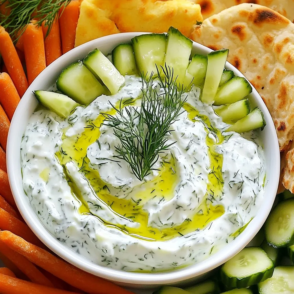 To make Greek Avocado Tzatziki Dip, you will need these main ingredients: - 1 ripe avocado - 1 cup Greek yogurt - 1 small cucumber, grated and water squeezed out - 2 tablespoons fresh dill, chopped - 1 clove garlic, minced - 2 tablespoons lemon juice - Salt and pepper to taste - Olive oil for drizzling - Pita bread or vegetable sticks for serving The ripe avocado gives the dip a creamy texture. Greek yogurt adds tang and protein. The cucumber brightens the flavor and adds crunch. Fresh dill brings a unique aroma, while garlic adds depth. Lemon juice adds a fresh zing, and seasoning brings all the flavors together. You can make your dip even more special with these garnishes: - A sprig of fresh dill - A drizzle of olive oil - Extra lemon zest These garnishes not only add visual appeal but also enhance the flavor. Each ingredient offers unique health benefits: - Avocado: Rich in healthy fats, vitamins, and fiber. It supports heart health. - Greek Yogurt: High in protein and probiotics. It aids digestion and gut health. - Cucumber: Low in calories and hydrating. It helps keep you refreshed. - Dill: Contains antioxidants and may help with digestion. - Garlic: Known for its anti-inflammatory and immune-boosting properties. - Lemon Juice: High in vitamin C. It boosts the immune system and adds flavor. This dip is not just tasty, but also a healthy choice for your snacks or meals. {{ingredient_image_1}} To make Greek Avocado Tzatziki Dip, follow these simple steps: 1. Mash the Avocado: Take a ripe avocado. Cut it in half and remove the pit. Use a fork to mash it in a mixing bowl. Aim for a smooth texture but keep it a bit chunky. This gives the dip a nice feel. 2. Add Greek Yogurt: Next, add 1 cup of Greek yogurt to the mashed avocado. Mix these two together well. The yogurt adds creaminess and a tangy flavor. 3. Incorporate Cucumber: Grate 1 small cucumber. Squeeze out any excess water. This step prevents the dip from becoming too watery. Add the cucumber to the bowl. 4. Mix in Herbs and Garlic: Chop 2 tablespoons of fresh dill and mince 1 clove of garlic. Stir these into the mixture. Dill brings freshness, and garlic adds depth. 5. Season and Combine: Pour in 2 tablespoons of lemon juice. Then, sprinkle salt and pepper to taste. Mix everything together until well combined. Taste and adjust seasoning if needed. 6. Chill the Dip: Place the dip in the fridge for at least 30 minutes. Chilling enhances the flavors. It makes the dip cooler and more refreshing. - Choose the Right Avocado: Make sure your avocado is ripe. A firm avocado will not mash well. It should yield slightly when you press it. - Use a Fork: A fork works best for mashing. It allows you to control the texture easily. Chilling the dip is key. It helps the flavors blend together. A chilled dip tastes fresher and more vibrant. Plus, it feels great on a hot day! Serve it cold with pita bread or veggie sticks. Enjoy! To make the best Greek avocado tzatziki dip, you need to combine the ingredients well. Start by mashing the avocado until it’s smooth but still a bit chunky. This gives the dip a nice texture. Then, gently fold in the Greek yogurt. Use a spatula or a spoon for this; it works better than a whisk. Next, add the grated cucumber. Make sure you squeeze out the excess water. This prevents the dip from getting too watery. Then, mix in the garlic, dill, and lemon juice. These flavors blend well together. Adjust salt and pepper to your taste. If you want more zing, add a bit more lemon juice. For a fun presentation, serve your dip in a shallow bowl. Drizzle some olive oil on top. A sprig of fresh dill makes it look pretty. Arrange pita bread triangles or veggie sticks around the bowl. This not only looks nice but also makes it easy to dip. You want your guests to enjoy both the taste and the look of the dish. Pro Tips Choose Ripe Avocado: Ensure your avocado is perfectly ripe for a creamy texture. A ripe avocado should yield slightly to gentle pressure. Fresh Ingredients Matter: Using fresh dill and lemon juice enhances the flavor of your tzatziki. Avoid dried herbs for the best taste. Chill for Flavor: Letting the dip chill in the refrigerator allows the flavors to meld beautifully. Aim for at least 30 minutes before serving. Perfect Pairings: Serve with warm pita bread or crunchy vegetable sticks for a delightful contrast in texture. {{image_2}} If you want a dairy-free option, you can use coconut yogurt. It gives a creamy texture. You can also try silken tofu blended until smooth. This adds a nice base without dairy. For a twist, add bell peppers or carrots. Grated zucchini can also add freshness. You can mix in some chopped tomatoes for a colorful dip. These extra veggies boost flavor and nutrition. If you love heat, add diced jalapeños or a pinch of cayenne pepper. For more herbs, try mint or parsley. These spices and herbs enhance the taste and make the dip more exciting. To keep your Greek avocado tzatziki dip fresh, follow these tips: - Best Practices for Storing Leftovers: Store the dip in an airtight container. This helps keep it fresh and prevents it from drying out. You can also place a piece of plastic wrap directly on the dip before sealing the lid. - How Long the Dip Lasts: The dip can last in the fridge for about 3 to 5 days. If you notice any browning of the avocado, just stir it gently to mix. The lemon juice helps slow down browning, so it stays fresh longer! - Freezing Options: You can freeze the dip, but it may change texture. To freeze, place it in a freezer-safe container. Leave some space at the top for expansion. It can last up to 3 months in the freezer. When ready to use, thaw it in the fridge overnight. Stir well before serving. By following these steps, you can enjoy this tasty dip at your convenience! Yes, you can make this dip in advance. It tastes even better after chilling. I recommend preparing it a few hours ahead of serving. This allows the flavors to blend nicely. You have many great options for serving! Try it with pita bread or vegetable sticks. Carrot sticks, cucumber slices, and bell pepper strips work well. They add a nice crunch and color to your table. Yes, this dip is gluten-free! The main ingredients, like avocado and Greek yogurt, do not contain gluten. Just ensure any sides you serve are also gluten-free. Enjoy this dip worry-free! In this post, we explored how to make Greek Avocado Tzatziki Dip. We discussed the key ingredients and their benefits. Step-by-step, I shared how to prepare and chill the dip. You learned tips to perfect the flavors and fun ways to serve it. We also looked at variations and easy storage options. Enjoy making this healthy dip. It is great for snacks or parties. You can customize it to suit your taste. Enjoy every bite!