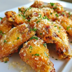 - 2 lbs chicken wings - 1 tablespoon olive oil - &frac12; cup grated Parmesan cheese - 1 teaspoon garlic powder - 1 teaspoon onion powder - 1 teaspoon smoked paprika - &frac12; teaspoon black pepper - 1 teaspoon salt - 3 tablespoons fresh parsley - 1 tablespoon minced garlic - 2 tablespoons butter Let&rsquo;s dive into the heart of this recipe! For our Air Fryer Garlic Parmesan Wings, we need to gather the main ingredients first. You'll want two pounds of chicken wings. Split and clean them well to make sure they are ready to soak up all that flavor. Next, we have olive oil. This helps the spices stick to the wings and adds a nice richness. The star of this recipe is the grated Parmesan cheese. It gives the wings a savory, cheesy finish that you&rsquo;ll love. Now, on to our seasoning mix! Garlic powder and onion powder are key for that delicious garlic flavor. Smoked paprika adds a hint of smokiness, while black pepper and salt balance everything out. These spices will create a mouthwatering coat on your wings. For garnishing, fresh parsley adds a pop of color and brightness. Minced garlic mixed with melted butter makes the sauce creamy and rich. This sauce is what you&rsquo;ll toss the wings in after cooking to elevate your dish. By using these ingredients, your wings will be packed with flavor. Each bite will be crispy, cheesy, and simply irresistible! {{ingredient_image_1}} - In a large bowl, combine 1 tablespoon of olive oil with: - 1 teaspoon garlic powder - 1 teaspoon onion powder - 1 teaspoon smoked paprika - &frac12; teaspoon black pepper - 1 teaspoon salt Mix these ingredients well. This blend gives the wings a great flavor. - Next, add 2 lbs of cleaned chicken wings to the bowl. Toss the wings in the oil and spice mix. Make sure every wing gets a good coat. This step is key to tasty wings. - Preheat your air fryer to 400&deg;F (200&deg;C). Let it heat for about 5 minutes. Preheating helps the wings cook evenly. - Place the seasoned wings in the air fryer basket. Cook them in a single layer. Avoid overcrowding, as this can lead to uneven cooking. - Air fry the wings for 25-30 minutes. Flip them halfway through. Check that they turn golden brown and reach an internal temperature of 165&deg;F (75&deg;C). This ensures they are safe and juicy. - While your wings cook, prepare the garlic Parmesan sauce. In a small bowl, mix: - 2 tablespoons melted butter - 1 tablespoon minced garlic - &frac12; cup grated Parmesan cheese Stir until everything is combined. This sauce adds a rich taste. - Once the wings are done, take them out of the air fryer. Toss them in the garlic Parmesan sauce right away. Make sure all the wings are coated well. - Serve the wings hot. Garnish them with 3 tablespoons of chopped fresh parsley. This adds color and freshness to your dish. Enjoy your delicious Air Fryer Garlic Parmesan Wings! - Use medium-sized chicken wings for the best results. They cook evenly and stay juicy. - Always preheat your air fryer. This step helps wings cook faster and get crispy. - Try adding cayenne pepper for heat or lemon zest for a fresh twist. - For the garlic Parmesan sauce, mix melted butter and garlic well. This makes sure the flavor shines. - Serve wings with celery sticks or carrot sticks. They add a nice crunch. - For dips, try ranch or blue cheese. Both pair well with garlic Parmesan wings. Pro Tips Dry Wings for Crispiness: Make sure your chicken wings are thoroughly dried before seasoning. This helps achieve that crispy texture in the air fryer. Don't Overcrowd the Basket: Air fry in batches if necessary. Overcrowding the basket can lead to uneven cooking and prevent the wings from getting crispy. Check Internal Temperature: Always ensure your chicken wings reach an internal temperature of 165&deg;F (75&deg;C) for safe consumption and optimal juiciness. Experiment with Seasonings: Feel free to customize the spice blend to your taste. Adding a pinch of cayenne pepper or using different herbs can elevate the flavor profile. {{image_2}} You can mix things up with different flavors. For spicy garlic Parmesan wings, add cayenne pepper or hot sauce to the spice mix. This gives the wings a nice kick. For lemon herb garlic wings, include fresh lemon juice and zest. Add dried herbs like thyme or oregano to the mix. This brightens up the flavor and pairs well with garlic. You can cook wings in different ways. Baking is a great option if you don&rsquo;t have an air fryer. Preheat your oven to 425&deg;F (220&deg;C) and bake wings for about 35-40 minutes, flipping halfway. A slow cooker is another method. Simply toss the wings with the spices and cook on low for 6-8 hours. This makes the wings tender and juicy. Finish them in the oven for a crispier skin. If you need gluten-free options, ensure your spices and cheese are gluten-free. Most brands are safe, but check the labels. For a substitute for Parmesan cheese, use nutritional yeast. It gives a similar cheesy flavor while being dairy-free. You can also use Pecorino Romano for a different taste. After making your garlic Parmesan wings, you need to store them right. Here are some tips: - Refrigerating Wings: Let the wings cool down first. Place them in an airtight container. They stay fresh in the fridge for 3 to 4 days. This keeps the flavor intact. - Freezing Wings: To freeze, wrap each wing in plastic wrap. Then, put them in a freezer bag. They last for up to 3 months. When you're ready to eat, thaw them overnight in the fridge. You might wonder how long wings last. In the fridge, they last about 3 to 4 days. Always check for signs they have gone bad. - Signs Wings Have Gone Bad: Look for a sour smell or slimy texture. If they smell off or look funny, it&rsquo;s best to toss them. Reheating wings can bring them back to life. I have a few methods that work great: - Best Methods for Air Fryer: To reheat in the air fryer, preheat it to 350&deg;F (175&deg;C). Place the wings in a single layer. Heat for 10-15 minutes. This keeps them crispy. - Alternative Reheating Techniques: You can also use the oven. Preheat to 375&deg;F (190&deg;C) and bake for about 15-20 minutes. This method also works well if you don&rsquo;t have an air fryer. You should cook wings for 25 to 30 minutes at 400&deg;F (200&deg;C). The exact time can change based on wing size. If your wings are smaller, check them at 25 minutes. If they are larger, you might need the full 30 minutes. Always flip them halfway to get them crispy on all sides. Yes, you can cook frozen wings in the air fryer. Add about 5 to 10 extra minutes to the cooking time. Start by cooking them at 400&deg;F (200&deg;C). After 15 minutes, take them out and toss them. This helps them cook evenly. Cook them until they reach an internal temperature of 165&deg;F (75&deg;C). The safe cooking temperature for chicken wings is 165&deg;F (75&deg;C). Use a meat thermometer to check this. This ensures the wings are fully cooked and safe to eat. If you want them extra crispy, you can cook them a bit longer until they reach golden brown. We covered everything you need to make delicious garlic Parmesan wings. You learned about the main ingredients, seasonings, and garnishes that enhance the flavor. The step-by-step guide makes cooking easy. Remember to preheat your air fryer for the best results. Adding your own spin with variations can make this dish even more fun. With the right storage tips, you can enjoy these wings later too. Now, it&rsquo;s time to create, enjoy, and share these tasty delights!