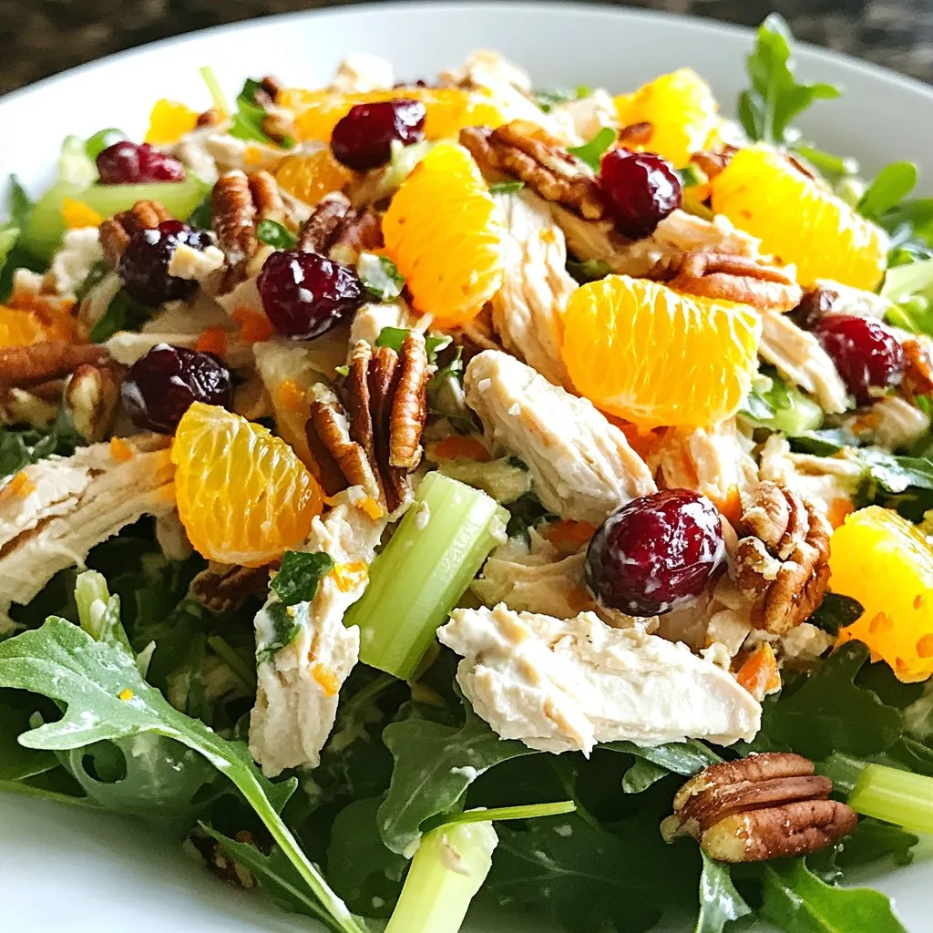 To create a delicious Cranberry Orange Chicken Salad, gather these simple ingredients: - 2 cups cooked chicken breast, shredded - 1 cup fresh cranberries, chopped - 1 large orange, segmented and juiced - 1/2 cup Greek yogurt - 1/4 cup mayonnaise - 1/4 cup diced celery - 1/4 cup chopped pecans - 1 tablespoon honey - Salt and pepper to taste - Optional serving: Fresh arugula or mixed greens These ingredients work together to create a bright and tasty salad. The chicken gives protein, while the cranberries add a sweet and tart flavor. The orange juice freshens it up, and the yogurt brings creaminess. The pecans add crunch, making every bite exciting. You can serve it on a bed of arugula or mixed greens for extra color and nutrients. This salad is not just tasty; it is also good for you! {{ingredient_image_1}} 1. Combine shredded chicken and cranberries: Start by taking a large mixing bowl. Add 2 cups of shredded chicken and 1 cup of chopped cranberries. Mix them well. 2. Add orange segments and juice: Next, take one large orange. Segment it and squeeze out the juice. Toss both the segments and juice into the bowl. 3. Prepare the dressing with Greek yogurt and mayonnaise: In a small bowl, whisk together 1/2 cup of Greek yogurt and 1/4 cup of mayonnaise. Add 1 tablespoon of honey, salt, and pepper to taste. Whisk until smooth. 4. Mix the dressing with other ingredients: Pour the dressing over the chicken and cranberries. Stir gently to coat everything well. 5. Chill the salad before serving: Cover the bowl with plastic wrap. Place it in the fridge for at least 30 minutes. This lets the flavors blend nicely. - Prep Time: 15 minutes - Total Time: 45 minutes - Number of Servings: 4 - Suggested serving styles: Serve the salad on a bed of fresh arugula or mixed greens for a colorful and healthy dish. - Adjusting seasoning: After mixing your salad, taste it. If it's too bland, add more salt or pepper. A little extra honey can also boost the flavor. - Substituting ingredients for taste enhancement: You can swap Greek yogurt for sour cream. This gives a tangy twist. If you like spice, add a dash of hot sauce. - Best practices for storing leftovers: Place your salad in an airtight container. This keeps it fresh longer. Use plastic wrap if you don’t have a lid. - How long to keep in the refrigerator: Store your salad in the fridge for up to three days. - Ideas for serving style: Serve your salad on a big platter for a nice look. You can also use individual bowls for each guest. - Garnishing suggestions: Add orange slices or a sprinkle of chopped pecans on top for a pop of color. Fresh herbs can also add a bright touch. Pro Tips Use Leftover Chicken: This salad is an excellent way to use up leftover rotisserie or grilled chicken, maximizing flavor and minimizing waste. Sweetness Balance: Adjust the honey to your taste. If you prefer a tangier salad, you can reduce or omit the honey altogether. Chill for Flavor: Letting the salad chill in the refrigerator for at least 30 minutes allows the flavors to meld beautifully, creating a more cohesive taste. Nut Variations: Feel free to experiment with different nuts such as walnuts or almonds for a unique twist on texture and flavor. {{image_2}} You can swap chicken for tofu or chickpeas. Both options add protein and flavor. If you want a dairy-free dressing, use coconut yogurt instead of Greek yogurt. This keeps your salad creamy without dairy. Adding more fruits can bring a new taste. Try chopped apples or a handful of grapes. They add sweetness and crunch. In summer, grapes shine as a fresh option. You can mix these in when the season changes for a new twist. For low-fat options, use less mayonnaise and more yogurt. This keeps the creamy texture while cutting calories. You can also make it gluten-free by ensuring all ingredients are certified gluten-free. Check labels on yogurt and mayonnaise to stay safe. Greek yogurt is a star in this salad. It is rich in protein, which helps build muscle. It also contains probiotics, which support gut health. This creamy ingredient is lower in fat than sour cream, making it a smart choice. Cranberries are packed with vitamins and antioxidants. They can help fight infections and support heart health. The sweet and tangy flavor they add is a bonus. Oranges bring vitamin C and fiber. Vitamin C boosts your immune system, while fiber aids digestion. Together, these fruits make this salad both tasty and healthy. This salad fits perfectly into a healthy diet. It combines protein from the chicken and yogurt with fruits and nuts. This mix provides a variety of nutrients. Eating it on a bed of greens adds more vitamins and minerals, making it even better. You can pair this salad with whole-grain bread or crackers for a filling meal. It also works well as a light lunch or dinner. Add a side of fruit or a simple vegetable dish for a complete meal. Each serving of this salad has about 300 calories. This number may vary based on specific brands and portion sizes. - Chicken: 140 calories - Greek yogurt: 50 calories - Cranberries: 50 calories - Pecans: 20 calories - Orange: 30 calories - Mayonnaise: 40 calories This breakdown shows how balanced and nourishing this dish is. You can enjoy a delicious meal without feeling guilty. You can easily prep this dish ahead of time. Start by cooking the chicken. You can use store-bought rotisserie chicken to save time. Shred the chicken and chop the cranberries and celery. Segment the orange and juice it, too. Store these items in separate containers. Mix them together just before serving. This keeps the salad fresh and tasty. Yes, you can use leftover turkey. It works great in this recipe. Just shred the turkey like you would the chicken. The flavors will blend well with the cranberries and orange. You can also use cooked tofu or chickpeas for a vegetarian option. This salad pairs well with many sides. Consider serving it with whole grain bread or crackers. A light soup makes a nice addition, too. You can also serve it on a bed of fresh greens. This adds extra color and nutrients to your meal. This blog post shared a simple Cranberry Orange Chicken Salad recipe. We walked through the main ingredients, preparation steps, tips for storage, and flavor variations. You learned how to enhance flavors and meet dietary needs. Now, you have a tasty, healthy option for any meal. Enjoy exploring this recipe and make it your own. With every bite, you’ll taste the sweet and tangy flavors coming together. Don’t hesitate to experiment and find your favorite twist!