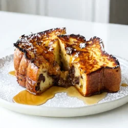 To make chocolate chip brioche French toast, you will need: - 4 slices of brioche bread - 2 large eggs - 1/2 cup whole milk - 1 teaspoon vanilla extract - 1/2 teaspoon ground cinnamon - 1/4 cup chocolate chips - 1 tablespoon butter (for frying) - Maple syrup (for serving) - Powdered sugar (for garnish) Each ingredient plays a role. The brioche bread is soft and sweet, perfect for soaking. Eggs and milk create a rich custard. Vanilla and cinnamon add warmth and flavor. Chocolate chips melt and make every bite special. You can enhance your French toast with tasty toppings. Here are some fun ideas: - Fresh berries (like strawberries or blueberries) - Whipped cream for a light touch - Nuts, such as sliced almonds or walnuts - Caramel sauce for extra sweetness These toppings add color, flavor, and fun to your dish. You can mix and match based on what you like. Not everyone can use the same ingredients. Here are some easy swaps: - Use almond milk or oat milk instead of whole milk for a dairy-free option. - For a gluten-free choice, look for gluten-free brioche bread. - If you want to skip eggs, use a flaxseed mixture or a commercial egg replacer. These substitutions keep the joy of the dish while catering to different needs. Enjoy making it your own! {{ingredient_image_1}} Start by grabbing a large bowl. Crack two large eggs into the bowl. Add in half a cup of whole milk. Pour in one teaspoon of vanilla extract. Sprinkle in half a teaspoon of ground cinnamon. Whisk everything together until it looks smooth. Next, stir in a quarter cup of chocolate chips. Make sure they spread out well in the mixture. Now, heat up your skillet or griddle over medium heat. Add one tablespoon of butter to the pan. Let the butter melt and cover the surface. Take each slice of brioche bread. Dip it into the egg mixture. Make sure to soak both sides, but don&rsquo;t let it get too soggy. Once ready, place the soaked brioche slices onto the hot skillet. Cook each side for about three to four minutes. Look for a golden brown color and a slight crispiness. Once your French toast is cooked, take it off the skillet. Place it on a serving plate. Drizzle warm maple syrup over the top. For a sweet touch, sprinkle with powdered sugar. You can also serve it on a rustic wooden board. Add a side of fresh berries for color. This makes a beautiful and tasty breakfast! To cook French toast well, heat your skillet over medium heat. Use butter to coat the pan. This prevents sticking and adds flavor. Dip each slice of brioche into the egg mix. Soak it well, but don&rsquo;t let it get too soggy. Place the bread in the skillet. Cook for about 3-4 minutes until it turns golden brown. Flip it carefully and repeat. This way, you get a nice, crispy outside. Soggy bread ruins French toast. To avoid this, soak each slice quickly. Just a few seconds on each side is enough. If your bread gets too wet, it will not cook well. Use brioche bread, as it holds up nicely. Additionally, let the excess egg mix drip off before cooking. This helps keep the texture just right. To make your French toast even better, consider adding more flavors. You can mix in a bit of nutmeg with the cinnamon. This gives a warm taste. A splash of orange juice or zest can brighten the dish. If you love chocolate, try adding even more chocolate chips or mini marshmallows. These extra touches can change the whole vibe of your breakfast. Pro Tips Choose Quality Brioche: For the best French toast, select a high-quality brioche bread. Fresh, fluffy brioche with a rich buttery flavor will elevate your dish. Soak Just Right: Dip the brioche slices quickly into the egg mixture to avoid sogginess. A light soak allows the bread to absorb flavor while maintaining a good texture. Use Medium Heat: Cooking on medium heat helps achieve a golden-brown exterior without burning the bread. Patience is key for the perfect French toast! Add Toppings Wisely: While maple syrup is classic, consider adding fresh fruits, whipped cream, or even a sprinkle of nuts for added flavor and texture. {{image_2}} To make a nut-free version of chocolate chip brioche French toast, skip any nut toppings. Use only chocolate chips, maple syrup, and powdered sugar. Check labels on chocolate chips to ensure they are nut-free. This makes a safe breakfast for those with allergies. Brioche is rich and soft, but you can try other breads. Challah works well, too. Sourdough adds a tangy twist. Even plain white bread will do. Each bread gives a unique taste and texture. Experiment to find your favorite! You can add fun flavors to your French toast! Try mixing berries into the egg mixture. Strawberries and blueberries add sweetness. Bananas or apples give a nice bite, too. You can also add spices like nutmeg or ginger for warmth. A splash of orange zest brightens the dish. These variations make breakfast exciting and delicious! To keep your Chocolate Chip Brioche French Toast fresh, place leftovers in an airtight container. Make sure to let them cool before storing. They will stay good in the fridge for up to three days. If you want to save them for longer, freezing is a great option. When you're ready to enjoy your French toast again, reheating is key. The best way is to use an oven. Preheat it to 350&deg;F (175&deg;C). Place the slices on a baking sheet and warm them for about 10 minutes. This method keeps them crispy outside and soft inside. You can also use a toaster or microwave, but the oven gives the best texture. If you want to store your French toast for later, freezing is easy. Lay the slices flat on a baking sheet and freeze until solid. Then, transfer them to a freezer bag. They will last up to three months in the freezer. When you&rsquo;re ready to eat, just reheat as mentioned above. This way, you can enjoy a quick and tasty breakfast anytime! Yes, stale brioche works great for this recipe. It absorbs the egg mixture better. Stale bread holds its shape while cooking. Fresh brioche can get too soggy. You can use almond milk or oat milk. These options keep the flavor nice. You can also try coconut milk for a different taste. Just pick the one you like best. To make it vegan, swap eggs for flaxseed or chia seeds. Mix one tablespoon of seeds with three tablespoons of water. Let it sit until it gets thick. You can use almond milk instead of regular milk too. Homemade French toast lasts up to four days in the fridge. Store it in an airtight container. Reheat it in a toaster or skillet for best results. To make chocolate chip brioche French toast, gather your ingredients and follow the steps. Prepare the egg mix, cook the brioche, and serve it hot. Use tips to avoid soggy bread and add flavor. Try variations, like nut-free options or using different bread. Store leftovers properly and reheat for the best taste. Experiment with substitutes if needed. This dish can bring joy to your breakfast table and impress your family. Enjoy making it your own each time!